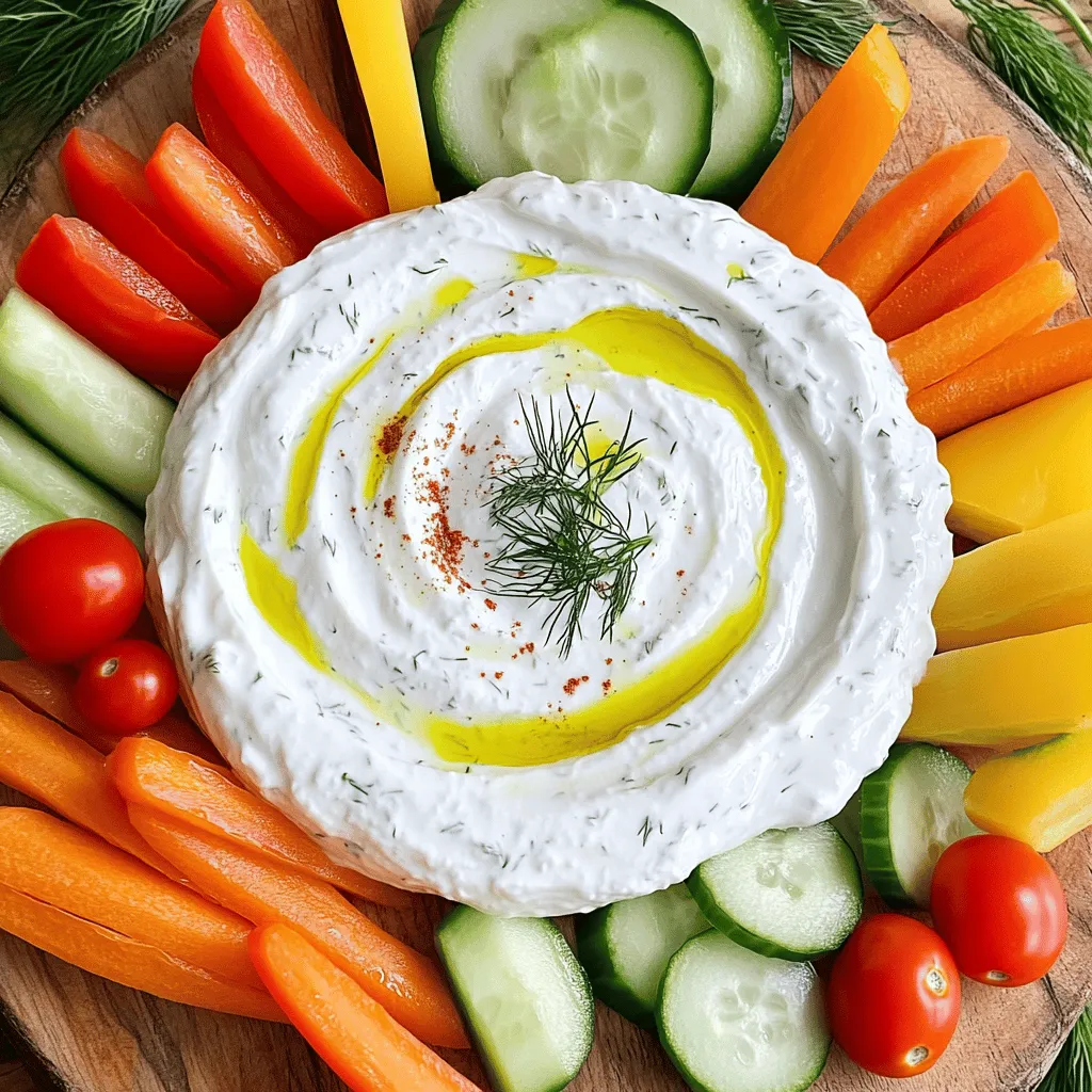 To make the Zesty Greek Yogurt Dip, you need these main items: - 2 cups Greek yogurt (plain) - 1 tablespoon olive oil - 1 tablespoon lemon juice - 1 teaspoon lemon zest - 1 teaspoon fresh dill, chopped (or ½ teaspoon dried) - 1 teaspoon garlic powder - ½ teaspoon salt - ½ teaspoon black pepper - ½ teaspoon smoked paprika These ingredients create a creamy dip with a bright flavor. The Greek yogurt gives it a thick texture. Olive oil adds richness, while lemon juice and zest bring a fresh zing. Dill and garlic powder provide herbal and savory notes. For a fun and colorful platter, I suggest adding fresh vegetables and pita bread. Here are some great choices: - Carrot sticks - Cucumber slices - Cherry tomatoes - Bell pepper strips - Pita bread or pita chips These options not only look beautiful but also add crunch. They pair well with the creamy dip. You can mix and match to suit your taste or your guests' preferences. Using fresh herbs, like dill, makes a big difference. Fresh herbs have a stronger flavor than dried ones. If you can't find fresh dill, dried will work, but use less. This dip can easily adjust to your taste, so feel free to change any ingredient. More lemon juice gives it a zesty kick. If you want heat, add a pinch of cayenne pepper. This dip is quick to make, taking just 10 minutes. You can find the Full Recipe above. Enjoy your zesty treat! To start, grab a medium bowl. Add 2 cups of plain Greek yogurt. Then, mix in 1 tablespoon of olive oil, 1 tablespoon of lemon juice, and 1 teaspoon of lemon zest. Stir these ingredients well until they blend smoothly. Next, add 1 teaspoon of chopped fresh dill, 1 teaspoon of garlic powder, ½ teaspoon of salt, ½ teaspoon of black pepper, and ½ teaspoon of smoked paprika. Mix it all together until the dip is creamy and delicious. After mixing, taste your dip. If it needs more zing, add a bit more lemon juice. For a smokier flavor, sprinkle in more smoked paprika. You can also play around with the dill. If you want a stronger herb taste, add a touch more chopped dill. Just keep tasting until it fits your flavor preference. For a stunning display, use a large platter or a rustic wooden board. Place the dip in the center. Arrange colorful fresh vegetables like carrot sticks, cucumber slices, cherry tomatoes, and bell pepper strips around the dip. This makes the platter inviting and fun. You might even add toothpicks for easy dipping. If you like, drizzle a little extra olive oil on top of the dip and sprinkle more dill or smoked paprika as a garnish. This adds a nice touch! Enjoy this zesty Greek yogurt dip platter at your next gathering—it’s sure to be a hit! For the complete recipe, check out the Full Recipe section. For the best texture, use full-fat Greek yogurt. It gives a rich, creamy taste. Mix the yogurt with olive oil and lemon juice. This helps the dip stay smooth. Stir well until everything blends. If you want it creamier, add a bit more yogurt. Serve the dip cold for the best flavor. Chill it in the fridge for at least 30 minutes. This lets the flavors mix well. If you’re in a hurry, just a quick chill in the freezer for 10 minutes works too. The cold dip pairs well with fresh veggies. One common mistake is not seasoning enough. Taste as you go and add more salt or spices if needed. Don’t skip the lemon zest; it adds brightness. Also, avoid over-mixing the dip. You want it creamy, not watery. Lastly, make sure to arrange the veggies nicely. A pretty platter makes the dip more inviting. Remember, you can find the [Full Recipe](#) for a detailed guide. {{image_2}} You can spice up your Zesty Greek yogurt dip in many ways. Want some heat? Add diced jalapeños or a dash of cayenne pepper for a kick. For a fresh taste, mix in some chopped mint or basil. You can also try a smoky flavor by using chipotle peppers. Each change adds a new twist to the dip, making it fun and exciting. I love to serve this dip with fresh veggies. Carrots, cucumbers, and bell peppers are great choices. Try using radishes or snap peas for a crunchy twist. You can also serve it with pita chips or whole-grain crackers. For a heartier option, add slices of whole-grain bread. This way, everyone finds something they enjoy! If you want a vegan dip, swap the Greek yogurt for a plant-based yogurt. Look for one made from almond or coconut to keep it creamy. For a low-fat option, use non-fat Greek yogurt. This still gives you that rich taste without the extra calories. You can easily adjust the recipe to fit any diet you choose. For the full recipe, check out the Zesty Greek Yogurt Dip Platter! To keep your Zesty Greek Yogurt Dip fresh, store it in an airtight container. Make sure to seal it tightly. This prevents air from getting in and keeps the dip creamy. If you have extra vegetables, store them separately. They will stay crisp longer that way. When stored properly, your dip lasts up to five days in the fridge. After that, check for any signs of spoilage. If it smells off or looks strange, it’s best to toss it. Always trust your senses when it comes to food safety. You don’t need to heat the dip, but you may want to refresh it. If it seems thick after refrigeration, stir in a bit of olive oil or lemon juice. This will bring back its smooth texture. Taste it again to ensure the flavor remains vibrant. If it feels flat, add a pinch of salt or a squeeze of lemon juice for a boost. This Zesty Greek Yogurt Dip is a delight, and knowing how to store it helps you enjoy every bite. For the complete recipe, check the Full Recipe. The best Greek yogurt for this dip is plain, full-fat yogurt. It gives the dip a rich and creamy texture. You can also use low-fat yogurt if you prefer. Just avoid flavored yogurts; they can change the taste of the dip. Yes, you can make this dip ahead of time. It tastes even better after chilling. Just cover it and store it in the fridge for up to two days. This allows the flavors to mix well. Before serving, stir the dip and check the flavor. You might want to add more lemon juice or spices to freshen it up. You can serve a variety of items with this dip. Fresh vegetables are a great choice. Try carrot sticks, cucumber slices, and bell pepper strips. Pita bread and pita chips also pair well. For a fun twist, add some crackers or toasted bread. This makes your platter colorful and appealing. Feel free to mix and match based on your taste! For the full recipe, check out the earlier section. This blog post covered how to make a delicious Zesty Greek Yogurt Dip. You learned about key ingredients and how to prepare and present it beautifully. I shared tips for achieving creaminess and common mistakes to avoid. There are fun variations to try, plus storage tips for leftovers. Now you have the tools to create a tasty dip that impresses. Enjoy experimenting with flavors and serving options. Your dip will be a hit at any gathering!