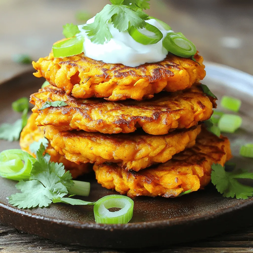 To make gluten-free sweet potato fritters, you need a few key items. Here’s what you’ll need: - 2 medium sweet potatoes, peeled and grated - 1/2 cup gluten-free all-purpose flour - 1/4 cup cornmeal - 1/4 cup green onions, finely chopped - 2 large eggs - 1 teaspoon garlic powder - 1 teaspoon smoked paprika - Salt and pepper to taste - Olive oil, for frying These ingredients make a base that is both tasty and easy to work with. The sweet potatoes give the fritters a nice natural sweetness. The flour and cornmeal help bind everything together. You can enhance the flavor with some optional ingredients. Here are a few suggestions: - 1/4 cup fresh cilantro, chopped - 1/2 teaspoon cayenne pepper for heat - 1/2 cup shredded cheese for creaminess Adding cilantro gives a fresh taste that really brightens the dish. If you like spice, cayenne pepper adds a nice kick. Cheese can make the fritters extra rich and gooey. Using the right tools makes cooking easier. Here’s what I recommend: - A large mixing bowl - A non-stick skillet - A grater for sweet potatoes - A spatula for flipping These tools help you mix and cook the fritters well. A non-stick skillet is key; it prevents sticking and helps achieve that perfect golden color. For the full recipe, you can check my detailed instructions. To start, take 2 medium sweet potatoes. Peel them and then grate them into fine shreds. Next, boil the grated sweet potatoes in a pot of salted water. Cook them for about 5 to 7 minutes, just until they become tender. Drain the sweet potatoes and let them cool for a bit. This step is key. It helps to soften the sweet potatoes and makes them easier to mix. In a large bowl, combine the grated sweet potatoes with the following ingredients: - 1/2 cup gluten-free all-purpose flour - 1/4 cup cornmeal - 1/4 cup finely chopped green onions - 2 large eggs - 1 teaspoon garlic powder - 1 teaspoon smoked paprika - Salt and pepper to taste - 1/4 cup fresh cilantro, chopped (optional) Mix everything well until you get a thick batter that holds together. The green onions add a nice crunch, while the garlic powder and smoked paprika give a rich flavor. If you love cilantro, fold it in for an extra layer of taste. Now it’s time to fry! Heat a good amount of olive oil in a non-stick skillet over medium heat. Once the oil is hot, scoop about 2 tablespoons of the fritter mixture and form it into a patty. Carefully place the patty into the hot oil. Repeat with more patties, but avoid crowding the pan. Fry each fritter for about 4 minutes on each side. You want them golden brown and crispy. If needed, add more oil for later batches. Once cooked, transfer the fritters to a plate lined with paper towels to soak up any excess oil. Serve these warm for the best taste! For the full recipe, check out the detailed instructions. To make your fritters crispy, you need the right oil and heat. Use a good amount of olive oil in the pan. Heat the oil until it shimmers before adding the fritters. This helps them fry evenly. Make sure not to overcrowd the pan. Cook in batches to let them breathe. Flip them only once for a golden crust. One mistake is using too much moisture. If your sweet potatoes are too wet, the fritters won’t hold together. After boiling, let them cool and drain well. Another mistake is not forming them tightly. Make sure to pack the fritter mixture well. This helps them stay intact while frying. Serve these fritters warm for the best taste. They pair well with Greek yogurt or avocado sauce. You can also try a spicy salsa for a kick. For a fun twist, serve them with a mango chutney. Adding fresh herbs like cilantro or green onions on top makes them look great too. Check out the Full Recipe for more ideas! {{image_2}} You can make sweet potato fritters vegan with easy swaps. Instead of eggs, use a flaxseed meal. Mix 1 tablespoon of flaxseed with 3 tablespoons of water. Let it sit for a few minutes until it thickens. This will bind the ingredients like eggs do. You can also skip the cornmeal for a lighter fritter. Herbs and spices can change the taste of your fritters. Try adding fresh basil or parsley for a different flavor. You can also use cumin or coriander for a warm kick. If you want more heat, add some cayenne pepper. Just a pinch will do! Mixing different herbs is fun and makes each batch unique. Want to make your fritters even better? You can add ingredients for extra crunch. Chopped nuts, like walnuts or pecans, work great. You can also add cooked quinoa for a chewy texture. Grated zucchini adds moisture but makes the fritters lighter. Just remember to squeeze out extra water from the zucchini before mixing. For the full recipe, check out the details above. Enjoy your cooking! Store leftover fritters in an airtight container. Keep them in the fridge for up to three days. Let them cool completely before placing them in the container. This helps prevent sogginess. To reheat fritters, use a skillet. Heat a little olive oil over medium heat. Place fritters in the pan and cook for about two minutes on each side. This keeps them crispy. You can also use an oven. Preheat it to 350°F (175°C) and bake for about 10 minutes. This method warms them without making them greasy. You can freeze fritters to enjoy later. First, let them cool completely. Place them in a single layer on a baking sheet. Freeze for about one hour until firm. Then, transfer them to a freezer bag. They can stay frozen for up to three months. When ready to eat, reheat them straight from the freezer in the oven or skillet. This keeps their great taste and texture. For the full recipe, refer to the beginning of the article. No, you cannot use regular flour. Regular flour contains gluten, which can cause issues for those with gluten sensitivities. Gluten-free flour blends work well because they mimic the texture of regular flour. They help bind the fritters without the gluten. I recommend using a good quality gluten-free all-purpose flour for the best results. You can tell the fritters are done when they turn golden brown on both sides. Each side should take about four minutes to cook. Look for a crispy texture. If you gently press on the fritters, they should feel firm and not mushy. This means the inside is cooked and not wet. Sweet potato fritters taste great with a variety of dips and sides. You can serve them with Greek yogurt or a creamy avocado sauce. A sprinkle of fresh cilantro and green onions adds a nice touch. They also pair well with a fresh salad or steamed veggies for a complete meal. For the full recipe, check the section above. To wrap up, we explored the tasty world of gluten-free sweet potato fritters. You learned about the key ingredients, important tools, and step-by-step instructions. The tips helped you avoid common mistakes while making your fritters crispy and delicious. We also shared fun variations to brighten up your dish and easy storage options for leftovers. If you follow this guide, you will enjoy these fritters anytime. Happy cooking!