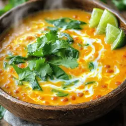- 1 cup red lentils, rinsed and drained - 1 can (14 oz) coconut milk - 4 cups vegetable broth - 1 tablespoon coconut oil - 1 onion, diced - 3 garlic cloves, minced - 1 tablespoon ginger, grated - 2 tablespoons red curry paste - 1 teaspoon turmeric powder - 1 teaspoon cumin powder - 1 tablespoon soy sauce or tamari - Salt and pepper to taste - 1 cup spinach, roughly chopped - 1 lime, juiced - Fresh cilantro, for garnish Coconut curry lentil soup is a warm hug in a bowl. It combines many flavors and textures. You start with red lentils, which are soft and creamy. Coconut milk adds a rich, sweet taste. Vegetable broth keeps it light and fresh. For the base, I use coconut oil. It adds a hint of sweetness. The diced onion brings a nice crunch. Minced garlic and grated ginger add a lovely aroma. Together, they create a fragrant foundation for the soup. Spices make this soup sing. Red curry paste gives it heat and color. Turmeric adds a warm earthiness. Cumin brings depth and warmth. A splash of soy sauce or tamari makes it savory. Don't forget to season with salt and pepper to bring out all the flavors. At the end, fresh spinach adds color and nutrition. A squeeze of lime juice brightens up the soup. Garnishing with fresh cilantro adds a pop of freshness. This soup is not only tasty but also good for you. For the full recipe, check out the details I provided earlier. You will enjoy making this soup as much as you love eating it! - Heat 1 tablespoon of coconut oil in a large pot over medium heat. - Add 1 diced onion and sauté for about 5 minutes until it turns translucent. - Next, stir in 3 minced garlic cloves and 1 tablespoon of grated ginger. Cook for 1-2 minutes until fragrant. - Stir in 2 tablespoons of red curry paste, 1 teaspoon of turmeric, and 1 teaspoon of cumin. - Pour in 4 cups of vegetable broth and 1 can of coconut milk, mixing well to combine everything. - Add 1 cup of rinsed lentils to the pot, then bring the mixture to a simmer. - Reduce the heat and let it simmer for about 20-25 minutes until the lentils become tender. Stir occasionally to prevent sticking. - Stir in 1 tablespoon of soy sauce, 1 cup of roughly chopped spinach, and the juice of 1 lime. - Season with salt and pepper to taste. Adjust the spice level by adding more curry paste if you like it hot. For the full recipe, check out the [Full Recipe]. To cook lentils just right, rinse them well before use. This helps remove dust and improves taste. Use red lentils for a creamy texture that blends smoothly. Cook them in broth for added flavor. To avoid mushiness, watch the cooking time. Simmer gently and stir often to prevent sticking. If you see the lentils start to break apart, reduce the heat. This keeps them tender but not mushy. Adding spices can make your soup shine. Try a pinch of cayenne for heat or some coriander for a fresh taste. Fresh herbs like basil and mint can add brightness. If you like crunch, top your soup with toasted coconut or cashews. A dollop of yogurt can add creaminess and a tangy touch. You can sprinkle lime zest on top for extra zing. For a beautiful presentation, ladle the soup into bowls with a sprinkle of cilantro on top. Place lime wedges on the side for guests to squeeze in. This adds color and makes the dish pop. Serve with crusty bread or a side salad for a complete meal. Rice or quinoa also pairs well, adding heartiness to your soup. You can even offer a side of naan for a fun twist. {{image_2}} This soup is easy to adjust for different diets. It’s naturally vegan and gluten-free. You can use vegetable broth for a lighter flavor. If you need it to be nut-free, skip the coconut milk. You can replace it with oat or soy milk. For lower calories, try using less coconut milk. Adding more veggies can boost nutrition. Try adding carrots, bell peppers, or sweet potatoes. They add color and taste. You can also use different curry pastes. Green curry paste gives a fresh, bright flavor. Yellow curry paste offers a milder taste. Experiment to find your favorite mix! You can make this soup in a slow cooker. Just sauté the onion, garlic, and ginger first. Then, add all ingredients to the slow cooker. Cook on low for 6-8 hours or high for 3-4 hours. This method helps the flavors blend well. If you're short on time, use an Instant Pot. Sauté the onion, garlic, and ginger, then add the rest. Cook on high pressure for 10 minutes. Quick and easy! You will have a warm, tasty soup in no time. For the full recipe, check the earlier section. To keep your coconut curry lentil soup fresh, follow these steps: - Let the soup cool completely before storing. - Use airtight containers to prevent spills and odors. - Glass containers work well, as they are easy to clean. - Label each container with the date for easy tracking. Freezing this soup is simple and effective. - Pour cooled soup into freezer-safe containers. - Leave some space at the top, as soup expands when frozen. - Seal the containers tightly and label them. To thaw, place the soup in the fridge overnight. Reheat on the stove over low heat for best results. - Stir occasionally to avoid hot spots. - Add a splash of broth if the soup seems too thick. Your coconut curry lentil soup can last: - In the fridge: 4 to 5 days. - In the freezer: up to 3 months. Check for signs of spoilage before eating. - Look for off smells or changes in color. - If the soup tastes sour or strange, discard it. Keeping these tips in mind will help you enjoy your delicious soup later! For the full recipe, visit the original source. Making Coconut Curry Lentil Soup takes about 35 minutes total. Here’s the breakdown: - Prep time: 10 minutes - Cook time: 25 minutes Yes, you can use dried lentils! Just rinse and soak them first. Cook them for about 20-25 minutes until they are soft. Adjust the broth as needed and keep an eye on the cooking time. Dried lentils add a nice texture and flavor. I love pairing this soup with simple sides. Here are some ideas: - Crusty bread for dipping - Steamed rice or quinoa - A fresh green salad with lemon dressing - Naan bread for a fun twist The spice level comes mainly from the red curry paste. If you prefer it milder, start with less paste. You can always add more later. Taste as you go! If you like heat, try adding more curry paste or fresh chili. Adjust it to fit your taste. For the full recipe, check out the [Full Recipe]. This coconut curry lentil soup is easy to make and packed with flavor. We started with basic ingredients like red lentils and coconut milk. Then, we added aromatics and spices to enhance the taste. I shared tips on achieving the right texture and flavor, plus how to store leftovers. Final thoughts: This soup is versatile. You can tweak it to fit your needs. Enjoy your cooking adventure!