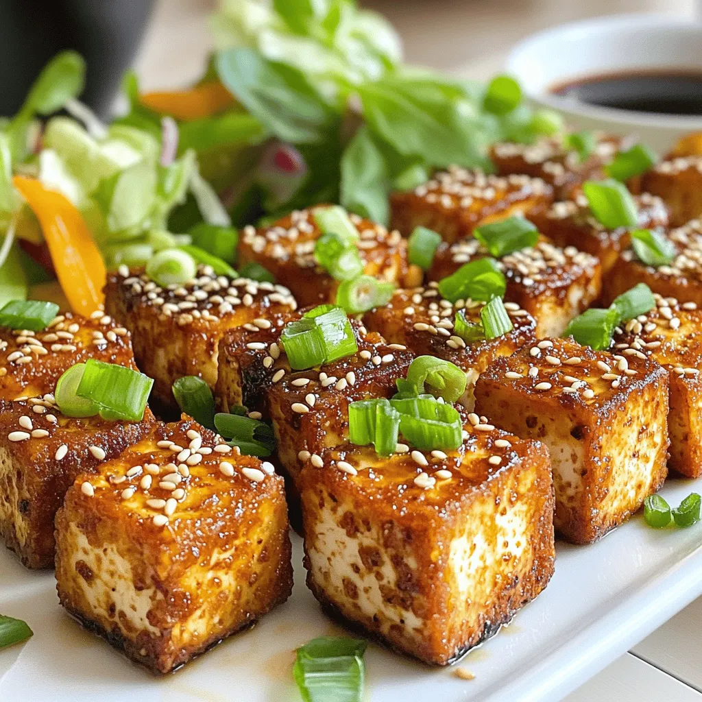 To make crispy air fryer tofu, gather these key items: - 1 block (14 oz) firm tofu, drained and pressed - 2 tablespoons cornstarch - 2 tablespoons soy sauce (or tamari for gluten-free) - 1 tablespoon sesame oil - 1 teaspoon garlic powder - 1 teaspoon ginger powder - 1/2 teaspoon black pepper These ingredients form the base for your tofu dish. Firm tofu works best because it holds its shape. Pressing it is key to remove excess moisture, which helps create that crispy texture. To elevate your tofu, consider these garnishes: - 1 tablespoon sesame seeds (optional for garnish) - Green onions, sliced (for garnish) These add flavor and a nice crunch. The sesame seeds give a nutty touch, while green onions brighten the dish. You can always get creative with your garnishes! If you have dietary needs, don't worry! You can substitute ingredients: - Use tamari instead of soy sauce for gluten-free. - Swap sesame oil with olive oil for a lighter flavor. These substitutions keep the dish tasty while meeting your needs. Always remember, cooking is about adapting to suit you! If you're curious about the full recipe, check it out [here](#). To start, you need to prepare the tofu. First, drain the tofu and press it. This step helps remove excess moisture. You want the tofu to be firm and dry. Cut the pressed tofu into bite-sized cubes, about one inch each. This size helps them cook evenly and get crispy. Next, it's time to marinate the tofu. In a large mixing bowl, mix the soy sauce, sesame oil, garlic powder, ginger powder, and black pepper. Stir until everything is well combined. Add the tofu cubes to the bowl and gently toss them. Make sure each piece is coated in the marinade. Let the tofu marinate for at least 15 minutes. This wait gives the tofu great flavor. After marinating, it’s time to cook. Sprinkle the cornstarch over the tofu cubes. Carefully toss them to coat evenly. This coating helps create that crispy texture we all love. Preheat your air fryer to 400°F (200°C) for about 5 minutes. Once it’s hot, place the tofu cubes in a single layer in the air fryer basket. Avoid overcrowding; this helps them cook well. You might need to do this in batches, depending on your air fryer size. Air fry the tofu for 15 to 18 minutes. Shake the basket halfway through for even cooking. When done, the tofu should be golden brown and crispy. Take the crispy tofu out of the air fryer and put it on a serving platter. Garnish with sesame seeds and sliced green onions before serving. This dish is not just tasty; it looks great too! For the full recipe, check the details above. To get your tofu super crispy, follow these steps: - Choose firm tofu: Firm tofu holds its shape well. - Press it: Remove water by pressing the tofu. This helps it crisp up better. - Coat with cornstarch: This is key for that crunchy exterior. - Don’t overcrowd the air fryer: Give each piece space to cook. This allows hot air to circulate. Here are some mistakes to watch out for: - Skipping the pressing step: Wet tofu won’t crisp up well. - Not marinating long enough: Letting it sit for at least 15 minutes boosts flavor. - Overcrowding the basket: This leads to uneven cooking and soggy tofu. You can enjoy crispy tofu in many ways: - On a salad: Add it to a fresh salad for extra crunch. - With rice: Serve over steamed rice for a hearty meal. - With sauces: Try dipping in soy sauce, sriracha, or your favorite sauce. - As a snack: Enjoy it plain or with a sprinkle of sesame seeds. These tips will help you make the best crispy air fryer tofu. For the full recipe, check out the details above! {{image_2}} You can easily change the taste of your crispy air fryer tofu. Try adding spices like paprika or cayenne for some heat. A pinch of smoked paprika gives it a nice smokey flavor. You can also use herbs like thyme or oregano to elevate the taste. Experiment with these spices to find what you love best. Sauces are a great way to add flavor. Soy sauce is classic, but you can try teriyaki or sweet chili sauce for a twist. Peanut sauce adds creaminess and a nutty flavor. If you want something tangy, mix soy sauce with lime juice. Each sauce can bring a new life to your crispy tofu dish. While the air fryer is great, you can also bake or pan-fry tofu. To bake, place the tofu on a lined baking sheet and cook at 400°F for 25-30 minutes. Flip halfway for even crispiness. For pan-frying, heat oil in a skillet and fry until golden on all sides. Each method offers different textures and flavors, so don’t hesitate to try them all. For a full recipe, check out my Crispy Air Fryer Tofu Delight. To keep leftover tofu fresh, place it in an airtight container. Add a bit of water to cover the tofu. This helps keep it moist. Store it in the fridge. It can last for up to three days. Remember to change the water daily to keep it fresh. To reheat the tofu, use the air fryer again. Set it to 350°F (175°C). Heat the tofu for about 5-7 minutes. This will help it regain its crispy texture. If you don’t have an air fryer, you can also use a skillet. Heat it on medium and toss the tofu until warm. Freezing crispy tofu is not the best idea. When thawed, it tends to lose its crunch. However, you can freeze uncooked marinated tofu. Just make sure to press it and coat it with cornstarch first. When you're ready to eat, cook it right from frozen in the air fryer. This way, you can enjoy that crispy texture again. For the complete cooking details, refer to the Full Recipe. It takes about 15 to 18 minutes to cook tofu in an air fryer. Preheat the air fryer to 400°F. Arrange the tofu in a single layer. Shake the basket halfway through so it cooks evenly. The tofu should turn golden and crispy. Using soft tofu is not recommended for this recipe. Firm tofu holds its shape better when cooked. Soft tofu breaks apart too easily. If you want a crispy texture, always use firm tofu. It absorbs flavors well and stays intact during cooking. Several sauces pair well with crispy tofu. Here are some of my favorites: - Soy sauce or tamari for a salty kick - Sweet chili sauce for a hint of sweetness - Teriyaki sauce for a rich flavor - Peanut sauce for a nutty taste - Sriracha for those who love heat Each sauce adds its own twist to the crispy tofu. Feel free to experiment and find your favorite! For the full recipe, refer to the earlier sections of this article. This blog post covered everything you need for crispy air fryer tofu. We explored key ingredients, step-by-step cooking, and helpful tips. You now know how to add flavors and avoid common mistakes. You also learned how to store and reheat leftovers. In the end, crispy tofu is tasty and easy to make. Enjoy experimenting with flavors and techniques!