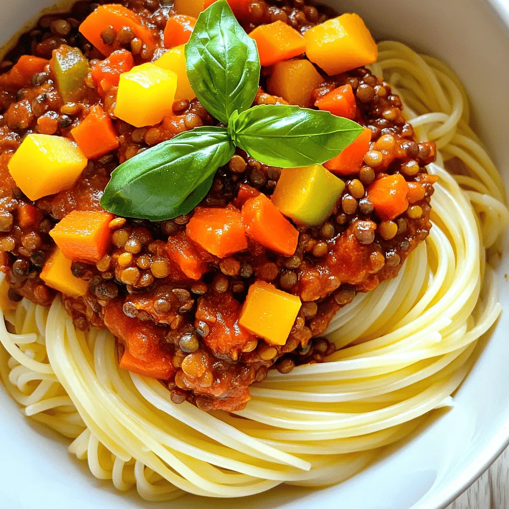 To make this tasty Vegan Lentil Bolognese, gather these ingredients: - 1 cup green or brown lentils, rinsed and drained - 2 tablespoons olive oil - 1 medium onion, finely chopped - 3 cloves garlic, minced - 2 medium carrots, diced - 2 celery stalks, diced - 1 bell pepper (any color), diced - 1 can (14 oz) crushed tomatoes - 2 tablespoons tomato paste - 1 teaspoon dried oregano - 1 teaspoon dried basil - 1/2 teaspoon red pepper flakes (adjust for spice) - 2 cups vegetable broth - Salt and pepper to taste - Fresh basil leaves for garnish - Cooked pasta of your choice (for serving) Lentils are a great source of protein and fiber. They help keep you full and satisfied. Olive oil provides healthy fats that support heart health. Onions and garlic add flavor and provide antioxidants. Carrots and bell peppers are rich in vitamins A and C. This dish is packed with nutrients and is good for your body. You can change some ingredients to fit your taste. Use red lentils for a quicker cook time. Swap olive oil for avocado oil for a different flavor. If you don’t have fresh vegetables, use frozen ones. For added protein, mix in some chopped mushrooms or walnuts. You can also use zoodles or quinoa instead of pasta for a low-carb option. Each change can give you a unique taste! To make Vegan Lentil Bolognese, follow these steps: 1. Cook the Lentils: In a medium saucepan, add 1 cup of rinsed lentils and 3 cups of water. Bring it to a boil. Reduce the heat and let it simmer for 20-25 minutes. The lentils should be tender when done. Drain them and set aside. 2. Sauté the Aromatics: In a large skillet, heat 2 tablespoons of olive oil over medium heat. Add 1 medium chopped onion and 3 minced garlic cloves. Sauté for about 3-4 minutes until the onion turns translucent. 3. Add Vegetables: Toss in 2 diced carrots, 2 diced celery stalks, and 1 diced bell pepper. Cook for 5-7 minutes. Stir them occasionally until they soften. 4. Mix in Tomatoes and Spices: Add 1 can of crushed tomatoes, 2 tablespoons of tomato paste, 1 teaspoon of dried oregano, 1 teaspoon of dried basil, and 1/2 teaspoon of red pepper flakes. Stir well to combine all the ingredients. 5. Combine with Lentils: Pour in 2 cups of vegetable broth and add the cooked lentils. Stir everything together and bring the mixture to a gentle simmer. 6. Simmer the Sauce: Let the sauce simmer uncovered for 20-25 minutes. This will help it thicken. Stir occasionally and season with salt and pepper to taste. 7. Cook the Pasta: While the sauce simmers, cook your pasta according to the package instructions. Once done, drain the pasta and set it aside. 8. Serve and Garnish: Plate the pasta in a deep bowl. Pour the lentil bolognese sauce on top. Finish with fresh basil leaves for added flavor and color. - Rinse Before Cooking: Always rinse lentils before cooking. This helps remove dirt and debris. - Use Enough Liquid: When cooking lentils, ensure you use enough water or broth. This helps them cook evenly. - Check for Doneness: Taste a few lentils towards the end of cooking. They should be soft but not mushy. You can use various pasta types for this dish. Here are some great options: - Spaghetti - Fettuccine - Penne - Fusilli Each type of pasta holds the sauce well and brings its own twist to the meal. Enjoy your Vegan Lentil Bolognese with your favorite pasta! For the full recipe, check the complete instructions above. To boost the taste of your Vegan Lentil Bolognese, focus on layering flavors. Start with a good sauté of onions and garlic. This base adds depth. - Add a splash of red wine for a rich flavor. - Use fresh herbs if possible. They make a big difference. - A hint of soy sauce or balsamic vinegar can add umami. Taste as you cook. Adjust salt and spices to your liking. Each batch can be unique! Lentils are simple to cook, but some mistakes can affect texture and taste. Here are common pitfalls: - Not rinsing lentils: Always rinse them to remove dust and debris. - Overcooking: Keep an eye on them. They should be tender but not mushy. - Skipping seasoning: Don’t forget to season your lentils while cooking. Pay attention to these tips. They help create a better dish. Garnishing adds a nice touch to your Vegan Lentil Bolognese. Here are some ideas: - Use fresh basil leaves for a pop of color and flavor. - A sprinkle of nutritional yeast gives a cheesy taste. - Add a drizzle of olive oil for a glossy finish. Presentation matters! Serve the dish in a deep bowl for a cozy feel. Check the [Full Recipe] for more details on the cooking process. {{image_2}} You can mix in many different veggies to your Vegan Lentil Bolognese. Here are some great options: - Zucchini: Dice it small and add it with the carrots. - Mushrooms: Use sliced mushrooms for a hearty texture. - Spinach: Stir in fresh spinach towards the end for color and nutrients. - Eggplant: Cube it and sauté with the other veggies for a rich taste. These additions make your dish colorful and boost the flavor. Changing up your herbs and spices can create a new taste. Here are some ideas: - Thyme: This herb adds a warm, earthy note. - Rosemary: A little goes a long way for a strong flavor. - Cumin: For a hint of warmth, add a teaspoon or two. - Smoked paprika: This brings a subtle, smoky flavor to your sauce. These options let you customize your Lentil Bolognese to fit your taste. To make Vegan Lentil Bolognese gluten-free, change your pasta. Look for these alternatives: - Rice pasta: It cooks like regular pasta and tastes great. - Zoodles: Spiralized zucchini adds a fun twist. - Quinoa: This grain is a protein-packed base that works well. These swaps ensure everyone can enjoy this tasty dish without gluten. For the full recipe, check out the complete guide. To store your Vegan Lentil Bolognese, first let it cool. Place the sauce in an airtight container. Make sure to use a container that fits your leftovers nicely. This helps keep the flavors fresh. Store it in the fridge for up to five days. Freezing is a great option for this dish. After cooling, pour the lentil bolognese into freezer-safe bags or containers. Remove as much air as possible to prevent freezer burn. Label the bags with the date. You can freeze it for up to three months. When you’re ready to enjoy, just thaw it in the fridge overnight. When it’s time to reheat, use a pot on the stove for the best results. Add a splash of vegetable broth or water to keep it moist. Heat it on medium-low, stirring gently. If using a microwave, cover the container with a lid or microwave-safe wrap. Heat on medium power, stirring every minute until hot. This way, you keep all the great flavors intact. Yes, Vegan Lentil Bolognese is great for meal prep. It keeps well in the fridge for up to five days. Simply store it in an airtight container. You can also freeze it for up to three months. Just let it cool before freezing. When you are ready to eat, thaw it overnight in the fridge. Heat it on the stove or in the microwave. This makes weeknight dinners easy. Lentils are a powerhouse of nutrition. They are high in protein, fiber, and essential minerals. One cup of cooked lentils has about 18 grams of protein. In contrast, a serving of ground beef has about 22 grams. Lentils also have less saturated fat and no cholesterol. This makes them heart-healthy. They are also rich in iron, which is key for energy. Plus, lentils provide a good source of folate, important for cell function. To spice up your Vegan Lentil Bolognese, add more red pepper flakes. You can also try diced jalapeños or a dash of hot sauce. For a smoky flavor, add smoked paprika. If you want a deep heat, add cayenne pepper. Be sure to taste as you go. This way, you can find the perfect spice level for you. Enjoy the heat in every bite! In this article, we covered how to make Vegan Lentil Bolognese, from ingredients to storage. We explored key ingredients, their health benefits, and tips for customizing your dish. I shared step-by-step instructions to create a flavorful sauce and provided cooking tips to get the best results. Remember, enhancing flavors and knowing common mistakes helps you succeed. You can try different veggies or spices for variety. This dish is easy to prepare, store, and reheat, making it perfect for meal prep. Enjoy your cooking journey!