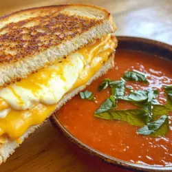 - 4 slices sourdough bread - 4 slices aged cheddar cheese - 2 slices fresh mozzarella cheese For the best grilled cheese, I love using sourdough bread. It adds a nice crunch. Aged cheddar cheese gives rich, bold flavor. The fresh mozzarella melts beautifully, making each bite creamy. - 1 cup cherry tomatoes, halved - 1 small onion, diced - 2 cloves garlic, minced For the soup, cherry tomatoes bring natural sweetness. Onions add depth, while garlic gives a nice kick. Together, they create a bright, tasty base. - 1 cup vegetable broth - 1/2 cup fresh basil leaves, chopped - 1 teaspoon red pepper flakes - 2 tablespoons butter - Salt and pepper to taste Vegetable broth adds richness without being heavy. Fresh basil adds a lovely green note. Red pepper flakes give a touch of heat. Butter keeps everything smooth and tasty. Season with salt and pepper to make the flavors pop. To see how to combine these ingredients into a delicious meal, check out the Full Recipe. To start, heat a pot on medium heat. Add a splash of olive oil. Toss in the diced onion and cook it until it turns soft and clear, about 5 minutes. Next, add the minced garlic. Cook for another minute. You want it to smell great! Now, mix in the halved cherry tomatoes and the vegetable broth. Sprinkle in the red pepper flakes for a kick. Let it simmer for 15 minutes. This helps all the flavors blend well. After simmering, use a blender to make the soup smooth. Be careful; it’s hot! Once blended, stir in the chopped basil. Finish by seasoning with salt and pepper to your taste. This will bring your soup to life. Grab a skillet and set it on medium heat. Add butter to the pan. While it melts, butter one side of each slice of sourdough bread. Make sure to cover it well. On the unbuttered side of two slices, stack aged cheddar and mozzarella cheeses. This mix creates a rich flavor. Cover with the other slices, buttered side up. Place the sandwiches in the skillet. Grill them for about 3-4 minutes on each side. You want them golden brown and the cheese melted. Keep an eye on them to avoid burning. Once done, cut the grilled cheese into triangles. Serve it hot next to a bowl of your soup. For a pretty touch, drizzle some olive oil on the soup. A sprinkle of fresh basil adds color. You can serve this dish with a simple salad or crunchy pickles. They add a nice balance to the meal. Enjoy every bite of this comforting classic! For the full recipe, check out the details. Choosing the Right Bread and Cheese Use sourdough bread for its crisp crust and chewy texture. It holds up well during grilling. Aged cheddar melts beautifully, while fresh mozzarella adds a creamy touch. Feel free to mix cheeses for more flavor. Achieving the Ideal Melt Heat your skillet over medium heat. This ensures that the bread toasts without burning. Butter the outside of the bread slices for a golden crust. Cook each side for 3-4 minutes until the cheese is gooey and warm. Flavor Variations (Spices, Herbs) Add spices like paprika or cumin for warmth. Fresh herbs like thyme or parsley can brighten the soup. For a kick, try adding a dash of hot sauce or a pinch of chili powder. Alternative Ingredients for Richness Swap vegetable broth with chicken broth for a deeper flavor. You can also add a splash of cream for a richer soup. Blending in roasted garlic or extra basil enhances the taste. Making Soup Ahead of Time You can prepare the soup a day in advance. Store it in the fridge; it tastes even better the next day. Just reheat it when you're ready to eat. Quick Grilled Cheese Tricks Use a panini press if you have one. It will toast both sides evenly and melt the cheese faster. If you're in a hurry, consider using pre-sliced cheese for quicker assembly. For the full recipe, check out the complete directions to create this simple comfort food. {{image_2}} You can keep it simple with a classic grilled cheese and tomato soup. Just use sourdough bread and your favorite cheese. This is comfort food that never fails. If you want something special, try a gourmet version. Add proteins like crispy bacon or savory ham to the sandwich. The added flavor makes it even better. If you prefer plant-based meals, there are great options. Use dairy-free cheese for your grilled cheese. Brands now offer many tasty choices that melt well. For the soup, choose a plant-based broth instead of chicken broth. This way, you still enjoy a rich flavor without any animal products. Seasonal vegetables can give your soup a fresh twist. In summer, use ripe tomatoes or zucchini. In fall, add pumpkin for a cozy feel. You can also drizzle flavored oils over the soup. A hint of garlic oil or chili oil can elevate the taste. This adds a personal touch to your bowl. For more details on creating your perfect dish, check the Full Recipe. - Best Practices for Grilled Cheese: To store grilled cheese, let it cool first. Place it in an airtight container. You can also wrap it in foil or plastic wrap. It stays fresh in the fridge for about 2-3 days. Avoid stacking sandwiches to keep them crispy. - Proper Storage for Tomato Soup: Allow the soup to cool down. Pour it into a sealed container. It will last in the fridge for up to 5 days. Make sure to label the container with the date. This helps you keep track of freshness. - Ideal Methods for Keeping Quality: For grilled cheese, reheat in a skillet over low heat. This method keeps the bread crisp. For the soup, heat it on the stove over medium-low heat. Stir often to prevent sticking. You can also microwave it in short bursts. - Tips to Avoid Soggy Sandwiches: To keep grilled cheese crispy, do not use the microwave. Instead, place it in a hot skillet. You can cover the skillet with a lid to help it heat evenly. This keeps the bread from getting soggy. - Freezing Tomato Soup: You can freeze tomato soup easily. Pour it into freezer-safe bags. Lay the bags flat in the freezer. This saves space and allows for easy thawing. It can stay good for up to 3 months. - Grilled Cheese Freezing Tips: Freezing grilled cheese is tricky but possible. First, make the sandwich and let it cool. Wrap it tightly in plastic wrap, then foil. This prevents freezer burn. When ready to eat, thaw in the fridge overnight before reheating. To make the perfect grilled cheese, focus on the cheese and bread. Use good bread, like sourdough, for a great crust. Choose aged cheddar for its rich taste. Add fresh mozzarella for creaminess. Butter the bread well for a golden finish. Grill on medium heat. This helps cheese melt evenly. Tips for Even Melting: - Use a lid on the skillet to trap heat. - Flip the sandwich slowly to avoid burning. - Press down gently with a spatula for better contact. Yes, you can make the soup ahead. This allows flavors to mix better. Once cooled, store it in an airtight container. Place it in the fridge for up to three days. How to properly store and reheat: - Reheat the soup on low heat in a pot. - Stir often to prevent sticking. - Add a splash of broth if it thickens too much. Grilled cheese and tomato soup have many fun twists. You can add extras like bacon or avocado for a twist. Try different cheeses, like pepper jack for spice. For soup, consider adding roasted red peppers or herbs for depth. Popular regional versions and twist ideas: - In the South, people add pimento cheese. - Some use spicy peppers in the soup. - Others add herbs like thyme or rosemary for freshness. Explore the full recipe to try these variations! In this blog post, we explored how to make a perfect grilled cheese and tomato basil soup. We discussed key ingredients like aged cheddar and fresh basil. You learned step-by-step instructions, tips for perfecting the dish, and fun variations. Always remember, comfort food can be simple yet delicious. So, don’t hesitate to try new twists. Enjoy serving this classic meal to friends or family. They will love it!