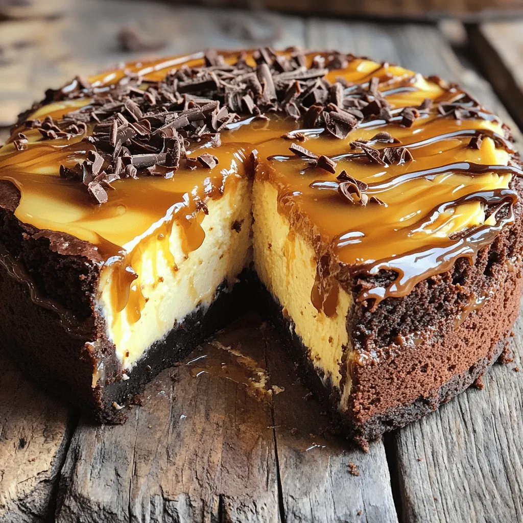 - 1 cup unsalted butter, divided (1/2 cup for brownies, 1/2 cup for cheesecake) - 1 cup granulated sugar - 1 cup brown sugar, packed - 4 large eggs - 1 teaspoon vanilla extract - 1 cup all-purpose flour - 1/2 cup cocoa powder - 1/2 teaspoon salt - 8 oz cream cheese, softened - 1/2 cup sour cream - 1/2 cup powdered sugar - 1 teaspoon vanilla extract (for cheesecake) - 1 cup caramel sauce (store-bought or homemade) - Additional chocolate shavings or caramel drizzle for topping I use standard units for my ingredients. This helps keep things simple and clear. Here’s a quick guide: - Cups: Measure dry and liquid ingredients. - Teaspoons: Use for small amounts like vanilla. - Ounces: Measure cream cheese. Using high-quality ingredients makes a difference. Here are some tips: - Choose unsalted butter for better flavor control. - Use fresh eggs; they add structure to your cheesecake. - Opt for full-fat cream cheese for a rich texture. - Select good-quality cocoa powder for intense chocolate flavor. - If possible, make your caramel sauce for a fresher taste. When you gather these ingredients, you set the stage for a delicious caramel brownie cheesecake. Check the Full Recipe for more details! First, preheat your oven to 350°F (175°C). This step is key. It ensures even baking. Grease a 9-inch springform pan with butter. Then, line the bottom with parchment paper. This helps you remove the cheesecake easily later. Next, let's make the brownie layer. In a medium saucepan, melt 1/2 cup of unsalted butter over low heat. Once melted, take it off the heat. Whisk in 1 cup of granulated sugar and 1 cup of brown sugar. Mix until smooth. Now, add in 4 large eggs one by one. Stir in 1 teaspoon of vanilla extract. In another bowl, mix together 1 cup of all-purpose flour, 1/2 cup of cocoa powder, and 1/2 teaspoon of salt. Gradually add this dry mix to the wet mix. Stir until just combined. Pour the brownie batter into the prepared springform pan and spread it evenly. Bake in your preheated oven for 20-25 minutes. Check with a toothpick; it should come out with a few moist crumbs. Let it cool slightly after baking. Now, we move on to the cheesecake layer. In a large mixing bowl, cream together 8 oz of softened cream cheese and the remaining 1/2 cup of melted butter. Mix until smooth. Gradually add in 1/2 cup of sour cream, 1/2 cup of powdered sugar, and 1 teaspoon of vanilla extract. Keep mixing until it is fully creamy and free of lumps. Once the brownie layer has cooled slightly, pour the cheesecake mixture over it. Use a spatula to spread it evenly. Drizzle half of the 1 cup of caramel sauce over the cheesecake. Use a toothpick to create swirls. This adds a nice touch. Now, return the pan to the oven. Bake at 325°F (160°C) for about 50-60 minutes. The cheesecake should be set but still slightly jiggly in the center. Turn off the oven and leave the cheesecake inside for 1 hour to cool slowly. After cooling, take it out and let it reach room temperature. Then, chill it in the refrigerator for at least 4 hours, or overnight for the best results. When ready, remove it from the springform pan and drizzle the remaining caramel sauce on top. Serve it with chocolate shavings for a beautiful finish. For the full recipe, check out the section above. To get that chewy and fudgy brownie texture, start with good quality chocolate. Use unsweetened cocoa powder and melt your butter gently. This keeps the brownies moist. Mix the sugar in well, but don’t overmix the batter. Stir just until combined. Bake until a toothpick shows a few moist crumbs. This timing is key. When making the cheesecake, soften your cream cheese well. This helps to avoid lumps. Mix on a low speed to keep it smooth. Add the sour cream slowly. This adds creaminess and richness. Remember to scrape the bowl often. This ensures even mixing. Bake at the right temperature for the best results. To prevent cracks, bake your cheesecake in a water bath. This creates steam and helps with even cooking. Also, let your cheesecake cool slowly in the oven after baking. This gradual cooling reduces the risk of cracks. Keep the door closed while it cools. Finally, chill the cheesecake in the fridge for at least four hours. This helps it set perfectly. For the full recipe, check the main section. Enjoy your baking! {{image_2}} You can make your caramel brownie cheesecake even more special. Try adding nuts like walnuts or pecans. Chop them up and mix them into the brownie layer before baking. This adds a nice crunch. You can also sprinkle chocolate chips into the brownie mix. They melt and create pockets of gooey chocolate. Both options are simple and tasty. Want to change the flavor? You can! Try adding hazelnut or coffee to the cheesecake layer. For hazelnut, use hazelnut extract instead of vanilla. If you love coffee, mix in instant coffee granules. Just a little will give a nice kick to the cheesecake. These flavors blend well with the caramel and chocolate. If you need a gluten-free dessert, it’s easy to adapt this recipe. Use gluten-free flour instead of all-purpose flour for the brownie base. Many brands make good gluten-free blends. You can also use almond flour for a nutty taste. Just make sure to check your baking powder, as some may contain gluten. This way, everyone can enjoy this delicious treat. For the full recipe, check the section above. After you enjoy your caramel brownie cheesecake, store leftovers in the fridge. Use an airtight container to keep it fresh. This cheesecake stays tasty for up to five days. If you notice any browning on the edges, it's still safe to eat. Just slice it off before serving. You can freeze this cheesecake! First, let it cool completely. Wrap it tightly in plastic wrap. Then, place it in a freezer-safe bag or container. It can last up to three months in the freezer. To serve, thaw it in the fridge overnight. Enjoy it chilled for the best taste. When you're ready to serve, take the cheesecake out of the fridge or freezer. If it's cold, let it sit for fifteen minutes at room temperature. This helps the flavors pop. Drizzle extra caramel sauce on top and add chocolate shavings. This makes each slice look and taste amazing. Check out the full recipe to see how to make this delicious treat again! Yes, you can use another pan size. If you use a larger pan, the cheesecake may bake faster. If you use a smaller pan, it may take longer to cook. Always check for doneness with a toothpick. You can use mascarpone or ricotta cheese instead of cream cheese. These options will change the taste and texture slightly. You can also try vegan cream cheese for a dairy-free version. Your cheesecake needs to chill for at least 4 hours. For the best taste, chill it overnight. This helps the flavors meld and the texture set properly. The brownie layer is done when a toothpick comes out with a few moist crumbs. It should not be wet or dry. Keep an eye on it while it bakes to avoid overcooking. Absolutely! This recipe is great for making ahead. You can prepare it a day before serving. Just remember to let it chill in the fridge overnight for the best flavor. For the full recipe, check the main article. This blog post covered how to make a delicious brownie cheesecake. We discussed the right ingredients, their quality, and how to measure them. I shared step-by-step instructions to make both layers perfectly. We explored tips for texture and preventing cracks. You also learned about fun variations for taste and how to store leftovers. Remember, baking is fun! Don’t be afraid to try new flavors or adjust the recipe. Happy baking!