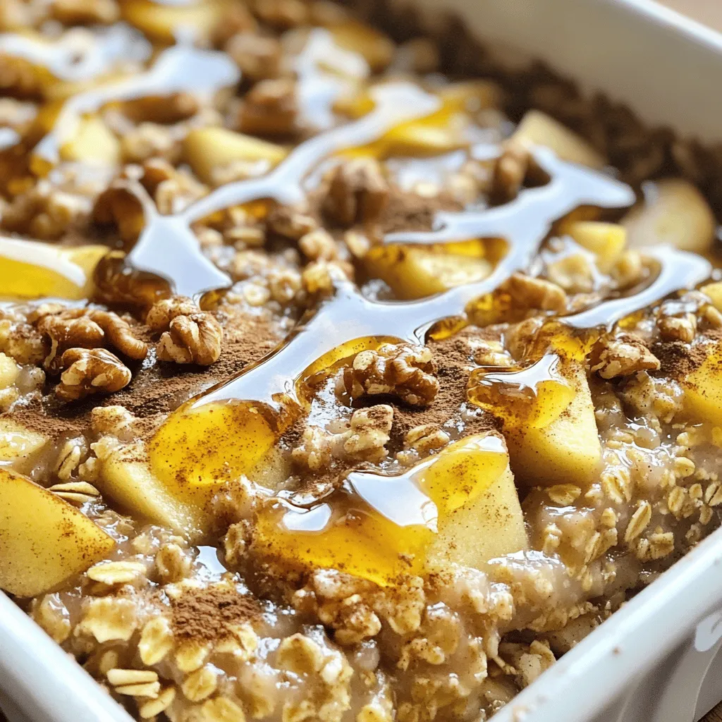 To make Spiced Apple Walnut Oatmeal Bake, you need simple ingredients. Here’s the complete list to gather: - 2 cups rolled oats - 2 cups almond milk (or any milk of your choice) - 2 medium apples, peeled, cored, and chopped - 1/2 cup walnuts, roughly chopped - 1/2 cup maple syrup (or honey) - 1 teaspoon cinnamon - 1/2 teaspoon nutmeg - 1 teaspoon vanilla extract - 1/4 teaspoon salt - 1 teaspoon baking powder - 1/4 cup raisins or dried cranberries (optional) - Extra walnuts for topping (optional) Each ingredient plays a key role. Rolled oats form the base. Apples add sweetness and moisture. Walnuts give crunch and flavor. Maple syrup sweetens the dish naturally. Spices like cinnamon and nutmeg add warmth and aroma. You can mix and match ingredients too. If you want a nut-free option, skip the walnuts. You can use any milk you like, such as oat or coconut milk. These choices keep the recipe flexible. For the full recipe, check the instructions and enjoy creating this delicious dish! Start by preheating your oven to 350°F (175°C). This temperature helps the oatmeal bake evenly. While the oven heats up, take a 9x9 inch baking dish and grease it well. Use butter or cooking spray to make sure the oatmeal doesn’t stick. A well-greased dish keeps your bake intact and easy to serve. In a large bowl, mix together the dry and wet ingredients. Combine the rolled oats, almond milk, chopped apples, walnuts, maple syrup, cinnamon, nutmeg, vanilla extract, salt, and baking powder. If you like, add raisins or dried cranberries for extra sweetness. Stir everything until it's well mixed. Let the mixture sit for about 10 minutes. This waiting time allows the oats to soak up some of the liquid, making your bake nice and soft. After mixing, pour the oatmeal mixture into the greased baking dish. Spread it out evenly with a spatula. If you want, sprinkle some extra walnuts on top for added crunch. Place the dish in the preheated oven and bake for 30 to 35 minutes. Keep an eye on it. When the top is golden brown and the center feels firm, it’s ready. You can check if it’s done by inserting a knife in the middle. If it comes out clean, your oatmeal bake is perfect. Enjoy the warm, spiced aroma filling your kitchen! Letting the oats absorb liquid is key for the right texture. When you mix the oats and milk, let it sit for about 10 minutes. This step helps the oats soak up the flavors. You want a moist bake, not a dry one. Adjust the sweetness to your liking. The maple syrup adds great flavor, but you can use less or more. Taste the mixture before baking. This way, you can find the perfect balance for your palate. For toppings, consider adding yogurt or a drizzle of maple syrup. Chopped nuts also work well for extra crunch. If you want something fun, add fresh fruit slices on top. The best time to serve this dish is warm. It makes a great breakfast or a cozy dessert. You can enjoy it any time of day, but warm flavors shine in the morning or as a sweet treat after dinner. If you want the full experience, check out the Full Recipe for all the details! {{image_2}} You can easily change this recipe to fit your tastes. If you don't like walnuts, try pecans or almonds. They add great crunch and flavor too. You can also use different fruits. Pears or berries work well in place of apples. For those who need dairy-free options, almond milk is perfect. You can also use oat or coconut milk. All these choices keep your dish creamy. If you want it gluten-free, check your oats. Make sure they are certified gluten-free. Want to spice things up? You can add more flavor with spices. Ginger or cardamom can add a nice kick. A splash of almond or coconut extract boosts the taste as well. If you love chocolate, throw in some dark chocolate chips. They melt and blend beautifully. You could also mix in some peanut butter for a nutty twist. Each of these ideas adds a new layer of flavor to your oatmeal bake. For the full recipe, check out the details above. To keep your Spiced Apple Walnut Oatmeal Bake fresh, store it in an airtight container. Place it in the fridge as soon as it cools down. It stays fresh for about 3 to 5 days. If you want to keep it longer, freeze portions in freezer-safe bags or containers. It can last up to 3 months in the freezer. To reheat, you have a few options. You can use the microwave for quick heating. Place a portion on a plate and heat for 1 to 2 minutes. Stir halfway through to ensure even heating. If you prefer, you can reheat it in the oven. Preheat your oven to 350°F (175°C) and bake for about 10 to 15 minutes. After reheating, serve your oatmeal bake warm. Drizzle with extra maple syrup or add a dollop of yogurt for a tasty touch. This makes it feel fresh and delightful again, just like when it first came out of the oven. To make Spiced Apple Walnut Oatmeal Bake, start by preheating your oven to 350°F (175°C). Grease your baking dish with a bit of oil or butter. In a large bowl, mix rolled oats, almond milk, chopped apples, walnuts, maple syrup, cinnamon, nutmeg, vanilla, salt, and baking powder. If you like, add raisins or dried cranberries for extra sweetness. Let this mixture sit for about 10 minutes. This helps the oats soak up the liquid. Pour the mixture into the baking dish and spread it evenly. If you want, sprinkle some extra walnuts on top. Bake for 30-35 minutes until golden brown. Allow it to cool slightly before slicing. Enjoy it warm, or add more maple syrup or yogurt for serving. Yes, you can use different types of milk. Almond milk is my favorite, but any milk works. You can use cow's milk, oat milk, or soy milk. Each type of milk adds its flavor to the dish. Almond milk gives a nutty taste, while cow's milk makes it creamier. If you want a richer dish, try whole milk. For a lighter option, use skim milk. Just keep in mind that the milk type may change the texture a bit. You can add many fruits to enhance the flavor. Pears, bananas, or berries work well. Diced pears give a sweet and juicy bite. Ripe bananas add creaminess and natural sweetness. Blueberries or raspberries add a tart taste. You can also use dried fruits like apricots or figs. These additions make your oatmeal bake even more delicious. Feel free to mix and match your favorite fruits! This blog post covered how to make a delicious Spiced Apple Walnut Oatmeal Bake. We discussed the ingredients, mixing steps, baking tips, and ways to serve. You learned about variations and the best ways to store leftovers. Remember, this dish is versatile, letting you customize it to your taste. Experiment with different fruits and nuts. Enjoy this simple yet hearty meal. Whether for breakfast or dessert, it’s sure to please!