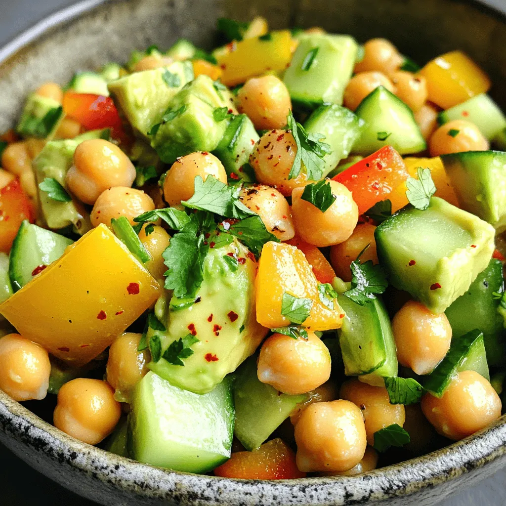 To make a tasty Easy Avocado Chickpea Salad, you will need: - 1 ripe avocado, diced - 1 can (15 oz) chickpeas, drained and rinsed - 1 small cucumber, diced - 1/4 red onion, finely chopped - 1/2 bell pepper (any color), diced - 1/4 cup fresh cilantro, chopped - 2 tablespoons lime juice - 2 tablespoons olive oil - Salt and pepper to taste - 1/4 teaspoon cumin (optional) - A pinch of red pepper flakes (optional) Feel free to switch things up! You can add: - Cherry tomatoes, halved - Avocado oil instead of olive oil - A handful of spinach or arugula - Feta cheese for a salty kick - Chopped nuts for crunch This salad is packed with nutrients! Here’s a quick look: - Calories: Approximately 220 per serving - Protein: About 8 grams - Carbohydrates: Roughly 22 grams - Fiber: Approximately 10 grams - Healthy fats: Around 14 grams This dish gives you fiber, protein, and healthy fats. It is a great choice for a quick meal or a side dish! For the full recipe, check out the details above. To make this salad, start by gathering your ingredients. You’ll need a ripe avocado, canned chickpeas, cucumber, red onion, and bell pepper. 1. Chop the Veggies: Dice the avocado, cucumber, and bell pepper. Finely chop the red onion. 2. Mix in a Bowl: In a large mixing bowl, combine the diced avocado, chickpeas, cucumber, red onion, and bell pepper. 3. Add Freshness: Chop the cilantro and add it to the bowl. Gently toss all the ingredients to mix them well. The dressing adds a bright flavor to the salad. Here’s how to make it: 1. Whisk Together: In a small bowl, mix lime juice, olive oil, salt, and pepper. 2. Add Optional Spices: If you like, add cumin and red pepper flakes for extra flavor. 3. Combine: Drizzle the dressing over the salad and toss gently. Make sure not to mash the avocado too much. This salad is great for any meal. Here’s how to enjoy it: - Chill Before Serving: Let the salad sit for 10 minutes. This helps the flavors blend. - Serve It Up: You can serve it chilled or at room temperature. Enjoy the creamy texture and bright flavors! - Pair It: Try it with grilled chicken or fish for a complete meal. You can also serve it as a side dish at your next gathering. For the complete recipe with all the ingredients and instructions, check out the [Full Recipe]. To pick the best avocado, check the skin. It should be dark green or black. Gently squeeze it in your hand. If it feels soft but not mushy, it is ripe. Avoid avocados that are too hard or have dark spots. These may not taste good. To keep your avocado from turning brown, use lime juice right away. The acid in lime helps slow down browning. Cover your salad tightly with plastic wrap. Less air means less browning. If you have leftovers, store them in an airtight container. You can boost flavor with fresh herbs. Cilantro adds a nice touch. Try adding parsley or dill for a twist. Spices like cumin add warmth and depth. A pinch of red pepper flakes gives it a kick. Experiment and find your favorite balance! For more details, check the Full Recipe. {{image_2}} You can boost the protein in this salad easily. Try adding cooked quinoa or grilled chicken. Tofu is a great option for a plant-based protein. If you like seafood, shrimp or canned tuna work well too. Each option adds flavor and makes the salad heartier. While the lime and olive oil dressing is tasty, feel free to mix it up. You can use balsamic vinegar for a sweet touch. A tahini dressing adds a rich, nutty flavor. If you want something zesty, try a yogurt-based dressing. Each dressing brings a new twist to the same base salad. This salad is already vegan and gluten-free, which is great! If you want to add cheese, use vegan cheese for a dairy-free choice. You can also toss in seeds like sunflower or pumpkin for extra crunch. This keeps it vegan while adding healthy fats and protein. Enjoy making it your own! For the complete recipe to make this salad, check out the Full Recipe. After you enjoy your Easy Avocado Chickpea Salad, store any leftovers in an airtight container. This keeps the salad fresh and prevents spoilage. If you have extra dressing, keep it separate. This way, your salad will stay crisp and tasty. You can use plastic wrap or foil to cover the bowl if you don’t have a container. Try to eat the leftovers within a day or two for the best taste. You can keep this salad in the fridge for about 2 days. After that, the avocado may turn brown and mushy. The chickpeas will still be fine, but the texture and look may change. It’s best to check it before you eat. If it looks or smells off, throw it away. Freshness is key when enjoying this dish. You don’t need to reheat this salad. It’s best served cold or at room temperature. If you prefer, you can enjoy it right out of the fridge. If you want to warm it up, consider heating the chickpeas alone. Just warm them in a pan over low heat for a few minutes. Then, add them back to the salad once they are warm. This way, you can enjoy a different take on the dish! This recipe makes four servings. Each serving is a good size for a light meal or side dish. If you want more, just double the ingredients. It’s easy to scale up. Yes, you can make this salad ahead of time! It tastes great after sitting for a bit. I recommend making it a few hours before serving. This lets the flavors mix well. However, if you add avocado too early, it might brown. So, add the avocado just before serving. Absolutely! You can add any veggies you like. Some great options are cherry tomatoes, corn, or radishes. Feel free to mix and match based on what you have. This salad is all about your taste. You can also check the Full Recipe for more ideas! In this article, we explored how to make a delicious avocado chickpea salad. We covered the important ingredients and some optional ones for extra flavor. We explained step-by-step how to prepare the salad and serve it. You learned tips for picking avocados and keeping them fresh. We also shared fun variations and how to store leftovers. Make this salad your own. Enjoy experimenting with flavors and ingredients. This dish is simple, tasty, and healthy. Get creative, and share it with friends!