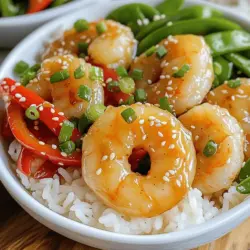 To make Spicy Honey Garlic Shrimp Bowls, gather these ingredients: - 1 lb large shrimp, peeled and deveined - 3 tablespoons honey - 3 tablespoons low-sodium soy sauce - 2 cloves garlic, minced - 1 teaspoon red pepper flakes (adjust for spice tolerance) - 2 tablespoons olive oil - 1 cup jasmine rice (uncooked) - 2 cups water or chicken broth - 1 red bell pepper, sliced - 1 cup snap peas - 2 green onions, chopped (for garnish) - 1 tablespoon sesame seeds (for garnish) - Salt and pepper to taste Using fresh ingredients can boost flavor and nutrition. Fresh shrimp tastes better and cooks faster. Look for shrimp that is firm and has a light scent. Fresh vegetables, like bell peppers and snap peas, add crunch and color. On the other hand, pantry staples like soy sauce, honey, and rice are easy to keep on hand. They make it simple to whip up this dish anytime. When choosing shrimp, freshness is key. Buy shrimp that is pink or grey with no strong smell. If you can, buy wild-caught shrimp. They often taste better than farmed ones. If you get frozen shrimp, look for ones that are flash-frozen. This keeps them fresh. Always check the size; larger shrimp give a great texture. For this recipe, go for large shrimp for the best bite. Start with the jasmine rice. Rinse the rice under cold water until the water runs clear. This removes excess starch. In a saucepan, mix 1 cup of rice with 2 cups of water or chicken broth. Bring it to a boil over high heat. Once boiling, lower the heat to a simmer. Cover the pot and cook for 15 minutes. After that, take the pan off the heat, but keep it covered for 5 more minutes. This helps the rice become fluffy. Now, let's make the sauce. Grab a small bowl and add 3 tablespoons of honey, 3 tablespoons of soy sauce, and 2 minced garlic cloves. For a kick, add 1 teaspoon of red pepper flakes. Whisk it all together until well mixed. Set this sauce aside for later. Next, we’ll cook the veggies. Heat 1 tablespoon of olive oil in a large skillet over medium heat. Add your sliced red bell pepper and snap peas to the pan. Sauté them for about 4-5 minutes. You want them tender but still crisp. Season with a pinch of salt and pepper. Once done, remove them from the skillet and set them aside. In the same skillet, add another tablespoon of olive oil. Heat it until hot. Add the shrimp in a single layer. Cook them for 2-3 minutes without moving them. This helps them sear well. Flip the shrimp and cook for another 2-3 minutes. They should turn pink and opaque. Now, let’s put it all together! Fluff the jasmine rice with a fork. Divide it into serving bowls. Top each bowl with the sautéed vegetables. Next, add the shrimp and pour the spicy honey sauce over them. Finally, sprinkle chopped green onions and sesame seeds on top for some extra flavor and color. For the full recipe, check out the complete instructions. Enjoy your tasty meal! To boost flavor, try adding ginger. Fresh ginger gives warmth and zest. You can also use smoked paprika for a unique taste. A bit of cumin brings an earthy note. Experiment with your favorite spices to make this dish your own. Always use fresh shrimp for the best taste. If using frozen shrimp, thaw them first. Pat them dry with a paper towel. This helps them sear nicely in the pan. Cook shrimp quickly over medium-high heat. They should turn pink and opaque, which takes about 2-3 minutes per side. To make the dish milder, reduce the red pepper flakes. You can also skip the flakes completely if you prefer no heat. For extra spice, add more red pepper or a dash of hot sauce. Remember, you control the heat in this tasty recipe! For the full recipe, check out [Full Recipe]. {{image_2}} You can switch shrimp for other proteins. Chicken works great in this dish. Use about 1 pound of diced chicken breast. Cook it the same way as shrimp. You can also use tofu for a plant-based option. Choose firm tofu and cut it into cubes. Sauté it until golden brown for a tasty texture. For a vegetarian twist, skip the shrimp and add more veggies. Try mushrooms, zucchini, or eggplant. These give great flavor and texture. You can also add chickpeas for extra protein. They soak up the sauce well and make the dish hearty. Feel free to get creative with your veggies. Broccoli, carrots, and bell peppers work well. You can use frozen snap peas if fresh ones aren’t available. Just remember to cook them a bit longer. Always aim for a mix of colors to make your bowl pop. For the full recipe, check out the details above! After enjoying your Spicy Honey Garlic Shrimp Bowls, let them cool down. Place any leftovers in an airtight container. Make sure to separate the shrimp and veggies from the rice if possible. This helps keep everything fresh. Store the container in the fridge. Use the leftovers within two days for the best taste. To reheat, you can use a microwave or a skillet. If using a microwave, place your food in a bowl. Cover it loosely to avoid splatters. Heat for one to two minutes, stirring halfway. If using a skillet, add a little olive oil. Heat on medium-low until warm, stirring often. This keeps the shrimp juicy and flavorful. You can freeze this dish for later. Start by letting the shrimp and veggies cool completely. Then, put them in a freezer-safe bag or container. Take out as much air as you can to prevent freezer burn. Keep rice in a separate bag. You can freeze them for up to three months. When ready to eat, thaw overnight in the fridge. Heat both shrimp and rice before serving. For the full recipe, check out the detailed instructions! Yes, you can prepare some parts ahead. Cook the rice and shrimp in advance. Store them in separate containers. Keep them in the fridge for up to two days. When you are ready to eat, reheat the rice and shrimp. You can quickly toss them with the sauce for a fast meal. These bowls are great on their own, but you can add more. Try a side salad for freshness. Steamed broccoli or asparagus pairs very well, too. You can also serve with extra soy sauce or lime wedges for a zesty kick. To tone down the heat, use fewer red pepper flakes. You can also skip them altogether. Adding more honey will sweeten the dish and balance the spice. Serve it with a side of sour cream or yogurt. This will help cool it down even more. Absolutely! Use gluten-free soy sauce or tamari instead of regular soy sauce. All other ingredients are naturally gluten-free. This way, you can enjoy the spicy honey garlic shrimp without any gluten worries. The Spicy Honey Garlic Shrimp Bowls are easy to make and full of flavor. We covered the best ingredients, how to prepare the dish, and tips to enhance taste. You can even add different proteins or make it vegetarian. Storing leftovers is simple, and reheating keeps them tasty. Whether you want spice or mild flavors, you can adjust it. With this recipe, tasty meals await you any day of the week. Enjoy trying different variations in your kitchen!