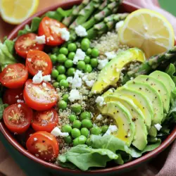 - 1 cup quinoa, rinsed - 2 cups vegetable broth or water - 1 cup cherry tomatoes, halved - 1 cup asparagus, trimmed and cut into 2-inch pieces - 1 cup green peas (fresh or frozen) - 1 bell pepper (red or yellow), diced - 1 avocado, sliced - 1 cup mixed greens (spinach, arugula, or baby kale) - 2 tablespoons olive oil - 2 tablespoons lemon juice - 1 teaspoon garlic powder - Salt and pepper to taste I love quinoa as it is a great base for this dish. It’s fluffy and nutty. Use vegetable broth to give it a nice flavor. Fresh spring vegetables bring color and crunch. Cherry tomatoes add sweetness. Asparagus and peas are bright and tasty. Choose a bell pepper based on what you like best. Avocado adds creaminess, and mixed greens give freshness. - ¼ cup feta cheese, crumbled - ¼ cup toasted sunflower seeds or your favorite nuts Feta cheese is salty and tangy, which can enhance the flavors. Nuts or seeds add a nice crunch and healthy fats. You can skip these if you want a lighter bowl. - Medium saucepan - Large pot - Mixing bowl A medium saucepan is key for cooking quinoa. A large pot is perfect for blanching the veggies. Use a mixing bowl to combine everything. These tools help make the process easy and fun. With these ingredients and tools, you can create a tasty and healthy spring veggie power bowl. For the complete cooking steps, check the Full Recipe. To cook quinoa, first rinse it well under cold water. This removes bitter saponins. In a medium saucepan, mix 1 cup of quinoa with 2 cups of vegetable broth or water. Bring the mixture to a boil. Then, lower the heat and cover the pot. Let it simmer for about 15 minutes. When done, the quinoa should be fluffy and the liquid absorbed. Remove it from heat and set it aside. Blanching helps keep veggies bright and crisp. Start by boiling a large pot of salted water. Add the asparagus and peas to the boiling water. Cook for 2-3 minutes. They should look bright green and tender-crisp. Use a slotted spoon to remove them. Transfer the veggies to an ice bath to stop the cooking. Once cool, drain and set aside. Now it's time to put everything together! In a large bowl, combine the cooked quinoa, blanched asparagus, peas, halved cherry tomatoes, and diced bell pepper. Drizzle with olive oil and lemon juice. Then sprinkle garlic powder, salt, and pepper on top. Toss gently to mix all the ingredients. For the power bowls, start with a base of mixed greens in each bowl. Add a generous serving of the quinoa and veggie mix on top. Finish each bowl with sliced avocado and a sprinkle of feta cheese, if you like. A handful of toasted sunflower seeds adds a nice crunch. Serve fresh, and enjoy the colorful, healthy meal! You can find the full recipe [here](#). To save time, prepare your ingredients ahead of time. Start by cooking the quinoa. It stores well in the fridge. Next, wash and chop your veggies. Use a mix of fresh asparagus, bell peppers, and peas. Blanch the asparagus and peas for a crisp texture. You can store them in airtight containers. This way, they stay fresh for a few days. Spices and herbs can make your power bowls sing. Try adding fresh herbs like basil or parsley. They give your meal a bright flavor. Garlic powder adds depth, but fresh garlic is even better. You can also sprinkle some chili flakes for heat. Season with salt and pepper to bring out the best in your veggies. Pair these bowls with a protein like grilled chicken or tofu. They add a hearty touch. You can also serve them alongside a light soup for a complete meal. Don’t forget to add a lemon wedge for a zesty kick. This extra touch brightens the whole dish. Try these ideas to enhance your Spring Veggie Power Bowls and enjoy! {{image_2}} Vegan Options You can easily make this dish vegan. Skip the feta cheese. Use a plant-based dressing instead of olive oil if you prefer. You still get all the great flavors and nutrition without any animal products. Gluten-Free Options This recipe is gluten-free already. Quinoa is a great grain for those who avoid gluten. Just be sure to check any added ingredients, like dressings, for hidden gluten. Substituting Different Vegetables Spring brings fresh veggies, but feel free to mix it up. Use zucchini, broccoli, or snap peas when they are in season. You can also swap in roasted sweet potatoes for a warm touch. This flexibility keeps meals exciting and fresh. Adding Grilled Chicken or Tofu Want to boost protein? Grilled chicken or tofu works well. For chicken, grill or bake it. Slice it thin and add it on top. For tofu, marinate it in your favorite sauce, then grill or pan-fry until crispy. Both options add great flavor and texture to your power bowl. For the full recipe, check out the detailed steps on how to create these vibrant Spring Veggie Power Bowls! Store your Spring Veggie Power Bowls in airtight containers. Keep them in the fridge. They stay fresh for about three days. If you know you won’t eat them within this time, consider freezing. To freeze, separate the components. Freeze the quinoa and veggies in different bags. Avoid freezing the mixed greens and avocado, as they lose texture. Use freezer-safe bags to keep air out. Label the bags with dates. They can last up to three months in the freezer. To enjoy your leftovers, first, thaw if frozen. You can reheat quinoa and veggies in the microwave. Heat in short bursts to avoid drying. Stir occasionally to ensure even warming. For a fresh taste, add some olive oil or lemon juice when serving. Enjoy your tasty bowls! To cook quinoa, rinse it first. This removes any bitter taste. Use a medium saucepan. Add one cup of quinoa and two cups of vegetable broth or water. Bring it to a boil. Once boiling, lower the heat, cover it, and simmer for about 15 minutes. The quinoa will be fluffy when done. Yes, you can use frozen vegetables. They are convenient and often just as nutritious. Make sure to thaw and drain them before adding to your bowls. This helps keep the dish from being too watery. Spring Veggie Power Bowls last about three to five days in the fridge. Store them in airtight containers. This keeps them fresh and tasty. If you notice any change in smell or color, it’s best to toss them out. Absolutely! Meal prepping is a great idea. Cook all your ingredients ahead of time. Store them separately in the fridge. You can mix and match them each day. This keeps your meals fresh and exciting. To make your power bowls more filling, add protein. Grilled chicken, tofu, or chickpeas work well. You can also add nuts or seeds for crunch. These not only fill you up but add more flavor too. For the full recipe, check out the details above. This blog post outlined how to create delicious Spring Veggie Power Bowls. We covered key ingredients like quinoa, fresh vegetables, and dressings. You learned simple steps for cooking, assembling, and storing your bowls. Tips for meal prep and flavor boosts were also shared. Try different ingredients for your taste and needs. Customize your bowls with seasonal veggies and protein options. Enjoy the tasty, vibrant meals that are easy to make. Your healthy eating journey starts here.