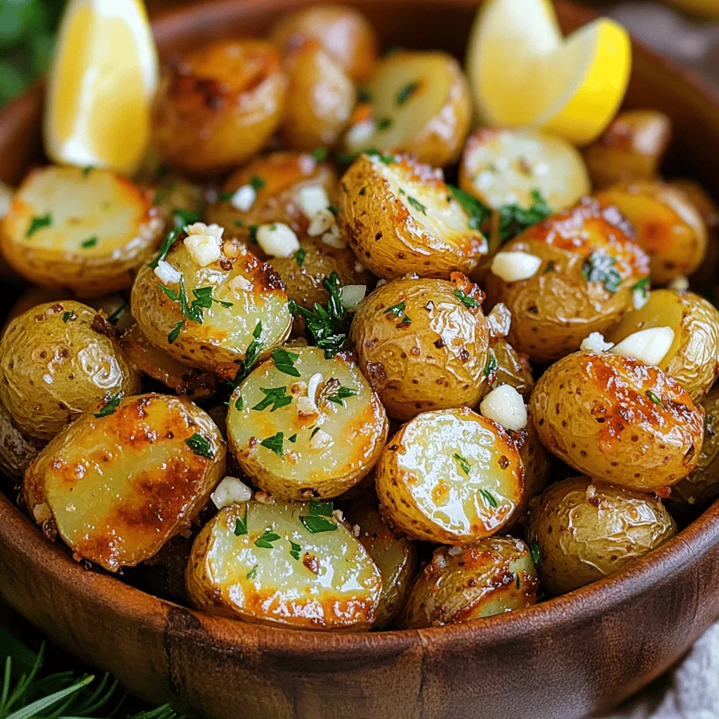 For garlic butter roasted baby potatoes, having the right ingredients is key. Let’s dive into what you need to create this tasty side dish. - 1.5 pounds baby potatoes, halved - 4 tablespoons unsalted butter, melted - 4 cloves garlic, minced - 2 tablespoons fresh parsley, chopped - 1 teaspoon dried rosemary - 1 tablespoon lemon juice These main ingredients combine to create a rich, buttery flavor with a hint of garlic. The baby potatoes are small and tender, perfect for roasting. The garlic adds a warm, savory note, while the parsley brings a fresh touch. Dried rosemary adds depth, and lemon juice gives a bright finish. - 1 teaspoon smoked paprika Adding smoked paprika can elevate the flavor. It gives a slight smokiness that pairs well with the garlic and butter. - Salt and pepper to taste Don’t forget the salt and pepper! These simple seasonings enhance all the flavors in the dish. Adjust them to your taste for the best results. Check out the [Full Recipe] for all the details! First, you need to preheat the oven to 425°F (220°C). This step helps the potatoes roast nicely. Next, take your baby potatoes and halve them. This will ensure they cook evenly and soak up all that garlic butter goodness. In a large mixing bowl, combine the halved potatoes with melted butter, minced garlic, dried rosemary, lemon juice, salt, and pepper. If you want a smoky kick, add smoked paprika too. Toss everything together until the potatoes are coated evenly. This step makes sure every bite is full of flavor. Spread the coated potatoes out in a single layer on a baking sheet. Lining the sheet with parchment paper makes cleanup easy. Roast the potatoes in the oven for about 25-30 minutes. Halfway through, toss the potatoes to ensure even roasting. When they are golden and tender, they are ready to enjoy! You can find the full recipe [here]. - Choosing the right potatoes: I love using baby potatoes for this dish. Their small size gives you a tender bite and a creamy center. Look for firm potatoes with no blemishes. Yellow or red baby potatoes work well for roasting. - How to avoid soggy potatoes: To keep your potatoes crispy, make sure to dry them well after washing. You can also toss them in the butter and seasoning right before roasting. Spacing them out on the baking sheet helps too. This allows hot air to circulate around each potato. - Recommended herbs and spices: Besides garlic, try adding fresh thyme or chives for extra flavor. They pair well with the buttery taste. A pinch of chili flakes can also add a nice kick. - Use of additional toppings: For a special touch, sprinkle some grated Parmesan cheese on top right before serving. You can also add crispy bacon bits or chopped green onions for crunch and flavor. - Ideal pairings with main dishes: These roasted potatoes go great with grilled chicken or steak. They also complement fish dishes perfectly. Serve them alongside a fresh salad for a complete meal. - Presentation tips for serving: Use a rustic wooden bowl to serve your potatoes. Garnish with extra parsley and lemon wedges. This adds color and freshness to your dish. For a fun twist, serve them with a dipping sauce like aioli or ranch. For the complete recipe, check out the [Full Recipe]. {{image_2}} You can change the flavor with different seasonings. For a spicy kick, try a spicy garlic butter. Add red pepper flakes or a dash of cayenne pepper. This will give your potatoes a nice heat. Herb variations can also enhance your dish. Use fresh thyme or oregano instead of rosemary. You can even mix herbs for a unique flavor. Basil and parsley work well together too. If you want to speed things up, use an air fryer. Preheat the air fryer to 400°F (200°C). Toss the seasoned potatoes in the basket. Cook them for about 15-20 minutes, shaking halfway through. They will be crispy and delicious. You can also cook them on the stovetop. Heat a large skillet over medium heat. Add the potatoes and some butter. Cover and cook for 20-25 minutes, stirring occasionally. This method gives you a different texture that’s just as good. You can switch the base potatoes for sweet potatoes. They add a nice sweetness that pairs well with garlic. Just cut them into similar-sized pieces for even cooking. Adding other vegetables is another fun option. Carrots, bell peppers, or Brussels sprouts can join the mix. Just remember to adjust cooking times if needed. They all roast well with garlic butter. For the full recipe, check out the comprehensive guide to making this flavorful side dish! To keep your garlic butter roasted baby potatoes fresh, store them in an airtight container. Make sure they cool down before sealing. They last up to three days in the fridge. If you want them to stay longer, consider freezing them. For the best taste, reheat your potatoes in the oven. Preheat it to 350°F (175°C). Spread the potatoes on a baking sheet. Heat for about 10-15 minutes until warm. If you use the microwave, place the potatoes in a microwave-safe bowl. Cover them with a damp paper towel. Heat in short bursts of 30 seconds, stirring in between, until they are hot. You can freeze garlic butter roasted baby potatoes, but they may lose some texture. Let them cool, then place them in a freezer bag. Remove as much air as you can before sealing. They can last up to three months in the freezer. To thaw, leave them in the fridge overnight. Reheat them in the oven as mentioned before to restore some crispiness. Enjoy your flavorful side dish anytime! For the full recipe, check out the earlier section. Cooking these potatoes takes about 25 to 30 minutes. You need to preheat your oven to 425°F (220°C). Spread the potatoes on a baking sheet and roast them. Toss them halfway through for even cooking. Check if they are golden brown and tender with a fork. Yes, you can use regular potatoes. However, you should cut them into smaller pieces. This helps them cook evenly. Baby potatoes have a creamy texture and a sweeter flavor. Regular potatoes might be starchier, changing the taste and feel of the dish. These potatoes pair well with many dishes. Here are some great options: - Grilled chicken or steak - Baked fish - Roasted vegetables - A fresh salad These sides balance well with the rich garlic butter flavor. You can make this recipe vegan by using vegan butter. Look for brands that taste good and melt well. You can also use olive oil. The garlic and herbs will still give it great flavor. Just adjust the amount of salt, as some vegan butters can be saltier. In this blog post, I shared a simple recipe for garlic butter roasted baby potatoes. We explored the main and optional ingredients, giving you tips on perfecting the dish and enhancing flavors. I also discussed variations, storage, and answered common questions. Roasting baby potatoes is easy and rewarding. You can enjoy them as a side dish, or switch things up with new flavors. Try this recipe, and I believe you will love the taste and ease of it. Happy cooking!