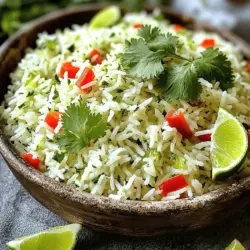 - 1 cup basmati rice - 2 cups vegetable broth - 1 tablespoon olive oil - 1 small yellow onion, finely chopped - 2 cloves garlic, minced - 1 red bell pepper, diced The main ingredient in this dish is basmati rice. It gives a lovely texture and aroma. You will also need vegetable broth, which adds depth of flavor. Olive oil helps to sauté the onions and garlic, making them fragrant. A small yellow onion adds sweetness. Minced garlic brings a punch of flavor. The diced red bell pepper adds color and crunch. - 1 teaspoon ground cumin - 1 teaspoon chili powder - Juice and zest of 1 lime - Salt and pepper to taste Spices give this rice pilaf its flair. Ground cumin and chili powder add warmth and spice. Lime juice and zest brighten the whole dish. Salt and pepper help balance all the flavors. - 1/2 cup fresh cilantro, chopped - Additional lime wedges Fresh cilantro brings a burst of freshness. It pairs well with the lime. Extra lime wedges make a great garnish, too. You can squeeze more lime on top to enhance the flavor. For the full recipe, check out the complete guide. 1. First, heat one tablespoon of olive oil in a medium pot over medium heat. 2. Add one small yellow onion, finely chopped. Sauté for about 3-4 minutes. The onion should become translucent. 3. Next, stir in two cloves of minced garlic. Cook for an additional minute until fragrant. 4. Add one diced red bell pepper, one teaspoon of ground cumin, and one teaspoon of chili powder. Stir well and cook for another 2-3 minutes. 1. Rinse one cup of basmati rice under cold water until it runs clear. This step removes excess starch. 2. Add the rinsed basmati rice to the pot. Stir to coat the rice with the oil and spices. 3. Pour in two cups of vegetable broth, along with the juice and zest of one lime. Bring the mixture to a boil. 1. Once boiling, reduce the heat to low. Cover the pot and let it simmer for 15-20 minutes. The rice should be tender and absorb the liquid. 2. Remove the pot from heat and let it rest, covered, for an additional 5 minutes. 3. Finally, fluff the rice with a fork. Gently fold in half a cup of chopped cilantro. Season with salt and pepper to taste before serving. This simple recipe makes a delicious one-pot cilantro lime rice pilaf. For the full recipe, refer to the details mentioned above. - Best practices for rinsing basmati rice: Rinse the rice under cold water. This removes extra starch and keeps the rice fluffy. Rinse until the water runs clear. This step is key for great texture. - How to avoid undercooked rice: After adding broth, bring it to a boil. Then reduce heat to low and cover the pot. Let it simmer for 15-20 minutes. If you find the rice is still hard, add a bit more broth and cook longer. - Suggestions for extra spices or aromatics: Try adding a pinch of turmeric for color. You can also mix in some bay leaves for a warm aroma. Fresh herbs like mint or parsley can add a nice twist. - Adding proteins for a heartier dish: You can stir in cooked chicken or shrimp. Tofu is a great option for a vegetarian meal. Just add them when you mix in the cilantro! - Ideal pairings for the pilaf: This pilaf pairs well with grilled meats or fish. You can also serve it with a fresh salad for balance. - Creative presentation ideas: Serve the pilaf in a colorful bowl. Top it with extra cilantro and lime wedges. This adds a vibrant touch and invites guests to dig in. {{image_2}} You can change the rice type for this dish. Jasmine rice works well, too. It gives a slightly different taste but stays light and fluffy. You can also try brown rice for a heartier option. Just remember, brown rice takes longer to cook. For more nutrition, add different veggies. Carrots and peas blend well in this pilaf. You could also use corn for sweetness. Mixing in spinach or kale brightens it up while adding color and vitamins. Want to spice things up? Add some diced jalapeños for heat. You can start with one or two, depending on your taste. Sauté them with the onions for a warm and inviting flavor. Another fun twist is to toss in nuts or dried fruits. Chopped almonds give a nice crunch. Dried cranberries or raisins add a hint of sweetness. These additions boost the texture and flavor, making every bite exciting. To make this dish vegetarian-friendly, just stick to vegetable broth. You can also add chickpeas or black beans for protein. They turn this side dish into a complete meal. For a more filling option, consider adding grilled chicken or shrimp. Cook them separately and mix them in at the end. This way, you get a tasty, one-pot meal that suits any occasion. For the full recipe, check out the One-Pot Cilantro Lime Rice Pilaf. To keep your leftovers fresh, store the rice in an airtight container. Let the rice cool before sealing the container. This helps prevent moisture build-up. Use glass or plastic containers that fit well in your fridge. To reheat your cilantro lime rice pilaf, use a microwave or stovetop. If using a microwave, place the rice in a bowl, add a splash of water, and cover it. Heat for about 1-2 minutes. Stir halfway to ensure even warming. On the stovetop, warm the rice in a pan over low heat. Add a few drops of water to keep it moist. Heat for 5-7 minutes, stirring often. Yes, you can freeze cilantro lime rice pilaf! First, let the rice cool completely. Then, portion it into freezer-safe bags or containers. Remove as much air as possible to avoid freezer burn. When ready to eat, thaw the rice in the fridge overnight. Reheat using the methods mentioned above for the best taste. For more details, check out the Full Recipe! Can I make this pilaf ahead of time? Yes, you can make this pilaf ahead of time. Just cook it fully and let it cool. Then, store it in an airtight container in the fridge. It will taste great when reheated. How long does cilantro lime rice last in the fridge? Cilantro lime rice lasts about 4 to 5 days in the fridge. Store it in a sealed container. Always check for any off smells before using it again. What to do if the rice is too sticky? If the rice is too sticky, it may have too much water. You can try spreading it out on a baking sheet. Let it cool for a bit. This helps it dry out and become less sticky. How to fix over-seasoned flavors? If the pilaf is too salty or spicy, add more cooked rice. This helps balance the flavors. You can also add a bit of water or broth to dilute the taste. Where to find more one-pot recipes? You can find more one-pot recipes online. Websites like AllRecipes or Food Network have great collections. These sites often have user reviews to help you choose. Video tutorials for visual aid on cooking techniques YouTube is a fantastic resource for cooking videos. Search for "one-pot rice recipes." Many chefs share tips and tricks that can help you improve your cooking skills. This blog post covered making delicious cilantro lime rice pilaf. You learned about key ingredients, like basmati rice, fresh veggies, and spices. I shared step-by-step cooking instructions and helpful tips to boost flavor. You can even customize this dish with different ingredients or enhancements. In conclusion, enjoy experimenting with this dish. It's easy to prepare and full of flavor. With practice, you will master the art of making a perfect rice pilaf.