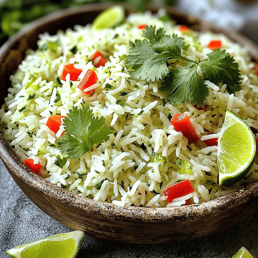 - 1 cup basmati rice - 2 cups vegetable broth - 1 tablespoon olive oil - 1 small yellow onion, finely chopped - 2 cloves garlic, minced - 1 red bell pepper, diced The main ingredient in this dish is basmati rice. It gives a lovely texture and aroma. You will also need vegetable broth, which adds depth of flavor. Olive oil helps to sauté the onions and garlic, making them fragrant. A small yellow onion adds sweetness. Minced garlic brings a punch of flavor. The diced red bell pepper adds color and crunch. - 1 teaspoon ground cumin - 1 teaspoon chili powder - Juice and zest of 1 lime - Salt and pepper to taste Spices give this rice pilaf its flair. Ground cumin and chili powder add warmth and spice. Lime juice and zest brighten the whole dish. Salt and pepper help balance all the flavors. - 1/2 cup fresh cilantro, chopped - Additional lime wedges Fresh cilantro brings a burst of freshness. It pairs well with the lime. Extra lime wedges make a great garnish, too. You can squeeze more lime on top to enhance the flavor. For the full recipe, check out the complete guide. 1. First, heat one tablespoon of olive oil in a medium pot over medium heat. 2. Add one small yellow onion, finely chopped. Sauté for about 3-4 minutes. The onion should become translucent. 3. Next, stir in two cloves of minced garlic. Cook for an additional minute until fragrant. 4. Add one diced red bell pepper, one teaspoon of ground cumin, and one teaspoon of chili powder. Stir well and cook for another 2-3 minutes. 1. Rinse one cup of basmati rice under cold water until it runs clear. This step removes excess starch. 2. Add the rinsed basmati rice to the pot. Stir to coat the rice with the oil and spices. 3. Pour in two cups of vegetable broth, along with the juice and zest of one lime. Bring the mixture to a boil. 1. Once boiling, reduce the heat to low. Cover the pot and let it simmer for 15-20 minutes. The rice should be tender and absorb the liquid. 2. Remove the pot from heat and let it rest, covered, for an additional 5 minutes. 3. Finally, fluff the rice with a fork. Gently fold in half a cup of chopped cilantro. Season with salt and pepper to taste before serving. This simple recipe makes a delicious one-pot cilantro lime rice pilaf. For the full recipe, refer to the details mentioned above. - Best practices for rinsing basmati rice: Rinse the rice under cold water. This removes extra starch and keeps the rice fluffy. Rinse until the water runs clear. This step is key for great texture. - How to avoid undercooked rice: After adding broth, bring it to a boil. Then reduce heat to low and cover the pot. Let it simmer for 15-20 minutes. If you find the rice is still hard, add a bit more broth and cook longer. - Suggestions for extra spices or aromatics: Try adding a pinch of turmeric for color. You can also mix in some bay leaves for a warm aroma. Fresh herbs like mint or parsley can add a nice twist. - Adding proteins for a heartier dish: You can stir in cooked chicken or shrimp. Tofu is a great option for a vegetarian meal. Just add them when you mix in the cilantro! - Ideal pairings for the pilaf: This pilaf pairs well with grilled meats or fish. You can also serve it with a fresh salad for balance. - Creative presentation ideas: Serve the pilaf in a colorful bowl. Top it with extra cilantro and lime wedges. This adds a vibrant touch and invites guests to dig in. {{image_2}} You can change the rice type for this dish. Jasmine rice works well, too. It gives a slightly different taste but stays light and fluffy. You can also try brown rice for a heartier option. Just remember, brown rice takes longer to cook. For more nutrition, add different veggies. Carrots and peas blend well in this pilaf. You could also use corn for sweetness. Mixing in spinach or kale brightens it up while adding color and vitamins. Want to spice things up? Add some diced jalapeños for heat. You can start with one or two, depending on your taste. Sauté them with the onions for a warm and inviting flavor. Another fun twist is to toss in nuts or dried fruits. Chopped almonds give a nice crunch. Dried cranberries or raisins add a hint of sweetness. These additions boost the texture and flavor, making every bite exciting. To make this dish vegetarian-friendly, just stick to vegetable broth. You can also add chickpeas or black beans for protein. They turn this side dish into a complete meal. For a more filling option, consider adding grilled chicken or shrimp. Cook them separately and mix them in at the end. This way, you get a tasty, one-pot meal that suits any occasion. For the full recipe, check out the One-Pot Cilantro Lime Rice Pilaf. To keep your leftovers fresh, store the rice in an airtight container. Let the rice cool before sealing the container. This helps prevent moisture build-up. Use glass or plastic containers that fit well in your fridge. To reheat your cilantro lime rice pilaf, use a microwave or stovetop. If using a microwave, place the rice in a bowl, add a splash of water, and cover it. Heat for about 1-2 minutes. Stir halfway to ensure even warming. On the stovetop, warm the rice in a pan over low heat. Add a few drops of water to keep it moist. Heat for 5-7 minutes, stirring often. Yes, you can freeze cilantro lime rice pilaf! First, let the rice cool completely. Then, portion it into freezer-safe bags or containers. Remove as much air as possible to avoid freezer burn. When ready to eat, thaw the rice in the fridge overnight. Reheat using the methods mentioned above for the best taste. For more details, check out the Full Recipe! Can I make this pilaf ahead of time? Yes, you can make this pilaf ahead of time. Just cook it fully and let it cool. Then, store it in an airtight container in the fridge. It will taste great when reheated. How long does cilantro lime rice last in the fridge? Cilantro lime rice lasts about 4 to 5 days in the fridge. Store it in a sealed container. Always check for any off smells before using it again. What to do if the rice is too sticky? If the rice is too sticky, it may have too much water. You can try spreading it out on a baking sheet. Let it cool for a bit. This helps it dry out and become less sticky. How to fix over-seasoned flavors? If the pilaf is too salty or spicy, add more cooked rice. This helps balance the flavors. You can also add a bit of water or broth to dilute the taste. Where to find more one-pot recipes? You can find more one-pot recipes online. Websites like AllRecipes or Food Network have great collections. These sites often have user reviews to help you choose. Video tutorials for visual aid on cooking techniques YouTube is a fantastic resource for cooking videos. Search for "one-pot rice recipes." Many chefs share tips and tricks that can help you improve your cooking skills. This blog post covered making delicious cilantro lime rice pilaf. You learned about key ingredients, like basmati rice, fresh veggies, and spices. I shared step-by-step cooking instructions and helpful tips to boost flavor. You can even customize this dish with different ingredients or enhancements. In conclusion, enjoy experimenting with this dish. It's easy to prepare and full of flavor. With practice, you will master the art of making a perfect rice pilaf.