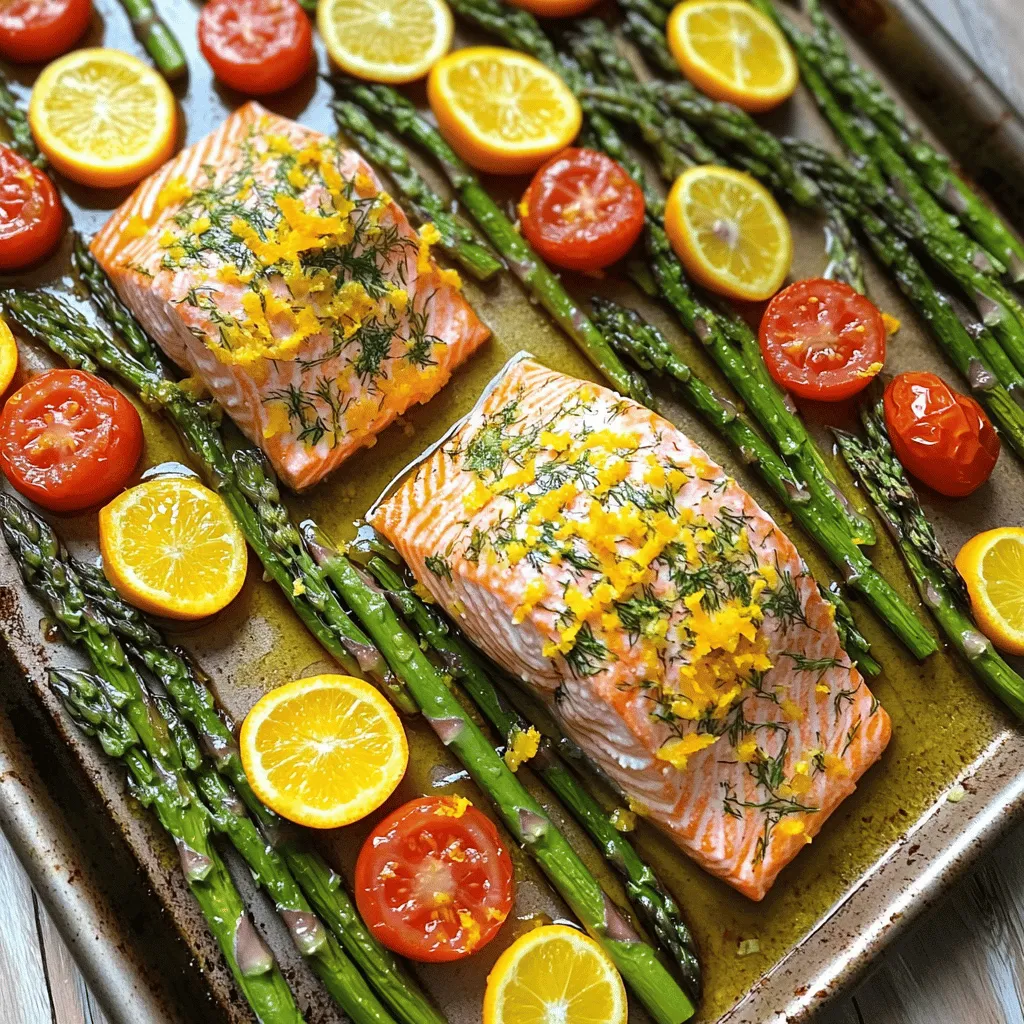To make One-Pan Citrus Dill Salmon, gather these key ingredients: - 4 salmon fillets - 2 oranges (juiced and zested) - 1 lemon (juiced and zested) - 4 tablespoons olive oil - 2 tablespoons fresh dill, chopped (or 1 tablespoon dried dill) - 3 cloves garlic, minced - Salt and pepper to taste - 2 cups asparagus, trimmed - 1 cup cherry tomatoes, halved These ingredients work together to create a bright and zesty dish. The salmon is the star, while asparagus and tomatoes add color and texture. Using fresh ingredients is key to great flavor in this recipe. Fresh salmon gives you a rich taste that frozen fish can't match. The zest of oranges and lemons brings a burst of citrus aroma. Fresh dill adds a unique herb note. When shopping, look for vibrant, firm vegetables. You want your asparagus to be bright green and your tomatoes to be plump. You’ll need some common pantry items for this dish. Olive oil is a must for the marinade and cooking. Garlic adds depth and warmth. Salt and pepper enhance all the flavors. If you don’t have fresh dill, dried dill is a suitable option. Just remember, dried herbs are more potent than fresh, so use less. For a full guide on how to make this dish, check the Full Recipe. Start by gathering your ingredients. You need fresh salmon, oranges, lemon, olive oil, fresh dill, garlic, salt, pepper, asparagus, and cherry tomatoes. The prep is quick and easy. Preheat your oven to 400°F (200°C). This ensures your dish cooks evenly. Next, make the marinade. In a small bowl, whisk together the orange juice, lemon juice, olive oil, zest from the oranges and lemon, chopped dill, minced garlic, salt, and pepper. This marinade brings bright and fresh flavors to the salmon. Now, let’s prepare the baking sheet. Place the salmon fillets in the center. Arrange the asparagus and halved cherry tomatoes around the salmon. This not only adds color but also makes a complete meal in one pan. Once everything is set, pour the citrus dill marinade over the salmon and vegetables. Ensure every piece gets a good coat of the marinade. This step is key for flavor. Now, place the pan in the preheated oven. Bake for 15 to 20 minutes. The salmon is done when it flakes easily with a fork. Keep an eye on the veggies too; they should be tender but not mushy. After baking, take the pan out of the oven and let it rest for a few minutes. This helps keep the salmon moist. You can serve directly from the pan for a casual look. For a fancier touch, plate it individually. Garnish with extra dill and citrus slices for a pop of color. Enjoy your meal! To get the best flavor from the citrus dill marinade, use fresh juice. Fresh juice from oranges and lemons adds a bright taste. I recommend zesting the fruits before juicing. The zest holds oils that make the flavor even better. Mix the marinade well. This helps blend the flavors. Let the salmon soak in the marinade for at least 15 minutes. This step lets the fish absorb all those tasty notes. For perfectly cooked salmon, pay attention to the cooking time. Bake the salmon at 400°F for 15 to 20 minutes. Check for doneness by inserting a fork. If the salmon flakes easily, it’s ready. Avoid overcooking, as it can dry out the fish. Another tip is to use a meat thermometer. Salmon is perfectly cooked at 145°F. Let the salmon rest for a few minutes after baking. This helps keep it moist and tender. For serving, you can keep it simple or get creative. Serve the salmon directly from the pan for a rustic vibe. This makes it easy and fun. If you want a fancier look, plate the salmon with veggies. Garnish with extra dill and citrus slices. This makes the dish pop with color. A sprinkle of fresh herbs on top gives a nice touch. Remember, a beautiful plate makes the food taste better! {{image_2}} You can change the veggies for more flavor. Try broccoli, green beans, or zucchini. Each brings a unique taste and texture. For a colorful dish, mix in bell peppers or carrots. Remember, the goal is to have vegetables that roast well. They should cook at the same time as the salmon. If you do not have salmon, use other fish. Cod, tilapia, or trout are great choices. These fish cook similarly to salmon. Adjust your cooking time based on the thickness of the fillets. Cod may need a bit longer, while tilapia cooks faster. Experiment with herbs to change the flavor. Try parsley, thyme, or basil for a new twist. Each herb offers its own special taste. You can also add spices like paprika or cumin for warmth. Just remember to keep the balance right. This will keep the dish vibrant and fresh. For the full recipe, check out the One-Pan Citrus Dill Salmon section. After enjoying your One-Pan Citrus Dill Salmon, store leftovers in an airtight container. Let the dish cool down to room temperature before sealing. This helps keep the salmon and veggies fresh. You can keep it in the fridge for up to three days. For best taste, eat it within two days. When reheating, use a microwave or an oven. If you use a microwave, cover the dish with a damp paper towel. This keeps the salmon moist. Heat at medium power for 1-2 minutes. If you choose the oven, preheat it to 350°F (175°C). Place the salmon on a baking sheet for about 10 minutes. This will keep it flaky and delicious. If you have extra portions, freezing is a great option. Wrap each salmon fillet tightly in plastic wrap. Then place it in a freezer-safe bag or container. Remove as much air as you can. This prevents freezer burn. You can freeze the salmon for up to three months. When ready to eat, thaw it in the fridge overnight before reheating. Enjoy the fresh flavors of your One-Pan Citrus Dill Salmon even later! It takes about 15 to 20 minutes to cook One-Pan Citrus Dill Salmon. The oven should be set to 400°F (200°C). In just a half hour, you can enjoy a tasty meal. This quick cooking time makes it perfect for busy nights. The salmon should easily flake with a fork when done. Yes, you can use frozen salmon for this recipe. Just make sure to thaw it first. You can do this overnight in the fridge or quickly in cold water. After thawing, follow the same steps as fresh salmon. The cooking time may be slightly longer, so check for doneness. One-Pan Citrus Dill Salmon pairs well with many sides. Here are some great options: - Quinoa or rice for a hearty base - A fresh green salad for crunch - Roasted potatoes for added comfort - Whole grain bread to soak up the sauce Each of these sides adds flavor and variety to your meal. Yes, this recipe is great for meal prep. You can easily make it ahead and store leftovers. Just divide the salmon and veggies into meal containers. It stays good in the fridge for up to three days. Reheat in the microwave or oven for easy lunches or dinners. Enjoy this healthy meal all week long! You learned how to make One-Pan Citrus Dill Salmon in this post. We covered the main ingredients you need, plus easy steps to cook it just right. I shared tips for great taste and fun ways to change the recipe. You also got storage advice to keep leftovers fresh. Cooking can be simple and delicious. Enjoy trying this dish with your loved ones!