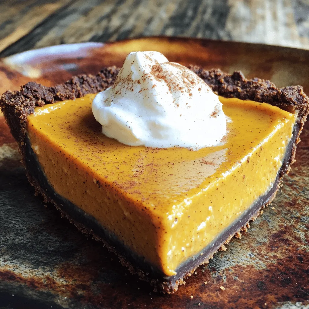 To make a delicious no bake pumpkin pie, you need some key ingredients. Here’s what you’ll need: - 1 ½ cups graham cracker crumbs - ½ cup unsweetened cocoa powder - ½ cup coconut oil (melted) - 1 cup pumpkin puree - 1 cup Greek yogurt or coconut cream - ¾ cup maple syrup - 1 teaspoon vanilla extract - 1 teaspoon ground cinnamon - ½ teaspoon nutmeg - ¼ teaspoon ground ginger - Pinch of salt Each ingredient plays a role. The graham cracker crumbs form a tasty crust, while the pumpkin puree gives it that classic flavor. The Greek yogurt or coconut cream adds creaminess. You can swap some ingredients based on your taste. For example, if you want a gluten-free pie, use gluten-free graham crackers. If you like a richer filling, try using cream cheese instead of yogurt. You can also use honey instead of maple syrup for sweetness. Using high-quality ingredients matters a lot in cooking. Fresh pumpkin puree tastes much better than canned. Organic maple syrup has a richer flavor than regular. Good ingredients make your pie taste amazing. Always choose the best you can find for the best results. To start, gather your ingredients for the crust. You'll need graham cracker crumbs, cocoa powder, and melted coconut oil. In a mixing bowl, combine 1 ½ cups of graham cracker crumbs with ½ cup of cocoa powder. Pour in ½ cup of melted coconut oil. Mix this until it looks like wet sand. This texture is key for a firm crust. Now, press the mixture into a 9-inch pie pan. Make sure it is even and compact. This will create a sturdy base for your pie. Next, let's move on to the filling. In a separate bowl, combine 1 cup of pumpkin puree and 1 cup of Greek yogurt or coconut cream. Add ¾ cup of maple syrup, 1 teaspoon of vanilla extract, and spices: 1 teaspoon of cinnamon, ½ teaspoon of nutmeg, and ¼ teaspoon of ground ginger. Don’t forget a pinch of salt! Whisk these ingredients together until smooth. Make sure everything blends well. This filling is rich and creamy, perfect for your pie. Now it’s time to bring it all together. Pour the pumpkin filling into the crust you made. Use a spatula to spread it evenly. Once that’s done, cover the pie with plastic wrap. Place it in the fridge for at least 4 hours, or overnight if you have time. This chilling helps the pie set properly. When you’re ready to serve, slice it into wedges. You can add a dollop of extra Greek yogurt or coconut cream on top. A sprinkle of cinnamon makes it look nice too. Enjoy your no-bake pumpkin pie! For the complete recipe, check out the Full Recipe. When making no bake pumpkin pie, watch out for a few common mistakes. First, avoid using too much liquid in your filling. This can make your pie soggy. Second, don't skip chilling the pie. It needs time to set. If you don’t chill it enough, the texture won't be right. Lastly, make sure to pack the crust tightly. A loose crust will fall apart when you slice it. For the best texture, use high-quality pumpkin puree. Avoid pumpkin pie filling, as it has added sugar and spices. Mixing the filling well helps it blend smoothly. I recommend using a whisk for this. If you want a creamier texture, opt for coconut cream instead of Greek yogurt. Chill the pie for at least four hours. This allows it to firm up nicely. Decorating your no bake pumpkin pie adds a fun touch. You can top it with whipped cream or a dollop of yogurt. Sprinkling cinnamon or nutmeg on top gives it a warm look. For a festive twist, add some pecans or crushed graham crackers. Serve the pie with a side of extra yogurt or cream. This makes for a lovely presentation and adds flavor. You can find the full recipe [here]. {{image_2}} You can change the flavor of your No Bake Pumpkin Pie easily. Adding chocolate gives a nice twist. Just mix in some cocoa powder or melt chocolate into the filling. You can also try different spices. Try adding cardamom or allspice for a unique taste. For a sweeter pie, increase the maple syrup. Each twist makes the pie new and fun. If you want a different crust, that's simple! For a gluten-free option, use almond flour or gluten-free graham crackers. You can also try a nut crust made from finely chopped nuts and dates. Just blend them until sticky, then press into the pie pan. Each crust brings its own flavor and texture to the pie. If you have dietary needs, substitutions work well. For dairy-free options, use coconut cream instead of Greek yogurt. You can also replace maple syrup with agave syrup if needed. For a low-sugar version, try a sugar substitute that measures like sugar. No matter your needs, you can enjoy this pie with a few easy swaps. For the full recipe, check out the details above. You can store your No Bake Pumpkin Pie in the fridge. Cover it tightly with plastic wrap. This keeps it fresh and safe from other smells in the fridge. Make sure it stays cool. If you want to keep it for later, you can freeze it too. In the fridge, the pie lasts about 3 to 4 days. If you freeze it, it can last up to 2 months. To freeze, cut the pie into slices and wrap them in plastic wrap. Then place the slices in a freezer bag. Label the bag with the date so you remember when you made it. You can serve the pie straight from the fridge. It tastes great cold! If you like it warm, let it sit at room temperature for about 15 minutes. You can add extra Greek yogurt or coconut cream on top for more flavor. Just remember, avoid refreezing once you thaw it. Enjoy your No Bake Pumpkin Pie straight from the fridge or warmed up. It’s a treat either way! For the full recipe, check out the original. Yes, you can use canned pumpkin. It saves time and makes it easy. Canned pumpkin has a smooth texture and rich flavor. Just make sure it is 100% pumpkin. Avoid pumpkin pie filling as it has added sugars and spices. This recipe tastes great with either option. The pie needs to chill for at least 4 hours. For the best results, chill it overnight. This time helps the filling set properly. A well-chilled pie is easier to slice. It also helps the flavors blend together nicely. Absolutely! This pie is perfect for making ahead. You can prepare it one or two days before serving. Just store it in the fridge, covered. This way, you save time on the day of your event. Plus, it tastes even better after a day in the fridge. For the full recipe, check out the details above. This blog shared how to make a no-bake pumpkin pie. We covered key ingredients and their quality. I provided step-by-step instructions for a tasty crust and filling. I also shared tips to help you avoid common mistakes. Plus, we explored fun flavor variations and storage tips. Enjoy creating your pie and feel free to experiment with flavors. A no-bake pumpkin pie is easy and delicious. Make it your own, and it will surely impress everyone!