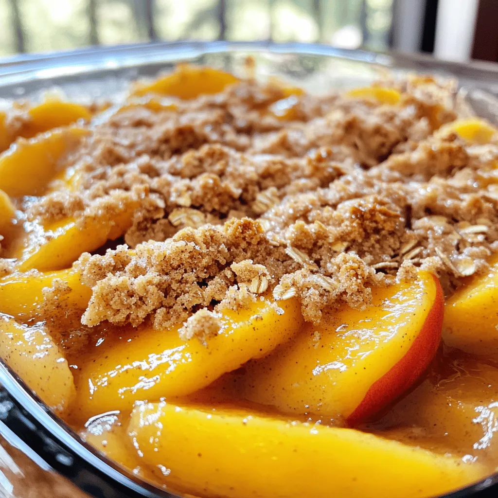- Fresh peaches: Use ripe, juicy peaches. The best types are Freestone or Clingstone peaches. Freestone peaches are easier to slice. They pull away from the pit easily. Clingstone peaches hold onto the pit, but they are sweet and flavorful. - Sweeteners: I use granulated sugar for the peach layer. You can adjust it based on how sweet the peaches are. Brown sugar adds depth and a slight caramel flavor to the topping. Use both for a balanced taste. - Oats and flour: Rolled oats give a hearty texture to the topping. I prefer old-fashioned oats for the best crunch. All-purpose flour binds the topping together. You can also use whole wheat flour for a nuttier flavor. This combination creates a perfect blend of flavors and textures in your peach crisp. For the full recipe, check the detailed instructions. To start, we need to prep the peaches. Take six ripe peaches, peel and slice them. Place them in a large mixing bowl. Add one tablespoon of lemon juice over the peaches. This helps keep the peaches fresh and bright. Next, sprinkle one-third cup of granulated sugar and one teaspoon of cinnamon over the peaches. Toss gently to coat each slice. Transfer this mix into a greased 9x13-inch baking dish. Now, let's create the crumb topping. In another bowl, combine one cup of rolled oats, half a cup of all-purpose flour, half a cup of packed brown sugar, and a quarter teaspoon of salt. Stir these ingredients together until they are well mixed. Pour half a cup of melted unsalted butter and half a teaspoon of vanilla extract into this dry mix. Stir until it becomes crumbly. This crumb topping adds a crunchy layer to our crisp. Preheat your oven to 350°F (175°C). Once the oven is hot, spread the crumb mixture evenly over the layer of peaches. Make sure all the peaches are covered. Bake in the oven for 35 to 40 minutes. You will know the peach crisp is ready when the topping turns golden brown and the peaches are bubbly. Let the peach crisp cool for a few minutes before serving. This allows the juices to settle. Enjoy your delicious peach crisp! For the full recipe, see the section above. To make the best peach crisp, start with the ripest peaches. Look for peaches that are soft but not mushy. They should have a sweet aroma and a deep color. When you find them, you will know they are ready to shine in your dish. Adjusting sweetness is key, too. If your peaches are very ripe, use less sugar. If they are a bit tart, add more sugar. This balance will make your crisp taste just right. The best baking dish for peach crisp is a 9x13 inch pan. This size lets the heat spread evenly. Glass or ceramic dishes work wonderfully, too. They help the crisp cook evenly and brown nicely. To achieve a crispy topping, mix the oats and flour well. When you add melted butter, ensure it coats everything. This helps create clumps that turn golden brown. Spread the topping evenly over the peaches. This way, every bite is crispy and delicious. For the full recipe, check out the Peachy Heaven Crisp. {{image_2}} You can make peach crisp healthier with simple swaps. First, try using whole wheat flour. This will add fiber and nutrients. You can also choose gluten-free flour if you need it. Both options keep the crisp texture. Next, think about sweeteners. Instead of granulated sugar, use honey or maple syrup. These natural sweeteners give a unique flavor and less processed sugar. You can adjust the amount based on your taste and the peach sweetness. To boost the flavor, add spices. A pinch of nutmeg or ginger can make a big difference. These spices add warmth and depth to the crisp. You can also mix in nuts or shredded coconut. Walnuts or almonds add crunch. Coconut gives a tropical twist. Both options enhance the texture and taste. For more details, check the Full Recipe for Classic Peach Crisp. To keep your peach crisp fresh, store it in the fridge. Place it in an airtight container. This method helps keep it from drying out. Peach crisp stays good for about three days. When you want to enjoy it again, reheating is key. Heat the crisp in the oven for the best taste. Preheat your oven to 350°F (175°C). Place the peach crisp in the oven for about 10-15 minutes. This warms it through and makes the topping crispy again. You can also use the microwave for a quick option, but it may not be as crispy. Can you freeze peach crisp? Yes, you can! It’s a great way to save some for later. You can freeze it before or after baking. To freeze before baking, prepare the peach layer and crumb topping. Layer them in a freezer-safe dish. Cover it tightly with plastic wrap and foil. It can stay in the freezer for up to three months. To freeze after baking, let it cool completely first. Then, wrap it tightly in plastic wrap. Place it in a freezer-safe container. When you're ready to eat, bake it straight from the freezer. Just add extra baking time until it's hot and bubbly. For full details, check the Full Recipe. Can I use frozen peaches instead of fresh? Yes, you can use frozen peaches. Just thaw them first. Drain any extra juice. This will help keep the crisp from getting too soggy. How do I know when my peach crisp is finished baking? Your peach crisp is done when the topping is golden brown. The peaches should bubble around the edges. Use a fork to check the topping's texture. It should be crisp and crumbly. What to serve with peach crisp? Peach crisp pairs well with vanilla ice cream or whipped cream. The cool creaminess balances the warm, sweet peach flavor. You can also try serving it with yogurt for a twist. Creative ways to use leftover peach crisp in other dishes You can use leftover peach crisp as a topping for pancakes or waffles. It also makes a great filling for pastries. Try mixing it into smoothies for a fruity kick. Caloric content and dietary considerations One serving of peach crisp has around 250-300 calories. This can vary based on your ingredients. If you use less sugar or butter, you can lower the calories. Potential allergens to watch for in this recipe Watch out for gluten in flour. Oats may also contain gluten unless labeled gluten-free. Butter contains dairy, so be careful if you have lactose intolerance. In this blog post, we covered how to make a delicious peach crisp. You learned about the best ingredients, including peach varieties and sweeteners. I provided step-by-step instructions for preparing and baking. We shared tips for perfecting your dish, including healthy substitutions and flavor additions. Lastly, we discussed proper storage and common questions. You now have all the tools to create a tasty peach crisp that everyone will love. Enjoy your baking!