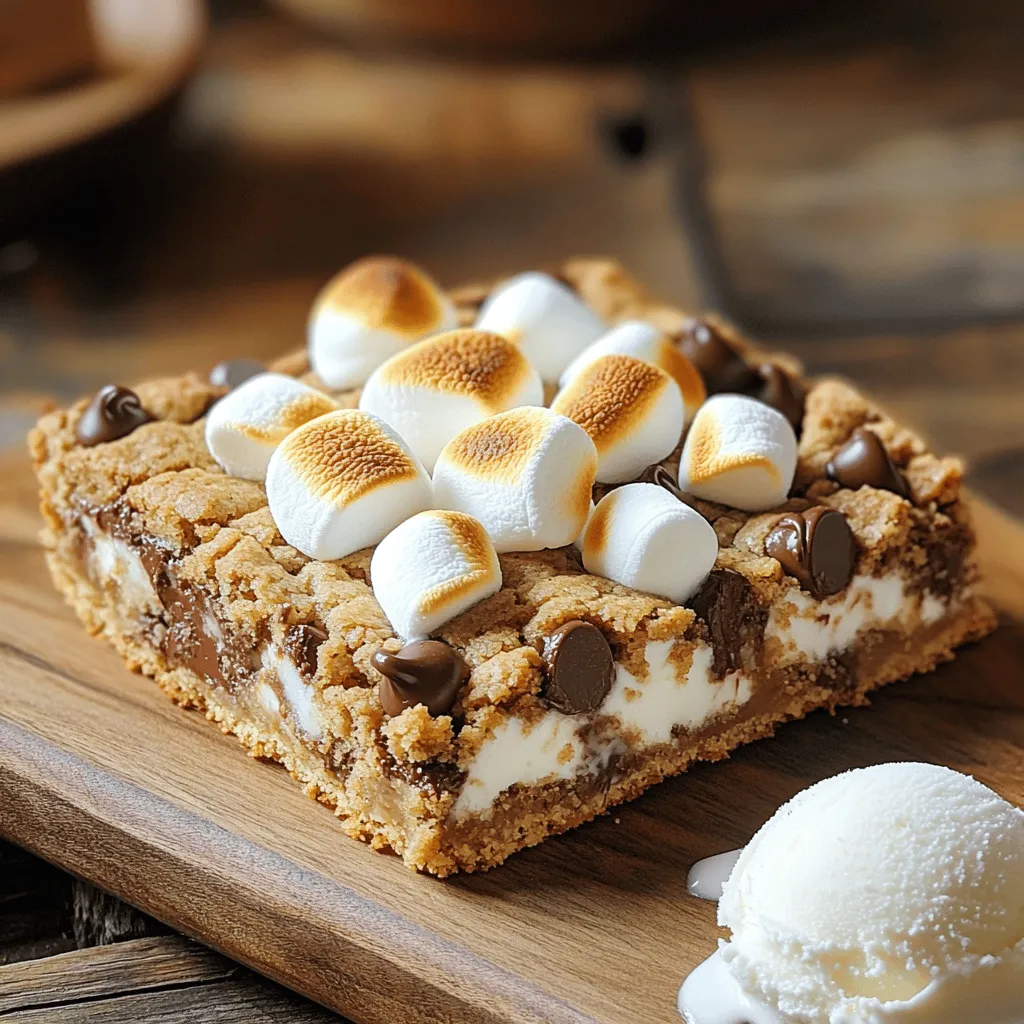 - 1 cup unsalted butter, softened - 1 cup brown sugar, packed - 1/2 cup granulated sugar - 2 large eggs - 2 teaspoons vanilla extract - 2 1/2 cups all-purpose flour - 1 teaspoon baking soda - 1/2 teaspoon salt - 1 1/2 cups semi-sweet chocolate chips - 1 cup mini marshmallows - 1 cup crushed graham crackers (about 8 full sheets) - Additional chocolate chips and marshmallows for topping These ingredients make a great combination for S'mores Cookie Bars. They bring together sweet, creamy, and crunchy flavors. - Butter alternatives: You can use coconut oil or margarine if you need a dairy-free option. - Brown sugar variations: Light brown sugar works well, but you can use dark brown for a richer taste. - Gluten-free options: Use a gluten-free flour blend to replace all-purpose flour. Feel free to explore these substitutions based on your needs. Each swap may change the taste or texture slightly, so have fun experimenting! For the full recipe, check out the details provided. First, preheat your oven to 350°F (175°C). This helps bake the bars evenly. Next, grease a 9x13 inch baking dish or line it with parchment paper. This makes it easy to lift the bars out later. In a large mixing bowl, cream together the softened butter, brown sugar, and granulated sugar. Use a mixer for about 2-3 minutes until it’s light and fluffy. After that, add the eggs one at a time. Mix well after each egg. Then, pour in the vanilla extract and stir until it's all combined. In another bowl, whisk together the all-purpose flour, baking soda, and salt. Slowly add this dry mix to the wet ingredients. Mix until it's just combined. Then, fold in the semi-sweet chocolate chips, mini marshmallows, and crushed graham crackers. Make sure everything is evenly mixed in. Spread half of the batter into the prepared baking dish. Press it down to create an even layer. Sprinkle 1/2 cup of extra chocolate chips and mini marshmallows on top. Then, dollop the rest of the cookie batter over this layer. Try to spread it out as much as you can. Finally, top with any remaining chocolate chips and marshmallows for extra flavor. Bake in the preheated oven for 25-30 minutes. Check that the edges are golden brown and the center is set. A toothpick may come out with some gooey chocolate, and that’s okay. Let the bars cool in the dish before cutting them into squares. For the full recipe, check out the details above. To get soft, chewy bars, use room temperature butter. This helps the butter mix well with the sugars, creating a smooth batter. Be careful with baking time. If you take the bars out too early, they may fall apart. A toothpick should come out with a bit of gooey chocolate, which means they are just right. One common mistake is overmixing the batter. This makes the bars tough instead of soft. Mix only until the dry ingredients are combined. Another mistake is using expired ingredients. Always check the dates on eggs and baking soda to make sure they are fresh. You can add extra toppings for more flavor. Try using peanut butter chips or butterscotch chips along with the chocolate. You can also use different types of chocolate. Dark chocolate can give a rich taste, while white chocolate adds sweetness. Mix and match to find your favorite combo. For more ideas, check the Full Recipe for suggestions! {{image_2}} You can switch up S'mores Cookie Bars with fun flavors. One great option is peanut butter. Just add half a cup of creamy peanut butter to your batter. This twist gives you that nutty flavor, pairing perfectly with chocolate and marshmallows. Another tasty choice is mint chocolate. Use mint chocolate chips instead of semi-sweet ones. It adds a refreshing taste that surprises your taste buds. As the seasons change, so can your S'mores Cookie Bars. In the fall, try pumpkin spice bars. Just add pumpkin spice to the batter. This makes them warm and cozy, perfect for chilly days. For the holidays, consider holiday-themed cookie bars. You can use red and green sprinkles or even crushed candy canes. These fun additions make your treats festive and bright, ideal for sharing at holiday gatherings. If you follow a special diet, you can still enjoy these bars. For vegan S'mores Cookie Bars, replace eggs with flaxseed meal and use vegan butter. These swaps keep the flavor while meeting your needs. You can also create low sugar options. Use a sugar substitute like stevia or monk fruit. This way, you can satisfy your sweet tooth while keeping sugar in check. For more details on making these delicious treats, check out the Full Recipe. To keep your S'mores cookie bars fresh, store them at room temperature. Place them in an airtight container. They stay soft and chewy this way. You can enjoy them for up to five days. If you like them cold, pop them in the fridge. They will last about a week when chilled. Just remember, the bars may become a bit firmer in the fridge. Freezing is a great option if you want to save some bars for later. First, let the bars cool completely. Then, cut them into squares. Wrap each square in plastic wrap. Place all wrapped squares in a freezer bag or container. Try to remove as much air as possible. These bars can last up to three months in the freezer. When you are ready to enjoy, take out the bars. Thaw them in the fridge overnight or at room temperature for a few hours. You can also warm them up in the oven for a gooey treat. To keep your S'mores Cookie Bars moist, focus on a few key tips: - Do not overbake. Keep an eye on the timer. Pull them out when the edges turn golden. - Use room temperature butter. This helps create a creamy texture that keeps moisture in. - Add extra marshmallows. They melt and add moisture. Try adding an extra half cup! - Store properly. Keep them in an airtight container. This helps retain softness. Yes, you can prepare these bars in advance! Here are some tips: - Make the dough ahead. You can mix it and refrigerate it for up to 24 hours. - Bake and freeze. You can bake them, let them cool, and then freeze in an airtight container. - Defrost before serving. The bars taste best when they are fresh. Let them sit at room temperature for a bit. To cut S'mores Cookie Bars evenly, use these tools and techniques: - Use a sharp knife. A clean cut makes for nice squares. - Warm the knife. Run it under hot water, then dry it. This helps it glide through the bars. - Cut while cool. Wait until they cool completely for clean slices. This prevents the bars from crumbling. Yes, you can make gluten-free S'mores Cookie Bars! Here are some ideas: - Use gluten-free flour. Substitute all-purpose flour with a 1:1 gluten-free blend. - Check your chocolate. Ensure the chocolate chips are gluten-free. Most brands are! - Graham cracker swaps. Use gluten-free graham crackers or crumbs to keep that classic flavor. For the complete recipe, check the full recipe in the article. Enjoy your baking! S'mores cookie bars are a treat that combines classic flavors with simple steps. You learned the key ingredients, including butter, sugars, and mini marshmallows. I shared tips to get the perfect texture and avoid common mistakes. You can even explore delicious variations and storage methods. Remember, these bars are fun to bake and share. With a few swaps, you can fit any diet. Enjoy baking, and let these bars bring a smile to your face!