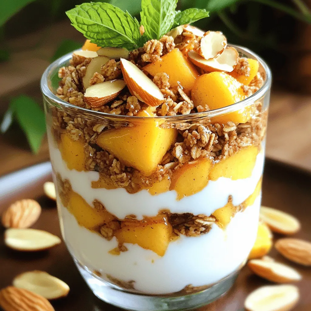 Gather these simple ingredients for your Peach Granola Parfait: - 2 ripe peaches, diced - 1 cup Greek yogurt (vanilla or plain) - 1 cup granola (your choice, preferably with nuts and seeds) - 2 tablespoons honey or maple syrup - 1/2 teaspoon cinnamon - 1/4 cup almond slices (optional) - Fresh mint leaves for garnish Each ingredient plays a key role. The peaches add sweetness and freshness. Greek yogurt gives creaminess and protein. Granola adds crunch and texture. Honey or maple syrup sweetens the mix. Cinnamon gives a warm flavor. Almond slices add a nutty crunch, while mint leaves brighten the dish. You can also explore the [Full Recipe] for more details. To start, gather your ripe peaches. Dice them into small pieces. In a mixing bowl, combine the diced peaches with honey or maple syrup and cinnamon. Gently toss the peaches to coat them well. Let the mixture sit for about 10 minutes. This step helps the flavors meld together nicely. Now, let’s build your parfait. Begin with a spoonful of Greek yogurt at the bottom of a glass or bowl. This layer creates a creamy base. Next, add a layer of the honey-cinnamon peaches on top of the yogurt. Then, sprinkle a generous layer of granola over the peaches. Repeat this layering process: yogurt, peaches, granola, until you reach the top of your glass or bowl. Finish off with a final layer of granola. For a delightful crunch, add almond slices on top. Lastly, garnish with fresh mint leaves for a pop of color and flavor. This simple process makes the Peach Granola Parfait a treat you can enjoy any time. For the full recipe, check out the details above! Use ripe peaches for the best flavor. Ripe peaches taste sweet and juicy. They make each bite special. Choose peaches that feel soft but not mushy. You want them just right. Opt for granola with nuts and seeds for added texture. Look for crunchy bits that will contrast with the creamy yogurt. Nuts add protein and healthy fats. Seeds bring extra nutrients and a nice crunch. Use clear glasses for visual appeal. You want to show off those pretty layers. A clear glass lets the colors shine through. It makes your parfait look fancy. Drizzle additional honey for a glossy finish. A touch of honey on top adds shine. It also makes your parfait sweeter. This small step makes a big impact. You can find the full recipe in the article. {{image_2}} You can easily adjust this recipe to fit your diet. For a vegan treat, use plant-based yogurt and agave nectar instead of honey. This swap keeps the parfait creamy and sweet. If you’re gluten-free, choose gluten-free granola. Many brands offer delicious options that taste great. Get creative with your flavors! You can try different fruits like berries or bananas. Each fruit adds its own unique taste. You might even mix peaches with strawberries for a fun twist. Another great idea is to add a layer of nut butter. Peanut butter or almond butter adds richness and makes the parfait even more filling. Enjoy experimenting with these variations! To keep your peach granola parfait fresh, store it unassembled. This way, the yogurt, peaches, and granola maintain their best texture and flavor. When you have leftovers, refrigerate each part separately. This method helps avoid sogginess in the granola and keeps the yogurt creamy. Enjoy your assembled parfait within a few hours for the best taste. If you need to store components, they can last in the fridge for up to two days. Just remember to mix them together right before serving for the freshest experience. To make a Peach Granola Parfait, you need to follow a few simple steps. First, gather your ingredients: ripe peaches, Greek yogurt, granola, honey or maple syrup, cinnamon, almond slices, and fresh mint leaves. The quality of your ingredients greatly matters. Use ripe peaches for sweetness and flavor. A good Greek yogurt adds creaminess. 1. Start by dicing the peaches and mixing them with honey and cinnamon. Let them sit for 10 minutes to blend flavors. 2. In a glass or bowl, layer Greek yogurt at the bottom. 3. Add a layer of the peach mixture on top of the yogurt. 4. Sprinkle granola over the peaches. 5. Repeat the layers until you fill your glass, finishing with granola on top. 6. Optionally, add almond slices for more crunch. 7. Garnish with fresh mint leaves. This recipe is quick and takes only about 10 minutes to prepare. For full details, check the Full Recipe. Yes, you can replace peaches with many other fruits. Some great options include: - Berries: Strawberries, blueberries, or raspberries add a sweet and tangy taste. - Bananas: They provide a creamy texture and natural sweetness. - Mango: This fruit gives a tropical twist with its juicy flavor. - Pineapple: For a refreshing bite, pineapple works well too. Each fruit brings a unique taste. Choosing ripe fruits ensures the best flavor in your parfait. To make your Peach Granola Parfait healthier, consider these tips: - Substitute honey with a lower-calorie sweetener like agave or stevia. - Use low-fat Greek yogurt instead of full-fat to cut calories. - Add protein by including nuts or seeds. - For fiber, consider adding chia seeds or flaxseeds to your layers. These changes keep the dish tasty while boosting its health benefits. Enjoy your parfait while staying mindful of nutrition! This blog post walked you through making a delicious Peach Granola Parfait. We covered the best ingredients, step-by-step instructions, and handy tips. You learned how to layer flavors for an amazing treat. You can also customize this parfait with different fruits or dietary needs. Remember to store your parfait parts separately for freshness. Enjoy making this tasty and healthy snack that’s perfect for any time of day!