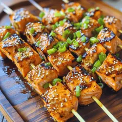 Here’s a detailed list of ingredients you'll need for the Garlic Ginger Salmon Skewers: - 1 lb salmon fillet, cut into 1-inch cubes - 3 cloves garlic, minced - 2 tablespoons fresh ginger, grated - 3 tablespoons soy sauce (or tamari) - 1 tablespoon honey (or maple syrup) - 2 tablespoons sesame oil - 2 green onions, chopped - 1 teaspoon sesame seeds for garnish - Skewers (wooden or metal) Each ingredient adds a punch of flavor to the dish. The salmon brings omega-3 fatty acids and a rich taste. Garlic and ginger create a warm, spicy base that enhances the salmon. Soy sauce adds depth, while honey brings a touch of sweetness. Sesame oil gives a nutty aroma, tying it all together. Be sure to choose fresh ingredients. Fresh salmon will make your skewers juicy. Choose firm, bright fillets, and avoid any that smell fishy. The garlic and ginger should be fresh to ensure full flavor. When it comes to skewers, I recommend using metal ones for easy grilling. If you prefer wooden skewers, soak them in water first. This prevents them from burning on the grill. For the full recipe, you can check out the detailed cooking steps. Enjoy making these skewers! To start, you need to make a flavorful marinade. In a mixing bowl, whisk together: - 3 cloves garlic, minced - 2 tablespoons fresh ginger, grated - 3 tablespoons soy sauce - 1 tablespoon honey - 2 tablespoons sesame oil This mix brings a sweet and savory taste to the salmon. To ensure full flavor, let the marinade sit for a few minutes. This allows the garlic and ginger to release their strong aromas. You can even add a pinch of pepper for a little kick. Next, marinate the salmon cubes. Place 1 lb of salmon, cut into 1-inch cubes, into the bowl with the marinade. It's crucial to coat each piece well. Cover the bowl and let it sit in the fridge for at least 30 minutes. This time allows the flavors to seep into the fish, making it juicy and tasty. Remember, the colder the salmon, the better the marinade sticks to it. Now, it’s time to grill. Preheat your grill or grill pan over medium-high heat. If you use wooden skewers, soak them in water for 20 minutes. This step prevents burning. Thread the marinated salmon cubes onto the skewers. Leave a small space between pieces for even cooking. Place the skewers on the grill. Cook for about 3-4 minutes on each side. Watch for nice grill marks. They show the salmon is cooked through. Once done, take them off the grill. You can sprinkle chopped green onions and sesame seeds on top for a nice touch. For the full recipe, refer to the complete instructions above. To check if your salmon is cooked just right, look for these signs: - The salmon should flake easily with a fork. - It should be opaque and not shiny. - The internal temperature should reach 145°F. For grilling, I suggest using direct heat. Preheat your grill to medium-high. If you have wooden skewers, soak them in water first. This helps prevent burning. Cook each side for about 3-4 minutes. This gives you a nice char without overcooking the fish. You can make your dish even tastier. Add spices like cumin or paprika to the marinade. Fresh herbs like cilantro or parsley can also add a nice twist. If you want a sweeter taste, use more honey or maple syrup. If you prefer tangy, add a splash of lime juice. Adjust these ingredients to fit your taste. Plating is key for a great meal. Use a clean, white plate to show off the colors of the salmon. Arrange the skewers in a fan shape for a nice look. For garnish, sprinkle chopped green onions and sesame seeds on top. This adds color and flavor. You can also serve with a side of steamed rice or a fresh salad for a complete meal. {{image_2}} You can use shrimp or tofu in place of salmon. Both options bring great taste. Shrimp cooks quickly, so keep an eye on it. Grill shrimp for about 2-3 minutes per side. If you choose tofu, use firm or extra-firm tofu. Cut it into cubes and marinate just like the salmon. Tofu may need a bit more time on the grill, about 4-5 minutes per side. Citrus juices like lemon or lime can brighten the dish. Adding these juices to your marinade will enhance the flavor. You can also try other marinades. A splash of soy sauce with a hint of honey works well. If you want heat, add sriracha for a spicy kick. Just a small amount can change everything. Start with a teaspoon and adjust to your taste. Fresh vegetables can make your skewers even better. Try bell peppers, zucchini, or cherry tomatoes. These add color and crunch. You can also change your flavors based on the seasons. In spring, use fresh herbs like basil or cilantro. In autumn, think about adding roasted squash or sweet potatoes. Each season gives you a new chance to shine in the kitchen. For the full recipe, check out the Garlic Ginger Salmon Skewers. To keep your Garlic Ginger Salmon Skewers fresh, follow these tips: - Cool Them Down: Let the skewers cool to room temperature first. - Use Airtight Containers: Place them in a clean, airtight container. This helps keep moisture in. - Refrigerator Storage: Store in the fridge for up to three days. - Freezer Storage: For longer storage, wrap them tightly in plastic wrap and foil. They can last in the freezer for up to three months. Reheating salmon can be tricky. Here’s how to do it right: - Oven Method: Preheat your oven to 275°F (135°C). Place the skewers on a baking sheet. Heat for about 10 minutes. This keeps the salmon moist. - Skillet Method: Heat a skillet over medium heat. Add a splash of water or broth. Cook for about 3-5 minutes, covering the pan. This method also keeps the salmon juicy. - Microwave Tips: If using a microwave, place skewers on a microwave-safe plate. Cover with a damp paper towel. Heat in short bursts of 30 seconds to avoid drying out. Safety Tip: Always ensure seafood is reheated to an internal temperature of 145°F (63°C) to remain safe to eat. You should marinate the salmon for at least 30 minutes. This time allows the flavors from the garlic and ginger to soak into the fish. If you have extra time, you can marinate it for up to two hours. Just remember, the longer it sits, the more intense the flavor becomes. But don't go beyond two hours, as the fish can start to break down from the acid in the marinade. Yes, you can use frozen salmon! Just make sure to thaw it completely before marinating. Thawing ensures that the marinade coats the fish evenly. You can leave the salmon in the fridge overnight or run it under cold water for quicker thawing. Once thawed, cut it into cubes and follow the recipe as usual. Many side dishes go well with these skewers. Here are a few ideas: - Steamed rice: A classic choice that balances the flavors. - Quinoa salad: Adds a nutty taste and extra protein. - Grilled vegetables: Zucchini, bell peppers, or asparagus complement the dish well. - Fresh salad: A light salad with greens, cucumber, and a simple dressing brightens the meal. Feel free to mix and match to find your favorite pairings. For the full recipe, check out the section above. In this post, I covered how to make Garlic Ginger Salmon Skewers. We explored the key ingredients, from fresh salmon to savory seasonings. You learned how to prepare a flavorful marinade and the importance of perfect grilling. I also shared tips for cooking, enhancing flavors, and presenting your dish beautifully. In the end, enjoy experimenting with variations or alternative proteins. Your culinary adventure starts here. Happy grilling!