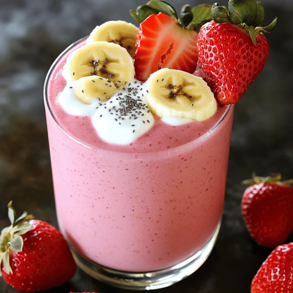 - 1 cup fresh strawberries, hulled and chopped - 1 ripe banana, sliced - 1/2 cup Greek yogurt (plain or vanilla) - 1/2 cup almond milk (or any milk of your choice) - 1 tablespoon honey or maple syrup (optional for sweetness) - 1 tablespoon chia seeds (for added nutrition) - A pinch of cinnamon (for flavor enhancement) - Ice cubes (optional, for a chilled smoothie) When I make a strawberry banana smoothie, I love using fresh, ripe ingredients. Fresh strawberries taste sweet and bright, while ripe bananas add creaminess. Greek yogurt gives it a nice, thick texture and protein. I often choose almond milk, but any milk works great! If you want to add a bit of sweetness, honey or maple syrup does the trick. Chia seeds are a favorite of mine; they pack a nutritious punch. A pinch of cinnamon elevates the flavor. If you like your smoothie cold, toss in some ice cubes. Strawberries are full of vitamins and antioxidants. They can help your heart and skin. Bananas are rich in potassium, which is great for your muscles. Plus, they provide energy and fiber. Greek yogurt offers protein and probiotics. This helps with digestion. Chia seeds are tiny but mighty. They add fiber, omega-3s, and calcium. Mixing these ingredients gives you a tasty treat that’s also good for you. For the full recipe, check out the Strawberry Banana Bliss Smoothie . You will love how easy it is to whip up this healthy drink! To start, you need to hull and chop the strawberries. Hold the strawberry firmly. Use a sharp knife to cut off the green top. Then, slice the berry into small pieces. This makes blending easier. Next, let’s slice the banana. Peel it first. Then, place it on a cutting board. Cut it into thin slices. This helps it mix well in the blender. Now, measure out all your ingredients. You will need: - 1 cup fresh strawberries, hulled and chopped - 1 ripe banana, sliced - 1/2 cup Greek yogurt (plain or vanilla) - 1/2 cup almond milk (or any milk of your choice) - 1 tablespoon honey or maple syrup (optional for sweetness) - 1 tablespoon chia seeds (for added nutrition) - A pinch of cinnamon (for flavor enhancement) - Ice cubes (optional, for a chilled smoothie) Add these ingredients to your blender. Make sure to pour in the milk and yogurt first. This helps the blades move smoothly. To get the perfect smoothie, blend on high speed. Stop the blender once in a while. Scrape down the sides to mix everything well. This ensures all your strawberries and bananas blend nicely. If you want a thicker smoothie, add more yogurt. For a thinner one, pour in a bit more milk. You can also toss in ice cubes for a colder drink. Make sure everything is well blended. You want it smooth and creamy without lumps. For serving, choose tall glasses or fun bowls. You can garnish with whole strawberries or banana slices on top. It looks pretty and adds extra flavor! Pair your smoothie with a healthy snack, like whole-grain toast or nuts. This makes a balanced treat. Enjoy your smoothie any time of the day. It’s great for breakfast, a snack, or even dessert! For the full recipe, check out the Strawberry Banana Bliss Smoothie. You can make your strawberry banana smoothie unique and tasty. Try different fruits like mango, blueberries, or peaches. They add fun flavors. If you want to make it sweeter, use agave syrup or coconut sugar instead of honey. Adding greens can boost the nutrition. Spinach or kale blends well without changing the taste. You can also add protein boosters like peanut butter, protein powder, or Greek yogurt to keep you full longer. Each option makes your smoothie special. Avoid over-blending. This can make your smoothie too runny. Blend just enough to mix well. On the flip side, under-blending leaves chunks. Aim for a smooth, creamy mix. Watch the liquid amount. Too much liquid can thin out your smoothie. Start with a little, and add more if needed. Lastly, always taste your smoothie before serving. Adjust sweetness or flavor to your liking. It’s the final touch for a great drink. For the complete details on making this delightful smoothie, check the Full Recipe. {{image_2}} If you're looking for dairy-free options, try using coconut yogurt instead of Greek yogurt. Coconut yogurt gives your smoothie a creamy texture and adds a subtle tropical flavor. It's perfect for those who want to avoid dairy. You can also choose almond milk, oat milk, or soy milk. These are great alternatives for anyone with lactose intolerance or dairy allergies. Each milk will bring its own unique taste and texture to your smoothie. To boost the flavor, consider adding a splash of vanilla extract or a pinch of nutmeg. Vanilla adds sweetness and depth, while nutmeg gives a warm hint that pairs well with bananas. You can also mix in peanut butter or almond butter for a nutty twist. This not only enhances the taste but also adds healthy fats and protein, making your smoothie more filling. These simple tweaks can make your strawberry banana smoothie even more delicious and satisfying. To keep your smoothie fresh, store any leftovers in the fridge. Use an airtight container. This helps prevent it from absorbing other flavors. Make sure to drink it within one to two days. If you want to save it longer, consider freezing it. Pour the smoothie into ice cube trays or freezer bags. This way, you can blend them later for a quick treat! A smoothie can last up to 48 hours in the fridge. After that, its taste and quality change. Check for signs that it has gone bad. If you see separation, a strange smell, or mold, it’s time to toss it. Always trust your senses to ensure safety. Yes, you can prepare a Strawberry Banana Smoothie in advance. To do this, chop your strawberries and slice the banana. Store them in an airtight container in the fridge. You can also measure out the yogurt and milk ahead of time. When you're ready to blend, just combine everything in the blender. If you need a substitute for Greek yogurt, try using regular yogurt. You can also use coconut yogurt for a dairy-free option. Silken tofu adds creaminess too. All these options keep the smoothie thick and tasty. To make your smoothie thicker, use less liquid or add more fruit. Frozen bananas instead of fresh ones create a nice texture. Adding oats or nut butter can also increase the thickness. These options blend well and enhance the flavor too. For the full recipe, check out the complete details above! Making a strawberry banana smoothie is simple and fun. You learned the best ingredients and their health benefits. I shared steps to prepare, blend, and serve your smoothie perfectly. You also discovered tips to customize flavors and avoid common mistakes. Finally, I covered how to store leftovers so nothing goes to waste. Experiment with different fruits and flavors. Enjoy the process and feel good about your healthy choice! You can make a delicious smoothie in no time.