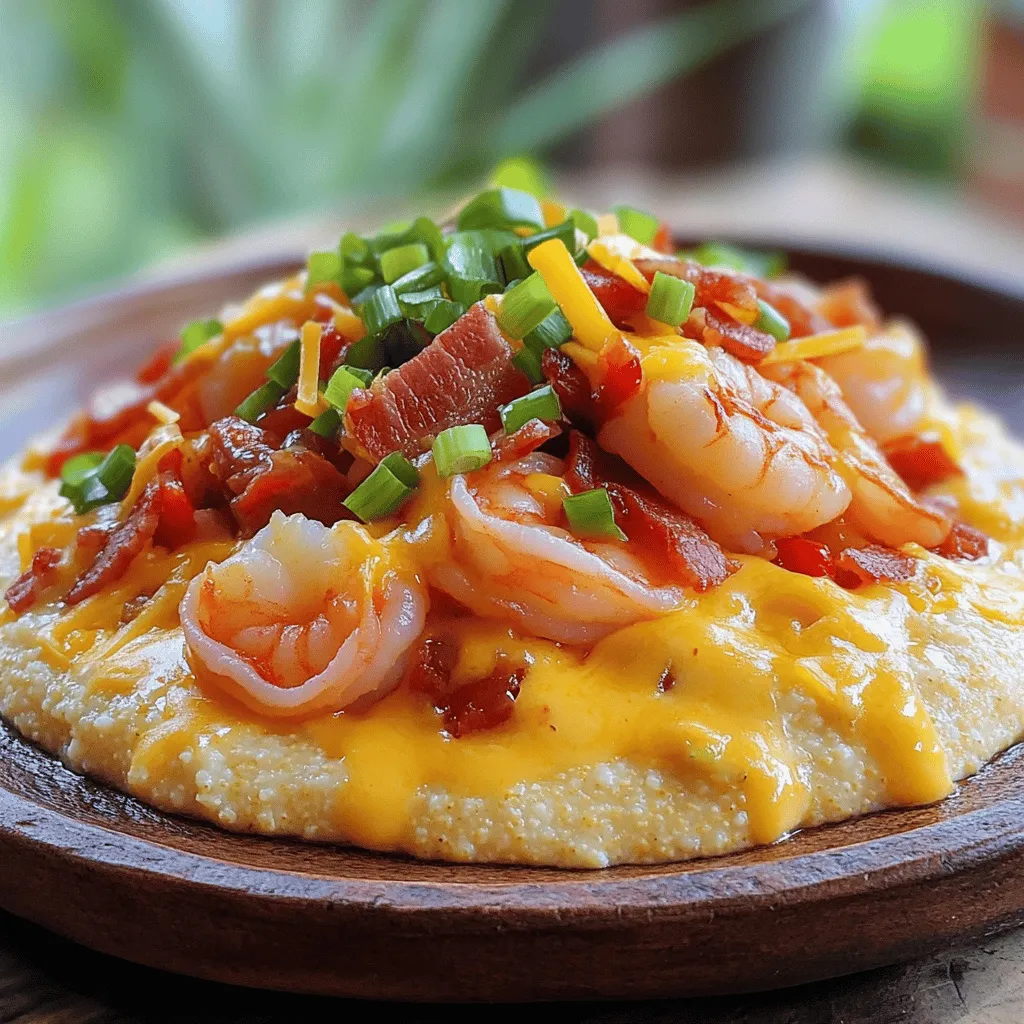 - 1 pound large shrimp, peeled and deveined - 1 cup stone-ground grits - 4 cups chicken broth - 1 cup shredded sharp cheddar cheese - 1 teaspoon smoked paprika - 1/2 teaspoon cayenne pepper (adjust to taste) - 4 tablespoons unsalted butter - 4 slices of crispy turkey bacon, chopped - 1 small onion, finely chopped - 2 cloves garlic, minced - 1 red bell pepper, diced - Salt and pepper to taste - 2 green onions, sliced (for garnish) Shrimp and grits needs fresh and quality ingredients. Start with large shrimp, peeled and deveined. They bring a sweet and tender bite. Next, use stone-ground grits. They cook up creamy and give a nice texture. For the broth, chicken broth is best. It adds flavor that makes every bite shine. Cheddar cheese is key. It melts into the grits, adding a rich taste. Smoked paprika gives a warm, smoky note. For some heat, add cayenne pepper to your liking. Don’t forget the extras! Butter makes the grits rich. Crispy turkey bacon adds crunch and taste. Onions and bell peppers give sweetness and color. Garlic adds depth, while green onions finish it off with freshness. These ingredients make the dish comforting and full of flavor. For a complete guide, check the full recipe. - Bring chicken broth to a boil. - Gradually whisk in the grits and cook until creamy. To start, you want to bring four cups of chicken broth to a rolling boil. Use a medium saucepan for this. Once boiling, slowly whisk in one cup of stone-ground grits. This helps to avoid clumps. Lower the heat to low and let them cook. Stir the grits every few minutes. This keeps them from sticking and helps them get nice and creamy. Cook for about 20 to 25 minutes, or until they are tender. - Sauté onion and bell pepper. - Add garlic and shrimp; cook until shrimp are pink. In a large skillet, cook four slices of chopped turkey bacon over medium heat until crispy. Remove the bacon and leave the drippings in the pan. Add one small chopped onion and one diced red bell pepper to the skillet. Sauté them for about five minutes until soft. Then, add two minced garlic cloves and cook for another minute. Now, toss in one pound of peeled and deveined shrimp. Season with one teaspoon of smoked paprika, half a teaspoon of cayenne pepper, salt, and pepper. Cook for three to four minutes, stirring often, until the shrimp turn pink and opaque. - Stir in butter and cheddar cheese to grits. - Mix in crispy turkey bacon and seasoning. Once your grits are creamy, mix in four tablespoons of unsalted butter and one cup of shredded sharp cheddar cheese. Stir until everything is melted and well combined. Season the grits with salt and pepper to taste. Finally, add the crispy turkey bacon back into the skillet with the shrimp. Toss everything together to make sure all the flavors blend well. Serve your cheesy grits on a plate, topped with the shrimp mixture. For a fresh touch, add sliced green onions on top. You can find the full recipe [here](link). - Use stone-ground grits for the best texture. - Stir occasionally for creamy consistency. To make perfect grits, I always go for stone-ground grits. They have a rich, nutty flavor. Regular grits just do not compare. After boiling the chicken broth, slowly whisk in the grits. This helps them cook evenly. Remember to stir every few minutes. This keeps them from sticking and makes them smooth. - Avoid overcooking shrimp to maintain tenderness. - Ensure seasoning is well balanced. When cooking shrimp, timing is key. Cook them just until they turn pink. Overcooking makes them tough. I season the shrimp with smoked paprika and cayenne. This gives a nice kick, but you can adjust the spice to your liking. - Serve with fresh green onions for garnish. - Pair with a side salad or vegetables. For a beautiful plate, add a sprinkle of green onions on top. They add color and a fresh taste. You can also serve shrimp and grits with a crisp salad or roasted veggies. This makes for a well-rounded meal. {{image_2}} You can easily switch up the cheese in your shrimp and grits. Instead of sharp cheddar, try using pepper jack for a spicy kick. Gouda is also a great choice; it adds a smooth, creamy flavor. Feel free to mix and match until you find your favorite. Adjusting the spice level is simple. If you want a milder dish, cut the amount of cayenne pepper. You can also leave it out entirely. On the other hand, if you crave more heat, add an extra pinch or two. Always taste as you go to find the right balance. Shrimp is fantastic, but you can try other proteins too. Andouille sausage gives a great smoky flavor. Chicken is another option if you prefer poultry. Both alternatives work well and keep the dish hearty and satisfying. Keep your shrimp and grits in an airtight container in the refrigerator. This helps keep them fresh and safe. They can last for about three days. You can reheat your leftovers in two ways. Use the microwave for a quick fix. If you want a better texture, heat them on the stove. Add a splash of broth to keep the grits creamy. Freezing shrimp and grits is not recommended. Grits can change texture when frozen. They may become grainy or watery. It’s best to enjoy them fresh. Yes, but adjust cooking time according to package instructions. Quick-cooking grits save time. They cook faster, but they may not have the same depth of flavor or texture. The stone-ground grits give a heartier bite. If you choose quick-cooking, stir carefully to avoid lumps. It pairs well with collard greens, a salad, or cornbread. Collard greens add a nice crunch and earthy taste. A fresh salad complements the dish with crispness. Cornbread offers a sweet contrast to the savory shrimp and grits. You can also add pickled vegetables for extra zest. Ensure all ingredients, including the chicken broth, are gluten-free. Most grits are naturally gluten-free, but double-check labels. Use gluten-free chicken broth for the best flavor. This way, anyone can enjoy the dish without worry. Access the full recipe [Spicy Shrimp & Cheesy Grits Delight] for further details. Shrimp and grits is a delicious dish with many layers. You learned about key ingredients like shrimp, grits, cheese, and veggies. You can create a creamy texture by using stone-ground grits and proper cooking techniques. I shared tips for perfecting both the grits and shrimp, along with fun variations and serving ideas. This dish is easy to customize, making it perfect for any meal. Now, go ahead and try making this comforting meal at home!