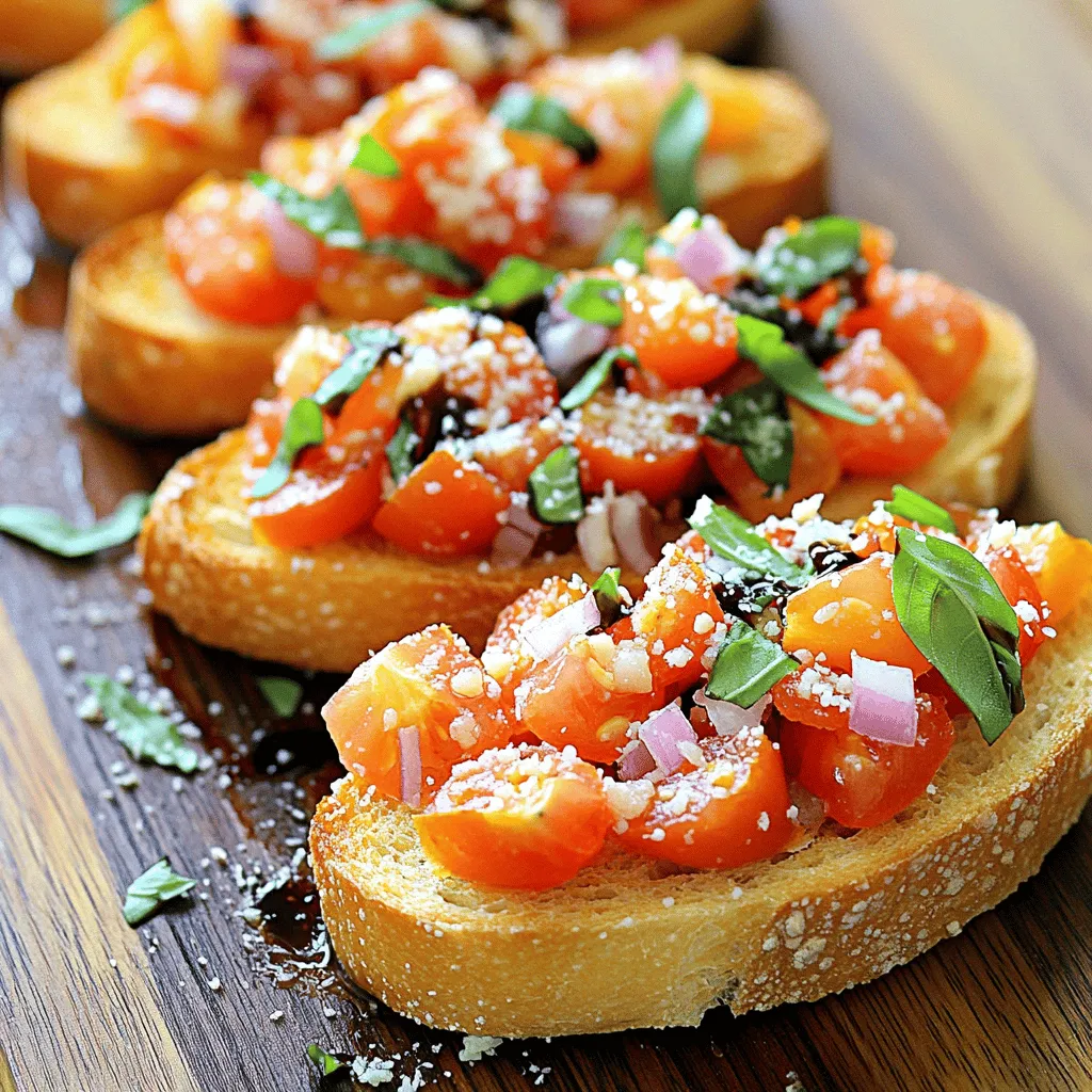 To make a tasty Tomato and Basil Bruschetta, you need simple, fresh ingredients. Here are the essentials: - 4 ripe tomatoes, diced - 1 cup fresh basil leaves, chopped - 2 cloves garlic, minced - 1/4 cup red onion, finely chopped - 1 tablespoon balsamic vinegar - 1 tablespoon olive oil - Salt and pepper to taste - 1 baguette, sliced - 1/4 cup grated Parmesan cheese (optional) These ingredients create a bright and flavorful topping for your bread. Feel free to add your own twist to the bruschetta. Here are some optional ingredients you might like: - Fresh mozzarella, diced - Cherry tomatoes, halved - A pinch of crushed red pepper for heat - Different herbs like oregano or parsley You can mix and match these to find your perfect flavor. If you're missing some ingredients, don't worry! Here are some easy swaps: - Use canned tomatoes if fresh ones aren't available. - Swap basil for spinach or arugula for a different green. - Red onion can be replaced with shallots for a milder taste. - Any crusty bread can work instead of a baguette. These substitutions keep your bruschetta delicious and accessible, no matter what you have on hand. For the full recipe, check out the link provided. Start by gathering all your ingredients. You will need ripe tomatoes, fresh basil, garlic, red onion, balsamic vinegar, olive oil, salt, and pepper. Dice the tomatoes and chop the basil. Mince the garlic and finely chop the red onion. In a medium bowl, mix all these ingredients together. Then, add balsamic vinegar, olive oil, salt, and pepper. Stir well to combine. Let this mix sit for about 10 minutes. This helps the flavors blend nicely. While the tomato mix marinates, it’s time to toast the baguette. Preheat your oven to 400°F (200°C). Slice the baguette into pieces about one inch thick. Place the slices on a baking sheet. Brush each slice lightly with olive oil for a nice crunch and flavor. Toast them in the oven for about 5-7 minutes. You want them golden brown and crisp but not burnt. Now comes the fun part—assembly! Take the toasted baguette slices from the oven. Let them cool slightly, then top each slice with a generous spoonful of the marinated tomato and basil mix. If you like, sprinkle some grated Parmesan cheese on top for extra taste. Serve immediately for the best flavor. Enjoy this delicious and fresh bruschetta! For more details, check the Full Recipe. To make the best bruschetta, choose ripe tomatoes. They bring the best flavor. Dice them finely for a nice texture. Fresh basil is key; chop it gently to keep its flavor. Don’t skip the garlic; it adds a lovely kick. Use good olive oil for richness and depth. Let the tomato mix sit for ten minutes. This helps the flavors blend well. Bruschetta pairs well with many dishes. Try it with a light salad or grilled meats. A glass of chilled white wine works great, too. For a fun twist, serve bruschetta on a charcuterie board. Add olives, cheeses, and cured meats for variety. This makes for a beautiful and tasty spread. If you have leftover tomatoes and basil, store them in an airtight container. Use them within two days for best taste. You can add them to pasta or salad for a fresh dish. If you have leftover toasted bread, keep it in a paper bag. It will stay crisp. For the best flavor, top the bread right before serving. For the full recipe, check the [Full Recipe]. {{image_2}} The classic tomato and basil bruschetta is simple and fresh. You can enjoy ripe tomatoes and fragrant basil. However, gourmet bruschetta takes it to another level. You can add unique herbs or spices. Try adding sun-dried tomatoes or a hint of chili flakes. Use a mix of heirloom tomatoes for color and taste. This adds depth and style to your dish. You can switch up your bruschetta based on the season. In summer, use fresh peaches or strawberries. These fruits add a sweet touch. In fall, add roasted butternut squash. It gives a warm, earthy flavor. Winter calls for citrus. Use orange or grapefruit segments for a zing. These variations keep each bite exciting and fresh. Get creative with toppings. Grilled zucchini or eggplant adds a smoky flavor. If you love cheese, try goat cheese or ricotta. You can also sprinkle nuts for crunch. Pine nuts or walnuts work great. Fresh greens like arugula can add a peppery twist. These options help you customize your bruschetta for any meal or mood. For the full recipe, check out the details above. To keep your bruschetta mixture fresh, store it in an airtight container. Place it in the fridge. This helps keep the flavors bright. Use the mixture within three days for the best taste. If you see any liquid, drain it before serving. This keeps the bread from getting soggy. Store your baguette in a paper bag or a bread box. This helps to keep it fresh. Avoid plastic bags, as they can trap moisture and make the bread soft. If you have leftover slices, wrap them in foil. This keeps them from drying out. If the bread is hard the next day, you can toast it lightly to revive it. The bruschetta mixture lasts about three days in the fridge. If you want to store it longer, consider freezing it. Place the mixture in a freezer-safe bag. Remove as much air as possible before sealing. It can last up to three months in the freezer. To use, let it thaw in the fridge overnight. For the bread, you can freeze slices too. Just wrap them well and use them within three months. To make Tomato and Basil Bruschetta, gather your fresh ingredients. You need ripe tomatoes, basil, garlic, and red onion. Mix these in a bowl. Add balsamic vinegar, olive oil, salt, and pepper. Let it all sit for about ten minutes. While it sits, slice a baguette and toast it. Then, top the toasted bread with your tomato mix. Serve right away for the best flavor. You can find the full recipe [here](#). The best bread for bruschetta is a crusty baguette. This bread has a nice crunch when toasted. It holds the toppings well. Other good choices are ciabatta or Italian bread. They both work great too. Choose bread that is fresh for the best taste. You can prepare the tomato mix ahead of time. Just keep it in the fridge for a few hours. Toast the bread just before serving. This keeps it crispy. If you mix the tomatoes too early, the bread may get soggy. So, always toast right before you eat! You learned how to make Tomato and Basil Bruschetta with essential and optional ingredients. Follow step-by-step instructions to prepare, toast, and assemble. Use my tips for perfecting your bruschetta and find great ideas for pairing. Explore variations and know how to store leftovers well. Bruschetta is easy and fun to make. With simple changes, you can impress your guests every time. Enjoy creating your perfect dish!