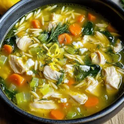 - 1 lb boneless, skinless chicken thighs, diced - 6 cups chicken broth - 1 medium onion, finely chopped - 2 cloves garlic, minced - 2 medium carrots, diced - 2 stalks celery, diced - 1/2 cup orzo pasta - Juice of 2 large lemons - Zest of 1 lemon - 1/4 cup fresh dill, chopped (or 2 tbsp dried dill) - 2 tablespoons olive oil - Salt and pepper to taste In this comforting soup, the chicken shines through, giving it a rich flavor. I love using boneless, skinless chicken thighs. They stay juicy and tender, making every spoonful delicious. The vegetables bring freshness and color. Onion, garlic, carrots, and celery create a nice base. They cook down to sweeten the broth. The chicken broth is the soul of the soup. It adds depth and enhances the flavors. You can use homemade broth or store-bought, but I prefer the homemade kind for the best taste. - 4 cups baby spinach (optional for garnish) - 1/4 cup feta cheese, crumbled (optional for garnish) Spinach adds a lovely green touch. It also packs in extra nutrients. If you want a little creaminess, sprinkle feta cheese on top. It melts slightly and gives a nice salty contrast. These optional ingredients are great for personalizing your soup. You can add or skip them based on your taste. For the Full Recipe, follow the steps to create this delightful dish. Start by sautéing the aromatics. In a large pot, heat 2 tablespoons of olive oil over medium heat. Add 1 medium onion, finely chopped, along with 2 medium carrots and 2 stalks of celery, both diced. Cook these veggies until they soften, which takes about 5 to 7 minutes. This step builds a strong base for your soup. After that, stir in 2 cloves of minced garlic and cook for another minute. This will enhance the soup's flavor and aroma. Next, it's time to cook the chicken. Add 1 pound of diced boneless, skinless chicken thighs to the pot. Season the chicken with salt and pepper. Cook it until it turns golden brown on all sides, which should take about 5 to 6 minutes. Browning the chicken adds depth to the soup's flavor, so don’t skip this step. Now, pour in 6 cups of chicken broth and bring the mixture to a boil. Once you see bubbles, reduce the heat to low. Let it simmer for about 10 minutes. This allows the chicken to cook through and the flavors to meld. Check the chicken for doneness; it should be cooked all the way through. It's time to add the orzo. Stir in 1/2 cup of orzo pasta and let the soup simmer for another 8 to 10 minutes. You want the pasta to be al dente, meaning it should have a slight bite to it. Stir occasionally to keep the orzo from sticking to the bottom of the pot. Once the orzo is cooked, remove the pot from heat. Stir in the juice of 2 large lemons, the zest of 1 lemon, and 1/4 cup of chopped fresh dill. This brightens the soup and adds a fresh flavor. Taste the soup and adjust the seasonings with more salt and pepper if needed. For a lovely finish, gently stir in 4 cups of baby spinach until it wilts. Ladle the soup into bowls and garnish with 1/4 cup of crumbled feta cheese if you like. This adds a creamy texture and a salty kick that complements the soup well. Enjoy your Greek Lemon Chicken Soup! You can find the full recipe [here](#). Using homemade broth is best for this soup. It gives a rich taste that store-bought broth lacks. If you want to save time, store-bought is fine. Just look for low-sodium options. Infuse flavor with fresh herbs. Dill is classic in Greek cooking. Toss in a handful of fresh dill at the end. You can also add parsley or thyme for different notes. Soggy pasta can ruin your soup. To avoid this, cook orzo separately. Add it to the bowl just before serving. This keeps it firm and tasty. If your soup is too thick, add more broth. Stir gently until it reaches the right consistency. You want it to be hearty but not like stew. For fast prep, use a sharp knife. A good chef's knife can save time on chopping. One-pot cooking is key for easy cleanup. Start with aromatics, then add chicken and broth all in one pot. This method builds flavor as you go. For a full guide on making this dish, check out the Full Recipe. {{image_2}} You can change up the protein in Greek lemon chicken soup. Instead of chicken, try turkey or even shrimp. These swaps give a new twist while keeping the soup light. You can also skip meat and use chickpeas for a hearty option. For vegetables, mix in some zucchini or bell peppers. They add color and flavor without changing the dish much. You can also use kale instead of spinach. Each choice brings a fresh taste. Want a kick? Add some red pepper flakes or smoked paprika. These spices can elevate the soup to a new level. If you prefer creamy textures, stir in some heavy cream or Greek yogurt. This change provides a rich twist that many love. You can also go lighter with just the broth. This keeps it fresh and bright, perfect for a warm day. Greek lemon chicken soup varies across regions in Greece. In some areas, cooks add rice instead of orzo. Others use different herbs, like mint, for a unique touch. Each region gives this soup its own charm. Pair your soup with traditional sides. Fresh bread or a Greek salad makes a great match. You could also serve olives or feta on the side. These additions create a complete meal. For the full recipe, check out [Full Recipe]. Store your Greek Lemon Chicken Soup in an airtight container. This keeps it fresh and flavorful. You can refrigerate it for up to four days. To ensure the best taste, try to eat it within this time. To freeze the soup, let it cool completely. Then, pour it into freezer-safe containers. Leave some space at the top for expansion. It can last up to three months in the freezer. When you want to eat it, thaw it overnight in the fridge. To reheat, pour the soup into a pot. Warm it on the stove over medium heat. Stir it often to heat evenly. You can also microwave it in a bowl, stirring every minute until hot. When you're ready to serve, reheat gently to keep the flavors bright. Avoid boiling it, as this can change the taste. If you need to add a splash of fresh lemon juice or dill, do this right before serving. This helps maintain the soup's vibrant flavor. Greek Lemon Chicken Soup, also known as Avgolemono, has roots in ancient Greece. It combines chicken, lemon, and egg into a comforting dish. Greeks enjoy this soup during family gatherings and special occasions. It reflects their love for fresh, simple ingredients. Yes, you can make this soup ahead of time. It stores well in the fridge for up to three days. To keep the flavors fresh, add the orzo just before serving. This prevents the pasta from becoming mushy. Pair this soup with several tasty sides. Consider a Greek salad for a fresh crunch. Crusty bread, like a baguette, also complements the soup. You can dip it into the warm broth for extra flavor. Greek Lemon Chicken Soup is quite healthy. It contains lean protein from chicken and lots of veggies. The lemon adds vitamin C, while the herbs boost flavor without extra calories. It can fit into many diets, including Mediterranean and low-carb. For the full recipe, check out the complete instructions and ingredients to make this vibrant soup at home. In this blog post, we covered how to make Greek Lemon Chicken Soup. We explored the main ingredients, step-by-step instructions, and useful tips for flavor and texture. We also shared variations and storage info to help you adapt the recipe. Greek Lemon Chicken Soup is a comforting dish packed with flavor and nutrition. You can enjoy it fresh or store it for later. Try it out, and feel the warmth in every spoonful!