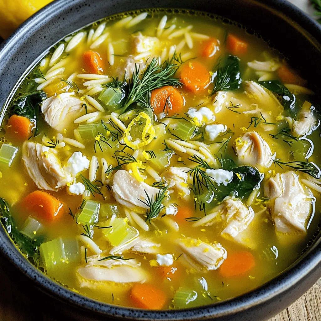 - 1 lb boneless, skinless chicken thighs, diced - 6 cups chicken broth - 1 medium onion, finely chopped - 2 cloves garlic, minced - 2 medium carrots, diced - 2 stalks celery, diced - 1/2 cup orzo pasta - Juice of 2 large lemons - Zest of 1 lemon - 1/4 cup fresh dill, chopped (or 2 tbsp dried dill) - 2 tablespoons olive oil - Salt and pepper to taste In this comforting soup, the chicken shines through, giving it a rich flavor. I love using boneless, skinless chicken thighs. They stay juicy and tender, making every spoonful delicious. The vegetables bring freshness and color. Onion, garlic, carrots, and celery create a nice base. They cook down to sweeten the broth. The chicken broth is the soul of the soup. It adds depth and enhances the flavors. You can use homemade broth or store-bought, but I prefer the homemade kind for the best taste. - 4 cups baby spinach (optional for garnish) - 1/4 cup feta cheese, crumbled (optional for garnish) Spinach adds a lovely green touch. It also packs in extra nutrients. If you want a little creaminess, sprinkle feta cheese on top. It melts slightly and gives a nice salty contrast. These optional ingredients are great for personalizing your soup. You can add or skip them based on your taste. For the Full Recipe, follow the steps to create this delightful dish. Start by sautéing the aromatics. In a large pot, heat 2 tablespoons of olive oil over medium heat. Add 1 medium onion, finely chopped, along with 2 medium carrots and 2 stalks of celery, both diced. Cook these veggies until they soften, which takes about 5 to 7 minutes. This step builds a strong base for your soup. After that, stir in 2 cloves of minced garlic and cook for another minute. This will enhance the soup's flavor and aroma. Next, it's time to cook the chicken. Add 1 pound of diced boneless, skinless chicken thighs to the pot. Season the chicken with salt and pepper. Cook it until it turns golden brown on all sides, which should take about 5 to 6 minutes. Browning the chicken adds depth to the soup's flavor, so don’t skip this step. Now, pour in 6 cups of chicken broth and bring the mixture to a boil. Once you see bubbles, reduce the heat to low. Let it simmer for about 10 minutes. This allows the chicken to cook through and the flavors to meld. Check the chicken for doneness; it should be cooked all the way through. It's time to add the orzo. Stir in 1/2 cup of orzo pasta and let the soup simmer for another 8 to 10 minutes. You want the pasta to be al dente, meaning it should have a slight bite to it. Stir occasionally to keep the orzo from sticking to the bottom of the pot. Once the orzo is cooked, remove the pot from heat. Stir in the juice of 2 large lemons, the zest of 1 lemon, and 1/4 cup of chopped fresh dill. This brightens the soup and adds a fresh flavor. Taste the soup and adjust the seasonings with more salt and pepper if needed. For a lovely finish, gently stir in 4 cups of baby spinach until it wilts. Ladle the soup into bowls and garnish with 1/4 cup of crumbled feta cheese if you like. This adds a creamy texture and a salty kick that complements the soup well. Enjoy your Greek Lemon Chicken Soup! You can find the full recipe [here](#). Using homemade broth is best for this soup. It gives a rich taste that store-bought broth lacks. If you want to save time, store-bought is fine. Just look for low-sodium options. Infuse flavor with fresh herbs. Dill is classic in Greek cooking. Toss in a handful of fresh dill at the end. You can also add parsley or thyme for different notes. Soggy pasta can ruin your soup. To avoid this, cook orzo separately. Add it to the bowl just before serving. This keeps it firm and tasty. If your soup is too thick, add more broth. Stir gently until it reaches the right consistency. You want it to be hearty but not like stew. For fast prep, use a sharp knife. A good chef's knife can save time on chopping. One-pot cooking is key for easy cleanup. Start with aromatics, then add chicken and broth all in one pot. This method builds flavor as you go. For a full guide on making this dish, check out the Full Recipe. {{image_2}} You can change up the protein in Greek lemon chicken soup. Instead of chicken, try turkey or even shrimp. These swaps give a new twist while keeping the soup light. You can also skip meat and use chickpeas for a hearty option. For vegetables, mix in some zucchini or bell peppers. They add color and flavor without changing the dish much. You can also use kale instead of spinach. Each choice brings a fresh taste. Want a kick? Add some red pepper flakes or smoked paprika. These spices can elevate the soup to a new level. If you prefer creamy textures, stir in some heavy cream or Greek yogurt. This change provides a rich twist that many love. You can also go lighter with just the broth. This keeps it fresh and bright, perfect for a warm day. Greek lemon chicken soup varies across regions in Greece. In some areas, cooks add rice instead of orzo. Others use different herbs, like mint, for a unique touch. Each region gives this soup its own charm. Pair your soup with traditional sides. Fresh bread or a Greek salad makes a great match. You could also serve olives or feta on the side. These additions create a complete meal. For the full recipe, check out [Full Recipe]. Store your Greek Lemon Chicken Soup in an airtight container. This keeps it fresh and flavorful. You can refrigerate it for up to four days. To ensure the best taste, try to eat it within this time. To freeze the soup, let it cool completely. Then, pour it into freezer-safe containers. Leave some space at the top for expansion. It can last up to three months in the freezer. When you want to eat it, thaw it overnight in the fridge. To reheat, pour the soup into a pot. Warm it on the stove over medium heat. Stir it often to heat evenly. You can also microwave it in a bowl, stirring every minute until hot. When you're ready to serve, reheat gently to keep the flavors bright. Avoid boiling it, as this can change the taste. If you need to add a splash of fresh lemon juice or dill, do this right before serving. This helps maintain the soup's vibrant flavor. Greek Lemon Chicken Soup, also known as Avgolemono, has roots in ancient Greece. It combines chicken, lemon, and egg into a comforting dish. Greeks enjoy this soup during family gatherings and special occasions. It reflects their love for fresh, simple ingredients. Yes, you can make this soup ahead of time. It stores well in the fridge for up to three days. To keep the flavors fresh, add the orzo just before serving. This prevents the pasta from becoming mushy. Pair this soup with several tasty sides. Consider a Greek salad for a fresh crunch. Crusty bread, like a baguette, also complements the soup. You can dip it into the warm broth for extra flavor. Greek Lemon Chicken Soup is quite healthy. It contains lean protein from chicken and lots of veggies. The lemon adds vitamin C, while the herbs boost flavor without extra calories. It can fit into many diets, including Mediterranean and low-carb. For the full recipe, check out the complete instructions and ingredients to make this vibrant soup at home. In this blog post, we covered how to make Greek Lemon Chicken Soup. We explored the main ingredients, step-by-step instructions, and useful tips for flavor and texture. We also shared variations and storage info to help you adapt the recipe. Greek Lemon Chicken Soup is a comforting dish packed with flavor and nutrition. You can enjoy it fresh or store it for later. Try it out, and feel the warmth in every spoonful!