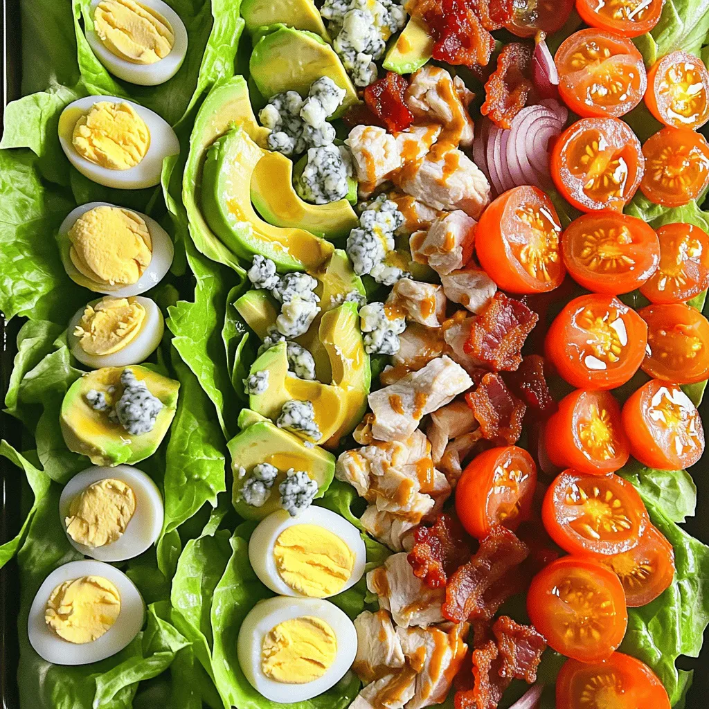 To make a Classic Cobb Salad, you need fresh, quality ingredients. Here’s what you’ll need: - 2 cups romaine lettuce, chopped - 1 cup cooked chicken breast, diced or shredded - 2 hard-boiled eggs, chopped - 1 avocado, sliced - 1 cup cherry tomatoes, halved - 1/2 cup crumbled blue cheese - 1/2 cup cooked bacon bits (optional) - 1/4 cup red onion, thinly sliced - 1/4 cup olive oil - 2 tablespoons red wine vinegar (or lemon juice) - 1 teaspoon Dijon mustard - Salt and pepper to taste You can mix it up a bit with your Cobb Salad. Here are some ideas: - Lettuce: Use mixed greens or spinach instead of romaine. - Protein: Try grilled shrimp, turkey, or tofu for a twist. - Cheese: Feta cheese or goat cheese can replace blue cheese. - Toppings: Add cucumber, radishes, or bell peppers for extra crunch. - Dressing: Swap the dressing for ranch or a vinaigrette you love. Fresh ingredients make a big difference in flavor. Here are my tips for keeping your ingredients fresh: - Lettuce: Wash and dry it just before using. Store it in a sealed bag with a paper towel. - Chicken: Use freshly cooked chicken or rotisserie chicken for best taste. - Eggs: Hard-boil eggs a day ahead for easy prep. Use them cold in the salad. - Avocado: Choose ripe avocados. Slice them just before serving to avoid browning. - Tomatoes: Use fresh, ripe cherry tomatoes for sweetness. These simple tips will help ensure your Cobb Salad tastes amazing. For the full recipe, check out the Crispy Chicken Cobb Salad section. Start by making your dressing. In a large bowl, mix olive oil, red wine vinegar, Dijon mustard, salt, and pepper. Whisk these ingredients well until they blend together. This dressing adds flavor and freshness. Next, grab a separate bowl. Layer the chopped romaine lettuce at the bottom. This will be the base of your salad. Now comes the fun part. Begin to add the toppings in rows over the lettuce. First, place the diced chicken. Then, add the chopped hard-boiled eggs. Follow this with sliced avocado and halved cherry tomatoes. Sprinkle the crumbled blue cheese over the top. If you like bacon, add those bits next. Finally, finish with the thinly sliced red onion. Once everything is in place, drizzle your dressing over the salad. You can also serve it on the side if you want. Gently toss the salad to mix all the ingredients. If you prefer a beautiful look, leave it layered. This makes for an impressive presentation. Layering is key for both taste and presentation. Start with the base, like lettuce. This keeps the greens crisp. Add heavier items next, like chicken and bacon. They won’t crush lighter items like tomatoes and avocado. Make sure to spread ingredients evenly. This way, you get a bite of everything in each forkful. To keep colors bright and appealing, place ingredients in rows. This makes your dish look inviting and fresh. Preparing the dressing is easy. Use good quality olive oil for the best taste. If you prefer a tangy flavor, opt for red wine vinegar. Add Dijon mustard for a slight kick. Adjust salt and pepper to your liking. Whisk all ingredients together until they combine smoothly. Taste it before you serve. If it needs more tang, add a bit more vinegar or lemon juice. Your dressing should enhance the salad without overpowering it. Following these steps will help you create a delicious and beautiful Classic Cobb Salad. For the complete recipe, check out the [Full Recipe]. Serve your Classic Cobb Salad chilled. A chilled salad is crisp and bright. Pair it with warm bread for a nice touch. You can also add a side of fruit for a sweet balance. This salad works great for lunch or dinner. To make your salad look amazing, layer your ingredients neatly. Start with the base of romaine lettuce. Add each topping in rows for color and texture. Use a large bowl or platter to show off the layers. A drizzle of dressing on top adds a nice finish. You can also sprinkle fresh herbs for a pop of color. One common mistake is using wilted lettuce. Always choose fresh, crisp lettuce for the best taste. Don’t skip the dressing; it adds flavor and ties everything together. Avoid over-mixing your salad if you want to keep it pretty. Finally, remember to taste before serving. Adjust the seasoning as needed for a perfect balance. For the full recipe, check out the Crispy Chicken Cobb Salad. {{image_2}} You can make a great Cobb salad without meat. Use hearty greens like kale or spinach. Swap the chicken for chickpeas or beans for protein. Instead of cheese, add nuts or seeds for crunch. Use a vegan dressing made with tahini or avocado to keep it creamy. This way, you enjoy all the flavors without animal products. If you want to change the protein, shrimp or tofu work well. For shrimp, grill or sauté them until they are pink and firm. Toss them on top of your salad with the other ingredients. For tofu, press it to remove excess water, then cube and sauté it until golden. Both options add a tasty twist to your Cobb salad. You can change your Cobb salad with the seasons. In spring, add asparagus or peas for a fresh taste. In summer, use fresh corn or bell peppers for a sweet crunch. In fall, swap in roasted sweet potatoes or apples for a warm feel. In winter, add roasted Brussels sprouts or hearty root vegetables. This keeps your salad interesting all year long. For the full recipe, check out the crispy chicken Cobb salad. To store leftover Cobb salad, place it in an airtight container. This keeps the salad fresh. If you can, separate the dressing from the salad. This helps the ingredients stay crisp. Store it in the fridge. Use it within two days for the best taste. Keep each ingredient in its own container if you want to store leftovers. This way, they stay fresh longer. For the lettuce, wrap it in a dry paper towel. Place it in a plastic bag. This helps control moisture. Store hard-boiled eggs in their shells until you are ready to use them. Avocados should be stored with a cut side facing down, covered tightly. If you have cooked chicken or bacon, reheat them gently. Use the microwave on low power. This keeps them moist. Avoid overcooking, as this will dry them out. If you plan to serve the salad cold, skip reheating. Enjoy the fresh taste instead. For more details on making Cobb Salad, check the Full Recipe. The Classic Cobb Salad comes from a famous restaurant in Hollywood. It was created in the 1930s by Bob Cobb, the owner of Brown Derby. He made this salad late one night using leftovers. The dish quickly gained fame and became a staple in American cuisine. It features a mix of fresh ingredients, making it a colorful and tasty option. Yes, you can prepare Cobb Salad in advance. To do this, keep the dressing separate until you are ready to serve. You can chop the vegetables and cook the chicken ahead of time. Store the ingredients in airtight containers. This way, they stay fresh and crisp. Assemble the salad when you are ready to enjoy it. You can easily customize the dressing for your Cobb Salad. Start with a base of olive oil and vinegar. Then, add your favorite herbs or spices. You can use lemon juice for a tangy taste. Try adding honey for sweetness or garlic for extra flavor. Mixing different ingredients lets you create a dressing that suits your taste. For the full recipe, check out the Crispy Chicken Cobb Salad 🥗. In this article, we explored classic Cobb salad ingredients and tips for freshness. I shared step-by-step instructions to help you prepare it perfectly. You learned how to layer ingredients and make a great dressing. We discussed variations, including vegan options and seasonal twists, along with storage tips for leftovers. Cobb salad is fun to customize and share. With these tips, you'll impress anyone at your table! Enjoy making your salad and experimenting with flavors.