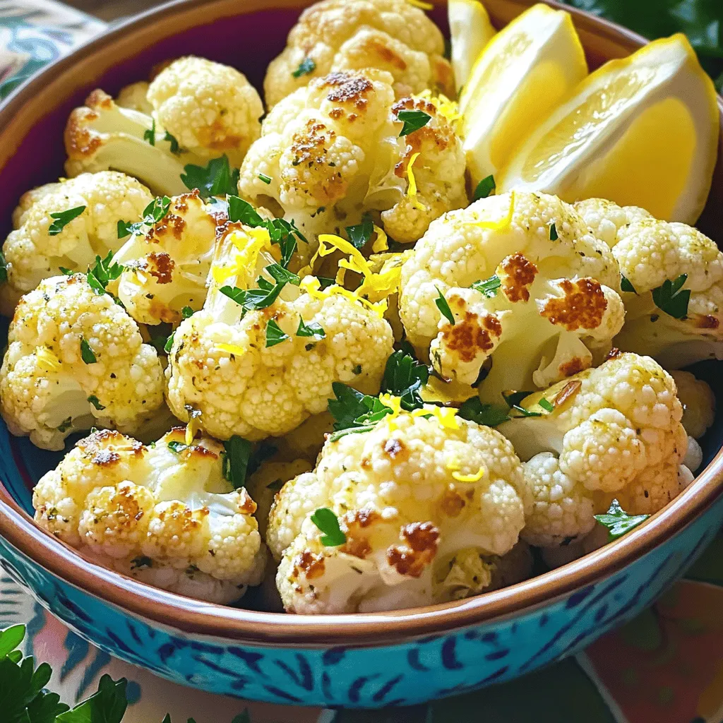 - 1 large head of cauliflower, cut into florets - 3 tablespoons olive oil - Zest of 1 lemon - 2 tablespoons fresh lemon juice - 2 teaspoons garlic powder - 1 teaspoon smoked paprika - 1 teaspoon dried oregano - 1 teaspoon dried thyme - Salt and pepper to taste - Fresh parsley for garnish When measuring out ingredients, use dry measuring cups for solid items. For liquids, use a liquid measuring cup. This way, you ensure your ratios are just right. If you don't have measuring spoons, a tablespoon is about the size of a cap from a soda bottle. Get creative with what you have! Fresh herbs bring bright flavor. They add a pop of color too. Use about three times as much fresh herbs if you choose them over dried. For this recipe, I love using fresh parsley for garnish. Dried herbs are convenient and can be just as tasty. They pack a punch in flavor, especially in roasted dishes like this one. So, whether you choose fresh or dried, you will enjoy the zesty taste! Start by washing the cauliflower head. Remove the leaves and stem. Cut it into small florets. Aim for even sizes for even cooking. Place the florets in a large bowl. This step helps the flavors stick well. In the same bowl, add the olive oil, lemon zest, and lemon juice. Sprinkle in garlic powder, smoked paprika, oregano, thyme, salt, and pepper. Mix everything well until each floret is coated. This mix makes the cauliflower zesty and flavorful. Now, spread the florets on a lined baking sheet. Make sure they are in a single layer. This helps them roast evenly. Preheat your oven to 425°F (220°C). Roast the cauliflower for 25-30 minutes. Stir halfway through for even browning. When done, it should be golden and tender. Let it cool for a few minutes. Transfer to a serving dish and garnish with parsley. For the full recipe, check the earlier section. To get that perfect roast, preheat your oven to 425°F (220°C). This hot temperature helps the cauliflower brown nicely. Spread the florets in a single layer on the baking sheet. Crowding them makes steaming happen instead of roasting. Stir them halfway through cooking. This ensures even roasting and browning. Keep an eye on them, as every oven is different. Your goal is tender florets with golden edges. You can easily change the flavor of your roasted cauliflower. Add your favorite spices to the mix. Want heat? Try adding a pinch of cayenne pepper or chili powder. For a cheesy twist, sprinkle in some nutritional yeast. You can also swap herbs. Fresh herbs like basil or cilantro offer a new taste. Experiment and find what you love best! To make your dish shine, serve the roasted cauliflower in a bright bowl. A sprinkle of extra lemon zest on top adds color and zest. Fresh parsley is a great touch, too. You can serve lemon wedges on the side. This allows everyone to add more lemon if they like. This makes for a fresh and vibrant side dish alongside grilled meats or a grain bowl. You can find the Full Recipe for Zesty Lemon-Herb Roasted Cauliflower above. {{image_2}} You can easily make this dish vegan and gluten-free. The ingredients in Zesty Lemon-Herb Roasted Cauliflower are naturally vegan. All the herbs and spices are gluten-free too. This side dish fits well in many diets. Enjoy it without worry! Want to add some heat? Toss in some red pepper flakes before roasting. This gives the dish a warm kick. If you prefer a cheesy flavor, sprinkle some grated Parmesan cheese on top after roasting. Both ways add a fun twist! Cauliflower is great, but you can use other veggies too. Try broccoli or Brussels sprouts for a different taste. Sweet potatoes also roast well and add sweetness. Each option creates a unique flavor and texture. Enjoy experimenting with your favorite vegetables! After you enjoy your zesty lemon-herb roasted cauliflower, store leftovers in an airtight container. This helps keep the flavors fresh. Place the container in the fridge. Try to eat them within three days for the best taste. To reheat, use your oven for the best results. Set it to 350°F (175°C). Spread the cauliflower on a baking sheet and warm for about 10-15 minutes. This method keeps the cauliflower crispy. You can also use a microwave if you're in a hurry. Just heat for one to two minutes. You can freeze roasted cauliflower, but it may lose some texture. First, let it cool completely. Then, place it in a freezer-safe bag. Remove as much air as possible to avoid freezer burn. It will last up to three months. When you’re ready to eat, thaw it in the fridge before reheating. For cooking, remember to check the Full Recipe for more tips. To cut cauliflower well, start by removing the leaves and stem. Place the head on a cutting board. Slice it into even quarters. Then, cut each quarter into bite-sized florets. Aim for pieces that are about the same size. This helps them cook evenly. Yes, you can use frozen cauliflower. However, thaw it first and pat it dry. This removes excess moisture. Roasting frozen cauliflower may take a little longer. Keep an eye on it to achieve that perfect golden color. To make this dish a complete meal, pair it with a protein. Grilled chicken or chickpeas work well. You can also add cooked quinoa or rice for extra texture. Toss in some leafy greens for added nutrients. This way, you create a balanced and satisfying plate. For the full recipe, check out the Zesty Lemon-Herb Roasted Cauliflower section. This includes all the steps and tips to make it perfect. In this post, we explored the best ways to prepare roasted cauliflower. We covered key ingredients, how to measure them, and the choice between fresh and dried herbs. The step-by-step guide makes prepping and roasting easy. I shared tips for perfect results and fun ways to customize your dish. Lastly, we discussed storage and answered common questions. Remember, roasted cauliflower is versatile and delicious. Enjoy experimenting with flavors and making this dish your own!