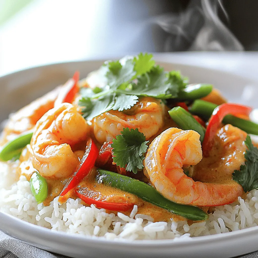 For a quick and tasty Thai Coconut Curry Shrimp, here is what you need: - 1 lb (450g) shrimp, peeled and deveined - 1 can (13.5 oz) coconut milk - 2 tablespoons red curry paste - 1 tablespoon fish sauce - 1 tablespoon brown sugar - 1 red bell pepper, sliced - 1 cup snap peas - 2 cloves garlic, minced - 1 tablespoon fresh ginger, grated - 2 tablespoons vegetable oil - 1 tablespoon lime juice - Fresh cilantro, for garnish - Cooked jasmine rice, for serving These ingredients form the base of a rich and creamy dish. The shrimp will soak up the flavors from the coconut milk and red curry paste, giving you a hearty meal. The snap peas and red bell pepper add a nice crunch and color to your plate. I always choose fresh ingredients. They make a big difference in taste. Each item plays a role in balancing the sweet, salty, and spicy notes of the dish. You can find most of these ingredients in your local grocery store. If you want to explore more, check out the Full Recipe to create a perfect dinner. First, heat 2 tablespoons of vegetable oil in a large skillet over medium heat. Once it's hot, add 2 cloves of minced garlic and 1 tablespoon of grated ginger. Sauté these for about 1 minute. You want to smell the rich aroma that fills your kitchen. Next, stir in 2 tablespoons of red curry paste. Cook this for another 1-2 minutes. This step helps the flavors deepen and blend together nicely. Now, slowly pour in 1 can of coconut milk while stirring the mixture. This creamy milk adds richness to your curry. Then, add 1 tablespoon of fish sauce, 1 tablespoon of brown sugar, and 1 tablespoon of lime juice. Stir well until the sugar dissolves completely. Bring this mix to a gentle simmer. Add in 1 sliced red bell pepper and 1 cup of snap peas. Cook these for about 3-4 minutes until they are tender. Then, it's time to add 1 pound of peeled and deveined shrimp. Cook the shrimp for an additional 3-5 minutes. They should turn pink and be fully cooked. Remove the skillet from heat and taste your curry. You can adjust the flavor with more fish sauce or lime juice if needed. Serve your delicious curry over cooked jasmine rice and sprinkle fresh cilantro on top for a bright finish. For the complete recipe, check the Full Recipe section above. Enjoy your flavorful weeknight dinner! To create a true Thai dish, fresh spices and herbs are key. Fresh ingredients give your curry a vibrant taste. Dried herbs can’t match the flavor of fresh ones. I always choose fresh ginger, garlic, and herbs like cilantro. Balancing flavors is crucial in Thai cooking. You want sweet, salty, and sour. The brown sugar gives sweetness, while fish sauce adds salt. Lime juice brings a nice tang. Taste as you go, and adjust these elements to suit your palate. Cooking shrimp perfectly is vital. Shrimp cook fast, so watch them closely. They are done when they turn pink and curl up. Overcooking makes them tough, so avoid that at all costs. Sautéing vegetables right is also important. Start with garlic and ginger for flavor. Cook them in hot oil for just a minute before adding other veggies. This way, you get the best taste from the start. Don’t crowd the pan; it can steam the veggies instead of sautéing them. For a full experience, follow the Full Recipe for a delicious meal. {{image_2}} If you want to make this dish vegetarian or vegan, you can easily swap the shrimp. Firm tofu is a great choice. It absorbs flavors well and gives a nice texture. Just cut the tofu into cubes and sauté it until golden before adding it to the curry. For gluten-free options, be careful with your sauces. Many soy sauces contain gluten. Look for gluten-free soy sauce or tamari. Fish sauce often has gluten too, so check the label or find a gluten-free version. You can change up the veggies in this dish to suit your taste. Try adding broccoli, carrots, or zucchini. Each vegetable brings its own flavor and texture. Just remember to cut them into similar sizes for even cooking. Do you like it spicy? You can adjust the heat by using more or less red curry paste. Adding a bit of fresh chili or chili flakes can also give it a kick. If you prefer a milder dish, reduce the curry paste and add more coconut milk to balance the flavors. For the full recipe, check out the detailed steps and ingredients list! To store your Thai Coconut Curry Shrimp, let it cool first. This helps keep the shrimp tender. Place the shrimp in an airtight container. You can also use a glass jar with a lid. Make sure to seal it well. Keep your leftovers in the fridge for up to three days. The best way to reheat your curry is on the stove. Pour it into a skillet and heat over low to medium heat. Stir often. This keeps the shrimp from getting rubbery. You can also use a microwave. Heat it in short intervals. Stir between each interval for even heating. Add a splash of water or coconut milk if it seems dry. This will help keep the dish flavorful. Enjoy your delicious meal again! For the complete recipe, click [Full Recipe]. How to make Thai Coconut Curry Shrimp from scratch? To make Thai Coconut Curry Shrimp from scratch, gather fresh ingredients. You will need shrimp, coconut milk, and red curry paste. Start by heating vegetable oil in a skillet. Sauté minced garlic and grated ginger until fragrant. Then stir in the red curry paste. After that, pour in the coconut milk and mix well. Add fish sauce, brown sugar, and lime juice. Next, bring it to a simmer. Toss in sliced bell pepper and snap peas. Cook until tender, then add the shrimp. Cook until the shrimp turn pink. Serve it over jasmine rice for a complete meal. For exact amounts and steps, check the Full Recipe. Can I use frozen shrimp for this recipe? Yes, you can use frozen shrimp. Just remember to thaw them first. Place frozen shrimp in the fridge overnight or run them under cold water. Once thawed, peel and devein them if needed. Using thawed shrimp will help them cook evenly. This way, you still get that delicious flavor and texture. What are the best side dishes to serve with Thai Coconut Curry Shrimp? The best side dishes for Thai Coconut Curry Shrimp include jasmine rice, which soaks up the sauce. You can also serve it with a fresh salad or steamed vegetables. Another great option is Thai spring rolls. They add a nice crunch to your meal. For a light touch, consider serving with lime wedges and fresh cilantro. This adds freshness and color to your plate. This blog post covered how to make Thai Coconut Curry Shrimp. You learned the key ingredients, prep steps, and cooking methods to create a delicious dish. We also explored tips for authentic flavors, storage advice, and ways to customize the recipe to fit your needs. Remember, using fresh ingredients matters, and adjusting spice levels can make a big difference. Enjoy experimenting with this recipe to find your perfect taste!