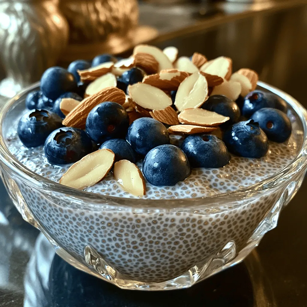 - 1/2 cup chia seeds - 2 cups almond milk (unsweetened) - 1/4 cup maple syrup (or honey) - 1 teaspoon vanilla extract - 1 cup fresh blueberries - 1/4 cup sliced almonds (plus extra for garnish) - A pinch of sea salt To make Blueberry Almond Chia Pudding, you need these simple and healthy ingredients. Chia seeds are the star here. They soak up the almond milk and turn creamy. Almond milk keeps it light and tasty. You can use any sweetener you like, but I love maple syrup for its rich flavor. Fresh blueberries add a burst of color and flavor. They also bring vitamins and antioxidants. Sliced almonds give a nice crunch. A pinch of sea salt rounds out the flavors. - Sweetener alternatives - Fruit variations - Toppings You can switch things up with optional ingredients. Try honey or agave for a different sweet taste. Use strawberries or bananas if you want to change the fruit. Top with coconut flakes or seeds for extra texture. - Calories per serving: 200 - Macronutrients breakdown: 8g protein, 14g fat, 20g carbs - Health benefits of ingredients: Chia seeds are packed with omega-3s and fiber. Almond milk is low in calories and rich in vitamins. Blueberries are known for their health benefits, including heart health. This pudding not only tastes great, but it also fuels your body well. To start, gather your ingredients. You will need chia seeds, almond milk, maple syrup, and vanilla extract. This mix creates a tasty base. First, mix the chia seeds with almond milk in a bowl. Add maple syrup and vanilla for sweetness. Whisk the mixture well. This step is key. Good whisking ensures the seeds spread out evenly. After mixing, let the bowl sit for about 10 minutes. This time allows the chia seeds to soak up the milk. After 10 minutes, whisk again. This helps to break up any clumps. Now, cover the bowl and place it in the fridge. For best results, chill for at least 2 hours. I prefer leaving it overnight. This gives the pudding a thick, creamy texture. For the best texture, use a glass or bowl that allows air to flow. This way, the pudding sets nicely. Once chilled, it’s time to serve. Spoon the chia pudding into individual bowls or glasses. Top each with fresh blueberries and sliced almonds. For a fancy touch, you can add a sprig of mint. This adds color and a fresh flavor. Enjoy your Blueberry Almond Chia Pudding as a simple and healthy snack. For exact measurements and steps, check the Full Recipe. To make your blueberry almond chia pudding just right, you can adjust the sweetness. Taste the mixture before it sets. If you want it sweeter, add more maple syrup or honey. Mix well after adding any sweetener. Preventing clumping of chia seeds is also key. After you whisk the ingredients, let the mix rest for ten minutes. Then, whisk it again. This helps all the seeds blend in evenly and absorb the liquid. If you need alternatives for almond milk, try oat milk or coconut milk. Both will give a nice flavor. If you want to keep it dairy-free, these options are great. For sweetener options, maple syrup is a favorite, but you can also use agave or honey. Each sweetener gives a different taste, so choose what you like best. One common mistake is over-soaking chia seeds. If you let them sit too long, they can turn into a gel-like mess. Stick to the recommended chilling time for the best texture. Another mistake is skipping the step-by-step instructions. Each step is important. Following them helps ensure a tasty and well-textured pudding. For the full recipe, check out the instructions above. {{image_2}} You can change the taste of your blueberry almond chia pudding easily. Try using other fruits. Strawberries, raspberries, and bananas work well. You can also add nut butters for extra flavor. Almond butter or peanut butter gives a nice twist. For a fun variation, add spices like cinnamon or even cocoa powder for a chocolatey touch. This recipe fits many diets. For a vegan option, use maple syrup instead of honey. The pudding is already dairy-free thanks to almond milk. If you want a low-carb option, skip the sweeteners or use a low-carb sweetener like stevia. This keeps the dish tasty while cutting down on carbs. Scaling this recipe is simple. If you want more servings, just double the ingredients. For fewer servings, cut the amounts in half. This way, you can enjoy this treat no matter how many people you are feeding. Adjusting the recipe allows you to enjoy the pudding in the right serving size for you. For the full recipe, check out the main article. Store your blueberry almond chia pudding in the fridge. Use an airtight container to keep it fresh. This prevents moisture and odors from spoiling the flavor. Always let the pudding cool down before sealing the container. This step helps avoid condensation, which can affect texture. In the fridge, chia pudding lasts about 4 to 5 days. After that, the quality may drop. Look for signs of spoilage. If you see mold or an off smell, toss it out. The pudding may also separate if it sits too long. Stir it well before eating. You can freeze chia pudding, but it may change texture. To freeze, pour it into a freezer-safe container. Leave some space at the top for expansion. When you’re ready to eat, thaw it in the fridge overnight for the best results. Avoid microwaving, as it can make the pudding too watery. Chia pudding needs time to chill and thicken. I recommend at least two hours in the fridge. For the best results, let it sit overnight. This allows the chia seeds to absorb the liquid fully and create a smooth texture. Yes, you can use frozen blueberries. They work well in this recipe. Frozen berries may release more juice than fresh ones. This can make your pudding a bit more colorful and flavorful. If you prefer fresh blueberries, they add a nice crunch and brightness. Chia pudding is very healthy. Chia seeds are packed with fiber, protein, and omega-3 fatty acids. They help keep you full longer and support your heart health. Almond milk is low in calories and adds a nutty flavor. This makes chia pudding a nutritious snack or breakfast option. For the full recipe, check the earlier section. Chia pudding is simple to make and full of nutrients. You need just a few ingredients to create delicious flavors and textures. Use our tips to avoid common mistakes and customize as you like. Remember, chia pudding can be stored in the fridge and even frozen for later. Experiment with different toppings and fruits to find your favorite. With these guidelines, you can enjoy a healthy treat anytime. Embrace the joy of making chia pudding and share it with friends and family for a delightful experience.