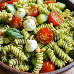 - 8 ounces fusilli pasta - 1 cup fresh basil leaves - 1/4 cup pine nuts, toasted - 1/2 cup grated Parmesan cheese - 1/2 cup olive oil - 1 cup cherry tomatoes, halved - 1/2 cup diced cucumber - 1/2 cup mozzarella balls - 1/2 teaspoon garlic powder - Salt and pepper to taste - 1/4 cup Greek yogurt (for creaminess) When making creamy basil pesto pasta salad, fresh ingredients matter. Choose vibrant basil leaves. They should smell fragrant. Look for firm cherry tomatoes, with no blemishes. For cucumbers, pick ones that feel heavy. Mozzarella balls should be fresh and soft. Select high-quality olive oil. It enhances the dish's flavor. Toast pine nuts lightly for a nutty taste. Use freshly grated Parmesan cheese. It melts better and tastes richer. Greek yogurt should be plain and creamy. This gives your salad a nice texture. Each serving of this salad is packed with nutrients. The pasta provides carbs for energy. Basil is rich in vitamins A and K. Olive oil offers healthy fats. Cherry tomatoes add vitamins C and K. Cucumbers are hydrating and low in calories. Mozzarella brings protein and calcium. This dish is a balanced meal for a hot day. Enjoy it as a light lunch or dinner. For the full recipe, check the previous section. Start by boiling water in a large pot. Add salt for flavor. Once the water boils, pour in 8 ounces of fusilli pasta. Cook it until it is al dente, which usually takes about 8 to 10 minutes. Drain the pasta and rinse it under cold water. This stops the cooking and cools it down quickly. Set the pasta aside in a large bowl to let it cool completely. Next, we make the basil pesto. Grab your food processor and add 1 cup of fresh basil leaves, 1/4 cup of toasted pine nuts, and 1/2 cup of grated Parmesan cheese. Don't forget to toss in 1/2 teaspoon of garlic powder and a pinch of salt and pepper. Pulse this mix until it is finely chopped. While the processor runs, slowly pour in 1/2 cup of olive oil. This helps create a smooth paste. If needed, scrape down the sides and blend again. Then, add 1/4 cup of Greek yogurt to your pesto. Pulse a few more times to mix it in well. This gives the pesto a creamy texture that makes the pasta salad special. Adjust the taste with more salt and pepper if you want. Now, it’s time to bring everything together. In the large bowl with your cooled pasta, add 1 cup of halved cherry tomatoes, 1/2 cup of diced cucumber, and 1/2 cup of mozzarella balls. Pour in your creamy basil pesto from the food processor. Toss everything gently until all the ingredients are well coated. Cover the bowl and place it in the fridge for at least 30 minutes. This chilling time helps the flavors mix and develop. After that, your creamy basil pesto pasta salad is ready to enjoy! Check out the Full Recipe for all the details. When cooking pasta, always use a large pot. This gives the pasta room to move. Add plenty of salt to your boiling water. This helps flavor the pasta as it cooks. Cook the fusilli until it is al dente, which means it should still have a slight bite. After cooking, drain the pasta and rinse it under cold water. This stops the cooking process and keeps it from getting sticky. To make your creamy basil pesto pasta salad even better, consider adding some extras. You can throw in diced bell peppers for crunch. Black olives add a nice briny taste. For a spicy kick, try red pepper flakes. Fresh herbs like parsley or arugula can brighten the dish. You can also mix in grilled chicken or shrimp for protein. These fun additions keep the salad interesting and flavorful. One common mistake is overcooking the pasta. If you cook it too long, it becomes mushy. Another mistake is not using enough salt in the water. This can make your pasta bland. Also, don’t skip the chilling step. Letting the salad chill helps all the flavors combine well. Lastly, be careful with the seasoning. Taste as you go, and adjust the salt and pepper to your liking. These tips will help you create the best creamy basil pesto pasta salad. For the full recipe, check out the details above. {{image_2}} You can make your creamy basil pesto pasta salad heartier by adding protein. Grilled chicken or shrimp works great. Simply cook the chicken or shrimp, then slice or toss them in. You can also use canned tuna for a quick option. If you prefer plant-based protein, try chickpeas or tofu. Just cube the tofu, pan-fry it, and mix it in for extra flavor and texture. This dish is easy to adapt for vegetarians and vegans. For vegetarians, keep the cheese or swap in a vegetarian-friendly option. For vegans, replace the cheese with nutritional yeast. Use a vegan yogurt instead of Greek yogurt for creaminess. It gives the same great taste without any dairy. Feel free to swap in different vegetables based on what you like or have on hand. Bell peppers add sweetness and color. Broccoli florets bring crunch and nutrients. You could use arugula or spinach for a fresh twist. Just chop the veggies and toss them in with the pasta. You can even add roasted vegetables for a deeper flavor. This gives you flexibility to create your perfect salad. For the full recipe, check out the Creamy Basil Pesto Pasta Salad. To keep your creamy basil pesto pasta salad fresh, store it in an airtight container. Make sure to seal it tightly. This salad tastes best when chilled, so refrigerate it right after serving. It can last in the fridge for up to three days. If you want to enjoy the salad warm, reheat it gently. Use a skillet over low heat. Add a splash of olive oil to keep it moist. Stir often to heat evenly without cooking the pasta. I do not recommend freezing this pasta salad. The creamy texture can change when thawed. If you have extra pesto, freeze it separately in ice cube trays. This way, you can use it later for other dishes. For the full recipe, check out the details on how to make this delightful dish! Yes, you can make the pesto ahead of time. In fact, making it early lets the flavors mix well. Store it in an airtight container. You can keep it in the fridge for up to a week. To avoid browning, add a thin layer of olive oil on top before sealing. When ready to use, just stir it up and mix it with your pasta. Fusilli is great, but other pasta shapes work too. You can use penne, rotini, or farfalle. These shapes hold the pesto well and give nice bites. Just make sure to cook them al dente for the best texture. Whole wheat or gluten-free pasta also works if you prefer those options. This creamy basil pesto pasta salad stays fresh in the fridge for about three days. Store it in a tight container for best results. If you notice the pasta absorbs too much dressing, just add a bit more olive oil or yogurt before serving. This will bring back that creamy texture. This article covered key ingredients for a tasty pasta salad and how to choose the best. I shared steps to cook the pasta and make homemade basil pesto. We discussed tips for great flavor and common mistakes. You learned about protein and veggie swaps for variations, plus how to store leftovers. Remember, cooking can be fun and flexible. Use these tips to create your perfect pasta salad. Enjoy your cooking journey!