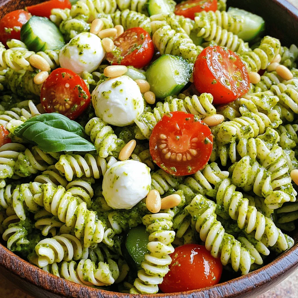 - 8 ounces fusilli pasta - 1 cup fresh basil leaves - 1/4 cup pine nuts, toasted - 1/2 cup grated Parmesan cheese - 1/2 cup olive oil - 1 cup cherry tomatoes, halved - 1/2 cup diced cucumber - 1/2 cup mozzarella balls - 1/2 teaspoon garlic powder - Salt and pepper to taste - 1/4 cup Greek yogurt (for creaminess) When making creamy basil pesto pasta salad, fresh ingredients matter. Choose vibrant basil leaves. They should smell fragrant. Look for firm cherry tomatoes, with no blemishes. For cucumbers, pick ones that feel heavy. Mozzarella balls should be fresh and soft. Select high-quality olive oil. It enhances the dish's flavor. Toast pine nuts lightly for a nutty taste. Use freshly grated Parmesan cheese. It melts better and tastes richer. Greek yogurt should be plain and creamy. This gives your salad a nice texture. Each serving of this salad is packed with nutrients. The pasta provides carbs for energy. Basil is rich in vitamins A and K. Olive oil offers healthy fats. Cherry tomatoes add vitamins C and K. Cucumbers are hydrating and low in calories. Mozzarella brings protein and calcium. This dish is a balanced meal for a hot day. Enjoy it as a light lunch or dinner. For the full recipe, check the previous section. Start by boiling water in a large pot. Add salt for flavor. Once the water boils, pour in 8 ounces of fusilli pasta. Cook it until it is al dente, which usually takes about 8 to 10 minutes. Drain the pasta and rinse it under cold water. This stops the cooking and cools it down quickly. Set the pasta aside in a large bowl to let it cool completely. Next, we make the basil pesto. Grab your food processor and add 1 cup of fresh basil leaves, 1/4 cup of toasted pine nuts, and 1/2 cup of grated Parmesan cheese. Don't forget to toss in 1/2 teaspoon of garlic powder and a pinch of salt and pepper. Pulse this mix until it is finely chopped. While the processor runs, slowly pour in 1/2 cup of olive oil. This helps create a smooth paste. If needed, scrape down the sides and blend again. Then, add 1/4 cup of Greek yogurt to your pesto. Pulse a few more times to mix it in well. This gives the pesto a creamy texture that makes the pasta salad special. Adjust the taste with more salt and pepper if you want. Now, it’s time to bring everything together. In the large bowl with your cooled pasta, add 1 cup of halved cherry tomatoes, 1/2 cup of diced cucumber, and 1/2 cup of mozzarella balls. Pour in your creamy basil pesto from the food processor. Toss everything gently until all the ingredients are well coated. Cover the bowl and place it in the fridge for at least 30 minutes. This chilling time helps the flavors mix and develop. After that, your creamy basil pesto pasta salad is ready to enjoy! Check out the Full Recipe for all the details. When cooking pasta, always use a large pot. This gives the pasta room to move. Add plenty of salt to your boiling water. This helps flavor the pasta as it cooks. Cook the fusilli until it is al dente, which means it should still have a slight bite. After cooking, drain the pasta and rinse it under cold water. This stops the cooking process and keeps it from getting sticky. To make your creamy basil pesto pasta salad even better, consider adding some extras. You can throw in diced bell peppers for crunch. Black olives add a nice briny taste. For a spicy kick, try red pepper flakes. Fresh herbs like parsley or arugula can brighten the dish. You can also mix in grilled chicken or shrimp for protein. These fun additions keep the salad interesting and flavorful. One common mistake is overcooking the pasta. If you cook it too long, it becomes mushy. Another mistake is not using enough salt in the water. This can make your pasta bland. Also, don’t skip the chilling step. Letting the salad chill helps all the flavors combine well. Lastly, be careful with the seasoning. Taste as you go, and adjust the salt and pepper to your liking. These tips will help you create the best creamy basil pesto pasta salad. For the full recipe, check out the details above. {{image_2}} You can make your creamy basil pesto pasta salad heartier by adding protein. Grilled chicken or shrimp works great. Simply cook the chicken or shrimp, then slice or toss them in. You can also use canned tuna for a quick option. If you prefer plant-based protein, try chickpeas or tofu. Just cube the tofu, pan-fry it, and mix it in for extra flavor and texture. This dish is easy to adapt for vegetarians and vegans. For vegetarians, keep the cheese or swap in a vegetarian-friendly option. For vegans, replace the cheese with nutritional yeast. Use a vegan yogurt instead of Greek yogurt for creaminess. It gives the same great taste without any dairy. Feel free to swap in different vegetables based on what you like or have on hand. Bell peppers add sweetness and color. Broccoli florets bring crunch and nutrients. You could use arugula or spinach for a fresh twist. Just chop the veggies and toss them in with the pasta. You can even add roasted vegetables for a deeper flavor. This gives you flexibility to create your perfect salad. For the full recipe, check out the Creamy Basil Pesto Pasta Salad. To keep your creamy basil pesto pasta salad fresh, store it in an airtight container. Make sure to seal it tightly. This salad tastes best when chilled, so refrigerate it right after serving. It can last in the fridge for up to three days. If you want to enjoy the salad warm, reheat it gently. Use a skillet over low heat. Add a splash of olive oil to keep it moist. Stir often to heat evenly without cooking the pasta. I do not recommend freezing this pasta salad. The creamy texture can change when thawed. If you have extra pesto, freeze it separately in ice cube trays. This way, you can use it later for other dishes. For the full recipe, check out the details on how to make this delightful dish! Yes, you can make the pesto ahead of time. In fact, making it early lets the flavors mix well. Store it in an airtight container. You can keep it in the fridge for up to a week. To avoid browning, add a thin layer of olive oil on top before sealing. When ready to use, just stir it up and mix it with your pasta. Fusilli is great, but other pasta shapes work too. You can use penne, rotini, or farfalle. These shapes hold the pesto well and give nice bites. Just make sure to cook them al dente for the best texture. Whole wheat or gluten-free pasta also works if you prefer those options. This creamy basil pesto pasta salad stays fresh in the fridge for about three days. Store it in a tight container for best results. If you notice the pasta absorbs too much dressing, just add a bit more olive oil or yogurt before serving. This will bring back that creamy texture. This article covered key ingredients for a tasty pasta salad and how to choose the best. I shared steps to cook the pasta and make homemade basil pesto. We discussed tips for great flavor and common mistakes. You learned about protein and veggie swaps for variations, plus how to store leftovers. Remember, cooking can be fun and flexible. Use these tips to create your perfect pasta salad. Enjoy your cooking journey!