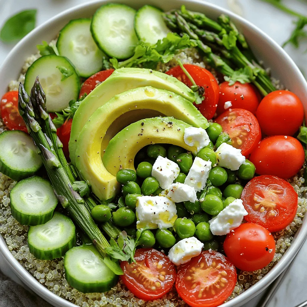- 1 cup quinoa - 2 cups vegetable broth (or water) - 1 cup asparagus, trimmed and cut into 2-inch pieces - 1 cup peas (fresh or frozen) - 1 cup cherry tomatoes, halved - 1 red bell pepper, diced - 1 cucumber, diced - 1 avocado, sliced - 1/4 cup feta cheese, crumbled (optional) - 2 tablespoons olive oil - 2 tablespoons lemon juice - 1 teaspoon garlic powder - Salt and pepper to taste - Fresh herbs (like parsley or basil) for garnish Quinoa is a strong source of protein. It offers all nine essential amino acids. This grain also has fiber, iron, and magnesium. Eating quinoa can improve heart health and support digestion. Seasonal vegetables bring many health benefits. They offer vitamins and antioxidants. Eating fresh veggies boosts your immune system. Plus, they taste great and add color to your bowl. Eating with the seasons can also help you save money. You can swap out vegetables based on your taste. Try zucchini, broccoli, or kale. For a spicy kick, add jalapeños or radishes. For dressings, you can use tahini or yogurt. Both will add creaminess. Try balsamic vinegar for a tangy twist. You can also skip the feta if you want it dairy-free. For the full recipe, check out the details above. To start, rinse 1 cup of quinoa under cold water. This will remove any bitter taste. Next, in a medium saucepan, bring 2 cups of vegetable broth or water to a boil. Once boiling, add the rinsed quinoa. Lower the heat and cover the pot. Let it simmer for 15 minutes. The quinoa will absorb the liquid and become fluffy. After 15 minutes, turn off the heat and let it rest for another 5 minutes, still covered. This resting time helps it to fluff up even more. While the quinoa cooks, let's prepare the veggies. Heat 1 tablespoon of olive oil in a skillet over medium heat. First, add 1 cup of asparagus, cut into 2-inch pieces. Sauté for about 5 minutes until it softens. Then, add 1 cup of peas. Cook for another 2-3 minutes. You want the veggies to be tender but still bright. Sprinkle with salt, pepper, and garlic powder to taste. This will boost their flavor. In a large bowl, combine the cooked quinoa with the sautéed veggies. Add 1 cup of halved cherry tomatoes, 1 diced red bell pepper, and 1 diced cucumber. Drizzle with 1 tablespoon of olive oil and 2 tablespoons of lemon juice. Toss everything gently to mix. For serving, spoon the quinoa veggie mix into bowls. Top with sliced avocado and crumbled feta cheese if you like. Fresh herbs like parsley or basil make a lovely garnish. Feel free to adjust the seasoning with more salt and pepper if needed. Enjoy your healthy meal! For the full recipe, check out the detailed instructions provided. To boost the taste of your Spring Veggie Quinoa Power Bowls, focus on seasoning. Start by using fresh herbs like parsley or basil. They add great flavor and freshness. You can also try garlic powder for a warm touch. A sprinkle of salt and pepper can make a big difference. For dressings, consider a simple mix of olive oil and lemon juice. This bright dressing complements the veggies well. You may also try a yogurt-based sauce for creaminess. Presentation matters when serving power bowls. Use colorful dishes to showcase the vibrant ingredients. This makes the meal more inviting. Lay the avocado slices neatly on top. A sprinkle of fresh herbs adds a nice touch. The bright colors of the veggies make each bowl pop. This visual appeal can enhance the dining experience. Meal prepping makes life easier. Cook a big batch of quinoa and store it in the fridge. You can also prepare the veggies ahead. Just sauté them lightly and let them cool. Store the components separately to keep them fresh. This way, you can mix and match when you’re ready to eat. You’ll have a healthy meal ready in minutes. {{image_2}} To keep your Spring Veggie Quinoa Power Bowls fresh, use airtight containers. Glass or plastic containers with tight lids work well. Always let the dish cool down before sealing. This helps avoid moisture buildup. Store the bowls in the fridge for best results. Some ingredients freeze nicely. Quinoa holds up well in the freezer. You can also freeze sautéed vegetables. However, avoid freezing fresh tomatoes and avocado as they can get mushy. To reheat, place in the microwave for quick results. Stir halfway for even heating. In the fridge, your power bowls last about 3-5 days. For frozen bowls, aim to use them within 2 months. Check for signs of spoilage. If the quinoa looks dry or smells off, it’s best to toss it. Freshness is key for tasty meals! You can make your Spring Veggie Quinoa Power Bowls heartier by adding protein. Here are some great options: - Grilled chicken - Shrimp - Tofu - Beans For a vegan touch, try chickpeas or lentils. They add protein and keep it plant-based. You can also use tempeh for a nutty flavor and extra texture. To make your bowls pop with flavor, add some zest. Here are a few ideas: - Lemon zest for brightness - Fresh herbs like cilantro or basil - A splash of soy sauce for umami If you want a kick, use red pepper flakes or sriracha. This adds spice and excitement to your meal. Just mix it in before serving for the best taste. While quinoa is a star, you can switch up the grains. Here are some alternatives: - Brown rice - Farro - Barley - Bulgur Quinoa is high in protein and fiber, but other grains have their perks, too. For example, brown rice is filling, while farro has a chewy texture. Each grain brings a unique taste and health benefit, so feel free to experiment. To make quinoa fluffier, rinse it well before cooking. Rinsing removes the bitter coating called saponin. Use the right water-to-quinoa ratio. A good rule is two cups of liquid for one cup of quinoa. Bring the water to a boil, then lower the heat and cover. Cook for about 15 minutes. Let it rest for five minutes after cooking. This helps the grains separate. A fork works well to fluff the quinoa gently. Yes, you can use frozen vegetables! They are a great option for quick meals. Frozen veggies often retain their nutrients. Good choices include peas, corn, and mixed veggies. Just add them directly to your sauté pan. Cook them for a few minutes. They will warm up and keep their bright color. This makes meal prep easier and faster. A simple lemon and olive oil dressing works well. Mix two tablespoons of olive oil with two tablespoons of lemon juice. You can also add a bit of garlic powder for flavor. For a creamy option, try Greek yogurt mixed with herbs. Another tasty choice is tahini sauce. It adds a nutty flavor that pairs well with the veggies. These dressings enhance the power bowls’ taste and freshness. Visit the Full Recipe to discover more delicious ideas! In this article, we explored how to make a delicious power bowl using quinoa and seasonal vegetables. We covered nutritious ingredients and their benefits, along with variations and cooking methods. You learned tips for maximizing flavor and presentation. Remember, preparing meals in advance can save time and keep your meals fresh. Use the storage tips to enjoy leftovers safely. With these insights, you can create colorful, healthy power bowls that meet your needs and taste great. Enjoy experimenting with different ingredients and flavors!