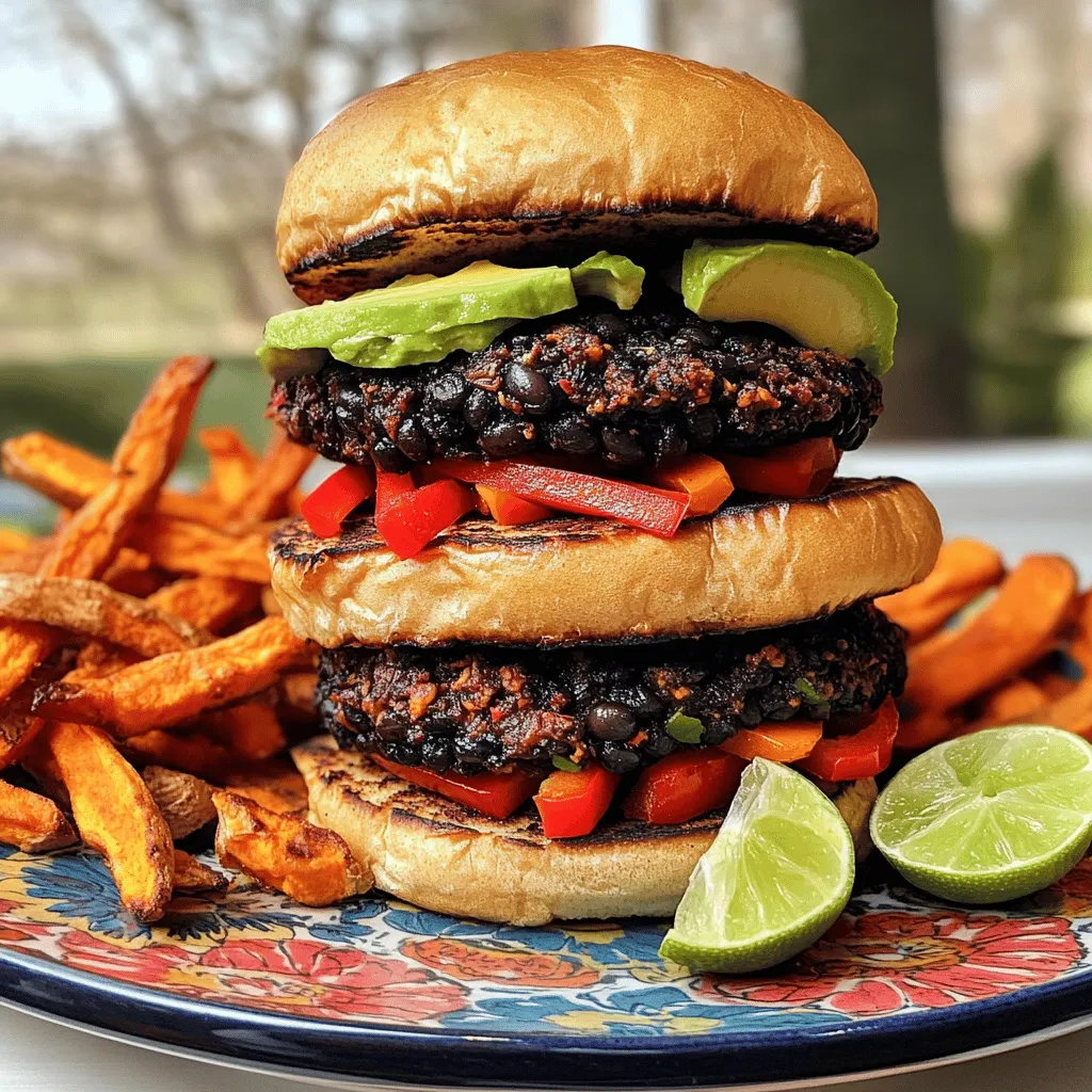 - 1 can black beans - 1/2 cup cooked quinoa - 1/2 cup breadcrumbs - 1/4 cup red bell pepper, finely chopped - 1/4 cup red onion, finely diced - 2 cloves garlic, minced - 1 tablespoon chili powder - 1 teaspoon cumin - 1/2 teaspoon smoked paprika - 1/4 teaspoon cayenne pepper (adjust for spice preference) - 1 tablespoon lime juice - Salt and pepper to taste - 2 tablespoons olive oil (for cooking) - Burger buns and optional toppings (avocado, lettuce, tomato, etc.) - Avocado - Lettuce and tomato - Alternative bread options - Caloric value per serving: About 200 calories - Key nutrients: High in protein and fiber To start, you need to mash the black beans. Use a fork or potato masher. Aim for a mostly smooth texture but leave some chunks for a nice bite. This adds great flavor and makes the burgers feel hearty. Next, combine the mashed beans with other ingredients. Add cooked quinoa, breadcrumbs, chopped red bell pepper, diced red onion, and minced garlic. Don't forget the spices! Mix in chili powder, cumin, smoked paprika, and cayenne pepper. Pour in the lime juice, and then season with salt and pepper. Stir everything well until it blends nicely. If it feels too wet, add more breadcrumbs. This helps the mixture hold together. Now it’s time to shape your patties. Take a handful of the mixture and form it into a burger shape, about 1/2 inch thick. Make sure they are even to cook well. You should get around four patties from this recipe. For cooking, you have two great options: a skillet or a grill. If you choose a skillet, heat some olive oil over medium heat. Once hot, gently place the patties in the skillet. Cook them for about 5-6 minutes on each side. You want them golden brown and crisp. If you grill, keep an eye on them so they do not fall apart. While your patties cook, toast the burger buns. You can do this in the same skillet for added flavor. Just place them cut-side down until they are lightly golden. Now comes the fun part—assembling your burger! Place a cooked patty on each toasted bun. You can get creative with toppings. Add avocado for creaminess, fresh lettuce, and juicy tomato for crunch. These toppings enhance the flavor and make your meal vibrant. Enjoy your delicious creation! To make your burgers just right, focus on spice. Add cayenne pepper for heat. Start with a pinch and taste the mix. You can always add more if you like it spicier. Next, keep your patties from falling apart. If the mix is too wet, add more breadcrumbs. This helps them hold together while cooking. Make sure to form them tightly into patties, about 1/2 inch thick. If you prefer, bake your patties in the oven. Preheat it to 375°F (190°C). Place the patties on a baking sheet lined with parchment paper. Bake for about 20 minutes, flipping halfway through. This gives a nice crisp without frying. Using a plant-based oil, like olive oil, for frying is great too. It adds flavor and keeps the burgers moist. Heat the oil in a skillet until it shimmers before adding the patties. Pair your spicy black bean burgers with sweet potato fries or a fresh salad. They add color and flavor to your plate. You can also try a side of coleslaw for crunch. For a vibrant presentation, serve the burgers on colorful plates. Top them with avocado, lettuce, and tomato for freshness. Squeeze some lime over the top for extra zest. Enjoy the meal! {{image_2}} You can make your spicy black bean burgers unique. Adding cheese can enhance the flavor. Try sharp cheddar or pepper jack for a kick. You can also mix in different spices. Consider garlic powder, onion powder, or smoked paprika for extra depth. If you want a different texture, swap black beans for other beans. Pinto or kidney beans work well too. Each bean brings its own taste. If you need gluten-free options, use gluten-free breadcrumbs. This small change keeps your burger safe for those with gluten issues. You can also make these burgers vegan. Just skip any cheese and ensure your breadcrumbs are dairy-free. The recipe remains just as tasty without animal products. Add global flair by using different sauces. A spicy Sriracha or zesty chimichurri can elevate each bite. You can also create Mediterranean burgers. Mix in feta cheese and olives for a fresh twist. For an Asian vibe, consider sesame oil and soy sauce in the mix. Each option opens a world of flavor. To keep your leftover patties fresh, store them in the fridge. Place cooked patties in an airtight container. They will stay good for about three to four days. If you have uncooked patties, cover them tightly with plastic wrap. They can last for up to two days in the fridge. If you want to save patties for later, freezing is a great option. First, lay the patties on a baking sheet. Make sure they are not touching each other. Freeze them for about an hour. Once frozen, you can transfer them to a freezer bag. This prevents them from sticking. You can freeze them for up to three months. To use frozen patties, thaw them in the fridge overnight. For reheating, cook them in a skillet over medium heat for about 5-6 minutes on each side. How long will your spicy black bean burgers stay fresh? Cooked patties are best within four days. Uncooked patties can last up to two days in the fridge. When frozen, they can last for three months. Look for signs of spoilage like off smells, changes in color, or mold. If you see any of these signs, it's best to throw them away. Yes, you can make these burgers ahead of time. This helps save time on busy days. For meal prep, shape the patties and store them in the fridge. You can keep them for up to two days. If you want to store them longer, freeze the patties. Wrap them tightly in plastic wrap and place them in a freezer bag. When ready to cook, just thaw in the fridge overnight. You can swap breadcrumbs for several gluten-free options. Try using oat flour, crushed cornflakes, or ground nuts. Each option adds a different flavor and texture. Ensure they are finely ground to help your burgers hold together well. To amp up the heat, add more cayenne pepper to your mix. You can also include chopped jalapeños or a dash of hot sauce. Mixing in spices like chili flakes or sriracha gives a nice kick. Experiment with different levels of heat to find your perfect spice balance. These spicy black bean burgers go great with several sides. Try sweet potato fries for a sweet, savory combo. A fresh salad with lime dressing also works well. You can serve them with coleslaw for a crunchy contrast. For something lighter, consider a side of grilled vegetables. For more details on making these burgers, check out the [Full Recipe]. In this blog post, we explored how to make spicy black bean burgers. We covered key ingredients like black beans and quinoa, topping ideas, and nutritional information. You learned step-by-step instructions for making patties, cooking them, and assembling your burger. We shared tips for perfecting your recipe and discussed options for dietary needs and flavor variations. Finally, we looked at storage tips to keep leftovers fresh. Enjoy these burgers with delightful sides for a tasty meal!