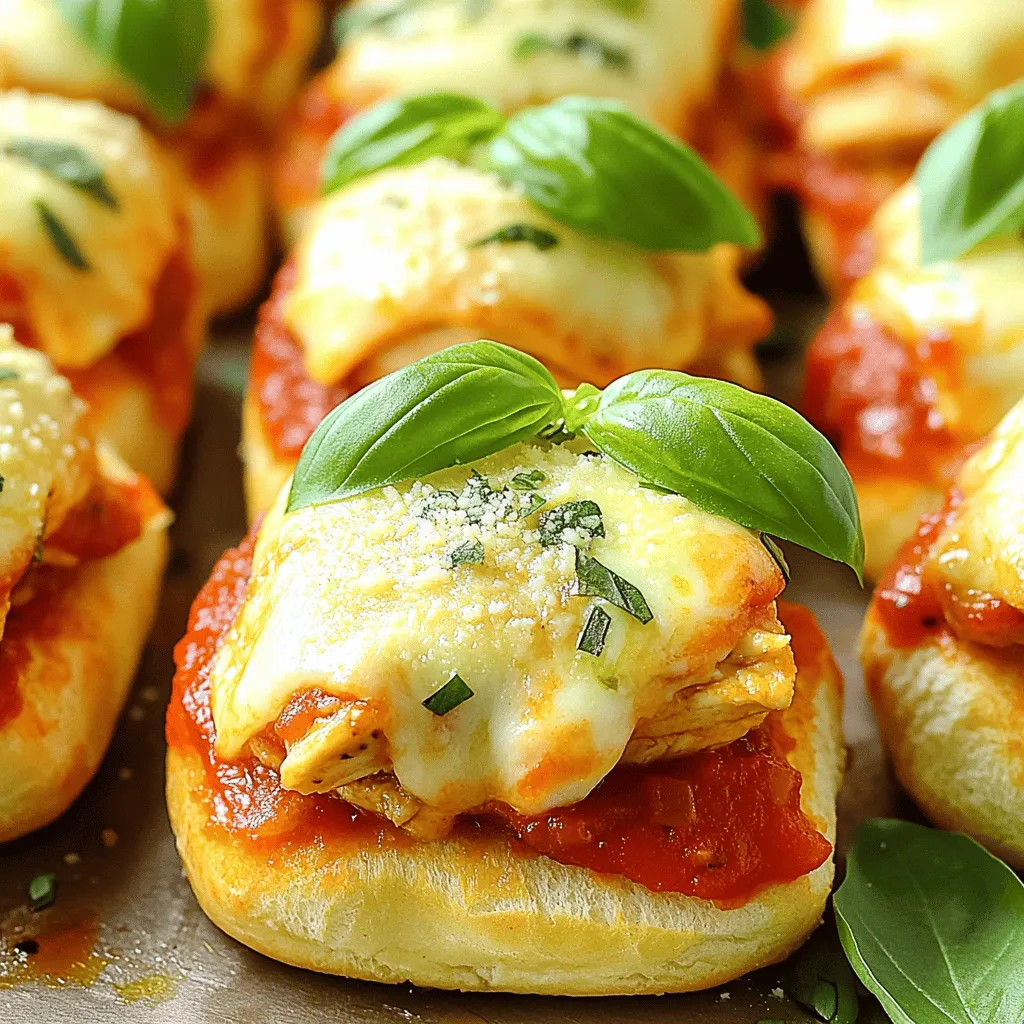 - 1 pound boneless, skinless chicken breasts - 1 cup marinara sauce - 1 cup shredded mozzarella cheese - 1/2 cup grated Parmesan cheese - 1 teaspoon garlic powder - 1 teaspoon Italian seasoning - Salt and pepper to taste - 12 slider rolls (or mini brioche buns) - Fresh basil leaves for garnish (optional) - Olive oil for brushing To make these easy Chicken Parmesan sliders, you need fresh chicken breasts. I like using boneless and skinless for quick cooking. Marinara sauce adds rich flavor and keeps the chicken moist. Mozzarella cheese is key for that melty goodness. Parmesan cheese brings a sharp taste that pairs well with the other ingredients. Seasoning is important, too. Garlic powder and Italian seasoning add depth. Salt and pepper bring out all the flavors. You can use slider rolls or mini brioche buns for easy serving. I love adding fresh basil leaves on top. They add color and a fresh taste. Olive oil is great for brushing on the rolls. It helps them turn golden and crispy in the oven. For the full recipe, check the detailed instructions. Enjoy making these sliders that everyone will love! - Preheat the oven to 375°F (190°C). - Season the chicken breasts with garlic powder, Italian seasoning, salt, and pepper. - In a large skillet, add a bit of olive oil. Cook the chicken for about 5-7 minutes per side. The chicken should reach an internal temperature of 165°F. Remove from heat and let it rest. Slice the chicken into thin strips. - Cut the slider rolls in half and place the bottom halves on a baking sheet. - Spread a generous spoonful of marinara sauce on each bottom half. - Layer the sliced chicken over the sauce. Next, sprinkle shredded mozzarella and grated Parmesan cheese on top. - Place the top halves of the slider rolls over the cheese. Brush the tops lightly with olive oil. - Bake in the preheated oven for 15-20 minutes. The cheese should be melted and bubbly, and the tops should be golden brown. - Remove from the oven and garnish with fresh basil leaves if you like. - Serve warm and enjoy this simple yet tasty meal. This recipe is perfect for family dinners or game day gatherings. If you'd like to see the complete recipe, check out the Full Recipe. To make juicy chicken, use high heat for a quick sear. This helps lock in moisture. I suggest cooking the chicken in a skillet. Cook each side for 5-7 minutes. Always check the internal temperature; it should reach 165°F. This ensures it is safe to eat and not dry. When it comes to marinara, I love to use brands like Rao’s or Prego. They offer great taste and save time. If you want to make your own, cook crushed tomatoes with garlic and herbs. For extra zest, add red pepper flakes or a pinch of sugar. This can balance the acidity of the sauce and make it pop. The best cheese for sliders is fresh mozzarella. It melts perfectly and gives a stretchy bite. For a richer flavor, mix in some grated Parmesan. To ensure crispy tops, brush the rolls with olive oil before baking. This helps achieve a golden crust that adds to the texture. {{image_2}} You can switch the chicken for turkey. Turkey sliders taste great, too. For a plant-based option, try chickpea patties. They pack a punch in flavor. Just make sure to cook them well. Want more crunch? Add peppers or onions to your sliders. They give a nice bite. You can also mix cheeses for fun flavors. Try provolone or fontina alongside mozzarella. It adds depth to your dish. Dipping sauces can make sliders even better. Try marinara, ranch, or garlic aioli. Each brings a new taste to the meal. Pair sliders with a fresh salad or crispy fries. These sides make a complete meal. You can find more ideas in the Full Recipe. After you make your Easy Chicken Parmesan Sliders, let them cool. Place them in an airtight container. This keeps them fresh and tasty. Store the sliders in the fridge for up to three days. You can also wrap them tightly in plastic wrap for extra protection. Glass containers work great, too. They help keep the sliders moist and ready to eat. If you want to save some for later, freezing is a good option. Wrap each slider in foil or plastic wrap. Then, place them in a freezer-safe bag. This keeps them fresh for up to three months. When you’re ready to eat, let the sliders thaw in the fridge overnight. For reheating, use the oven. Preheat it to 350°F (175°C). Place the sliders on a baking sheet and cover with foil. Bake for 15-20 minutes. This method helps keep the bread soft and the cheese melty. You can make these sliders ahead of time for busy days. Prep your chicken and sauce on the weekend. Assemble the sliders, but don’t bake them yet. Store them in the fridge for up to two days before cooking. For easy lunches, pack the sliders in small containers. Pair them with fresh veggies or fruit for a balanced meal. These sliders are fun to eat and easy to share! Cook chicken breasts for about 5-7 minutes on each side. Ensure the internal temperature reaches 165°F. This keeps the chicken juicy and safe to eat. If you have thicker pieces, they may need a few extra minutes. Always check with a meat thermometer for best results. Yes, you can use store-bought marinara sauce. It saves time and can taste great. Look for brands with simple ingredients. However, homemade sauce often has fresher flavors. If you have time, try making your own. It can be a fun addition to your cooking. To reheat sliders, use an oven for best results. Preheat your oven to 350°F. Wrap the sliders in foil to keep them moist. Heat them for about 10-15 minutes. You can also use a microwave, but they may become soggy. Ovens keep the sliders crispy. Yes, you can prepare sliders ahead of time. Assemble them and cover with foil. Store in the fridge for up to 24 hours before baking. When ready, just pop them in the oven. This is great for busy nights or parties. Each slider has about 250 calories. They provide protein from chicken and cheese. You also get carbs from the slider rolls. The exact values may change based on your ingredients, but these are good estimates. Always check labels if you're tracking macros. To please picky eaters, try different cheeses like cheddar or provolone. You can also swap chicken for turkey or veggie patties. Add toppings like lettuce or tomatoes for crunch. Let everyone choose their ingredients. This makes the meal fun and personal. In this post, we explored delicious chicken Parmesan sliders. You learned about key ingredients, from chicken breasts to mozzarella cheese. I shared step-by-step instructions for making the sliders, plus tips for perfecting the chicken and flavor. We also discussed variations and how to store leftovers properly. Now you're ready to impress your family and friends with this tasty treat. Enjoy creating your own sliders, and don’t forget to experiment!
