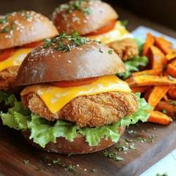 - 2 boneless, skinless chicken breasts - 1 cup buttermilk - 1 cup all-purpose flour - 1 teaspoon paprika - 1 teaspoon garlic powder - 1/2 teaspoon onion powder - 1/2 teaspoon cayenne pepper (adjust to taste) - Salt and pepper to taste - Vegetable oil for frying - 4 whole grain burger buns For the chicken, I always choose fresh, high-quality cuts. This helps the sandwich taste great. The buttermilk not only tenderizes the chicken but also adds a rich flavor. I use a blend of spices like paprika and garlic powder for a mouthwatering taste. Adjust the cayenne pepper to fit your heat level. Don't forget to season with salt and pepper for extra flavor. - 4 slices of cheddar cheese - 1 cup shredded lettuce - 1 large tomato, sliced - 1/4 cup mayonnaise - 1 tablespoon Dijon mustard Toppings can take your sandwich to a new level. I love adding cheddar cheese because it melts perfectly on the hot chicken. Fresh veggies like lettuce and tomato add crunch and color. Mayonnaise and Dijon mustard provide a creamy and tangy kick. Feel free to mix and match toppings to make your sandwich unique. - Mixing bowls - Frying pan or deep fryer - Cooking thermometer Having the right tools makes cooking easier. I recommend using a frying pan or deep fryer for the crispiest chicken. A cooking thermometer helps ensure your chicken reaches a safe 165°F. Mixing bowls are essential for marinating and preparing your coating. With these tools, you’ll create an amazing crispy chicken sandwich. For the full recipe, check out the detailed steps! Buttermilk is key for this recipe. It makes the chicken juicy and tender. The acid in buttermilk helps break down proteins. This gives you a great texture. Marinate the chicken for at least 2 hours. For the best flavor, let it sit overnight in the fridge. Now it’s time to mix the dry ingredients. In a bowl, combine flour, paprika, garlic powder, onion powder, cayenne, salt, and pepper. This blend adds a nice kick. Make sure to mix well, so every piece of chicken gets flavor. When you coat the chicken, let the extra buttermilk drip off. Dredge the chicken in the flour mixture. Press the flour onto the chicken for extra crunch. Heat about 1 inch of vegetable oil in a large skillet. You want the oil to reach about 350°F (175°C). This is the perfect temperature for frying. Place the chicken gently in the hot oil. Fry in batches to avoid crowding. Cook for 5-7 minutes on each side. Look for a golden color. The internal temperature should hit 165°F (75°C) for safety. Meanwhile, toast your burger buns. This adds a nice touch to your sandwich. To make your crispy chicken sandwich shine, use the double-dipping method. First, coat the chicken in buttermilk, then dredge it in seasoned flour. Next, dip it back in the buttermilk and coat it again in flour. This adds extra crunch. When frying, make sure your oil is hot, around 350°F. If it’s too cool, the chicken will absorb oil and become soggy. Fry in batches to keep the oil temperature steady. This way, each piece gets that golden crunch. Pair your sandwich with tasty sides. Sweet potato fries or a fresh salad work great. They add color and flavor. Serve the sandwich on a wooden board for a rustic touch. For a nice look, stack the sandwich high. Use fresh lettuce and ripe tomato slices. This not only tastes good, but it also makes the sandwich more appealing. Avoid overcrowding your frying pan. If you add too many pieces at once, the oil temperature drops. This leads to greasy chicken instead of crispy. Also, don't skimp on the oil. Use enough so it covers the chicken well. If there's not enough oil, the chicken won't fry evenly. Following these tips will help you create the ultimate crispy chicken sandwich. For the complete cooking process, check the Full Recipe. {{image_2}} You can add heat to your crispy chicken sandwich by using spicy seasonings. A sprinkle of cayenne pepper or chili powder can give a nice kick. You might also try a hot sauce marinade. This adds deep flavor and heat. For toppings, consider sliced jalapeños for extra spice. You can also add pepper jack cheese for a creamy, spicy layer. Top with a zesty slaw made of cabbage, carrots, and a touch of lime juice. This contrast of heat and crunch is delightful. If you want a healthier option, try air frying the chicken. It uses less oil while still making the chicken crispy. Just coat the chicken as you normally would and place it in the air fryer. Cook at 375°F for about 20 minutes. You can also replace fried chicken with grilled chicken. Simply marinate the chicken as in the [Full Recipe], then grill it for a smoky flavor. This method keeps your meal lighter without losing taste. Experiment with different marinades to change the flavor of your chicken. A tangy buttermilk marinade works well. If you're feeling adventurous, try a garlic and herb mix or a honey soy glaze. Each adds a unique twist to your sandwich. For unique toppings, consider avocado slices or a mango salsa. These add creaminess and sweetness. A sprinkle of fresh herbs like cilantro or basil can elevate your sandwich to gourmet levels. Mixing flavors keeps your meal exciting and fresh. To keep your crispy chicken fresh, store it in an airtight container. This helps prevent moisture loss. Make sure to let the chicken cool down before sealing it away. In the fridge, leftover crispy chicken lasts about 3 to 4 days. You can still enjoy the flavor even after a few days. To keep the chicken crispy when reheating, use the oven. Preheat it to 375°F (190°C). Place the chicken on a baking sheet and heat for about 10 to 15 minutes. This method helps restore the crispiness. You can also use a toaster oven for smaller portions. For storage, use a container that seals tightly. This keeps the chicken safe from air and moisture. Yes, you can freeze the sandwich. Wrap it tightly in plastic wrap or foil. This stops freezer burn. The sandwich can last about 2 to 3 months in the freezer. You can also freeze the chicken and toppings separately. Store the chicken and buns in separate bags. This way, you can enjoy them fresh when you want. To ensure your chicken is cooked well, check the internal temperature. It should reach 165°F (75°C). Use a meat thermometer for accuracy. Look for visible signs too. The chicken should be golden brown and no longer pink inside. Juices should run clear, indicating doneness. Yes, you can use bone-in chicken. However, cooking times will change. Bone-in chicken takes longer to cook. Aim for an internal temperature of 165°F (75°C) as well. If you use different cuts, adjust cooking time. Thicker pieces need more time, while thinner ones cook faster. Thighs and wings can work great too. I love serving my crispy chicken sandwich with a side of sweet potato fries. They complement the sandwich's crunch. Coleslaw also adds a nice crunch and freshness. For dipping sauces, ranch and honey mustard are great choices. They add extra flavor and enhance the meal. You can also try spicy mayo for a kick! In this post, we covered how to make a delicious crispy chicken sandwich. We explored key ingredients, like chicken and buttermilk, and optional toppings to enhance flavor. I shared step-by-step instructions, tips for extra crispiness, and various serving ideas. Remember to avoid common mistakes while frying to get the best results. You can also try healthy alternatives or new flavor profiles. With this guide, you’re ready to impress with your crispy chicken sandwich. Enjoy the cooking process, and don’t hesitate to experiment!