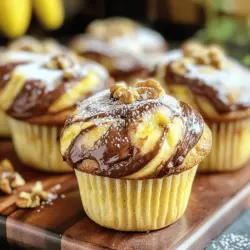 To make Banana Nutella Swirl Muffins, gather these simple ingredients: - 2 ripe bananas, mashed - 1/3 cup vegetable oil - 1/2 cup sugar - 1 large egg - 1 teaspoon vanilla extract - 1 teaspoon baking soda - 1/4 teaspoon salt - 1 1/2 cups all-purpose flour - 1/2 cup Nutella - 1/4 cup chopped walnuts (optional) Each ingredient plays a key role in creating soft, moist muffins. The ripe bananas add natural sweetness and flavor, while the Nutella gives a rich, chocolatey swirl. The oil keeps the muffins tender, and the egg helps bind everything together. If you want some crunch, add chopped walnuts. For the full recipe, check the instructions to create these delicious treats! 1. First, preheat your oven to 350°F (175°C). This step helps the muffins bake evenly. 2. In a large bowl, combine the mashed bananas, vegetable oil, sugar, egg, and vanilla extract. Mix these well until you see no lumps. 3. In a different bowl, whisk together the baking soda, salt, and flour. Slowly add this dry mix to the banana mix. Stir until just combined. A few lumps are okay; don’t overmix. 1. If you want some crunch, fold in the chopped walnuts now. They add great texture. 2. Using a spoon or a piping bag, fill each muffin cup halfway with the banana batter. This ensures enough space for the Nutella. 3. Drop a teaspoon of Nutella on top of the batter in each cup. Use a skewer or knife to swirl the Nutella gently into the batter. This creates a lovely marbled look. 1. Bake the muffins in your preheated oven for 18 to 20 minutes. Check doneness by inserting a toothpick into the center. It should come out clean. 2. Once baked, let the muffins cool in the tin for about 5 minutes. Then, transfer them to a wire rack to cool completely. For the full recipe, refer to the earlier section. Enjoy your baking! To get the perfect texture in your muffins, use very ripe bananas. They should be soft with plenty of brown spots. This will add natural sweetness and moisture. Mix the wet ingredients until smooth, but don't overmix. Stir just until the flour disappears. A few lumps are okay. Overmixing makes muffins tough. Serve your muffins warm for the best taste. Spread a little extra Nutella on top for added flavor. You can also dust them lightly with powdered sugar. This gives a nice touch and looks great. Arrange them on a pretty plate to impress your guests. If you want a healthier option, try using whole wheat flour. It adds fiber and nutrients. You can also reduce the sugar by using less than half a cup. The natural sweetness from the bananas will still shine through. This way, you can enjoy a treat that feels good in more ways than one. For the full recipe, check out the complete instructions above. {{image_2}} If you want a nut-free treat, try using sunflower seed butter instead of Nutella. This makes the muffins safe for kids with nut allergies. Sunflower seed butter gives a creamy texture and a slight nutty taste. It pairs well with bananas and makes a great alternative. Just swap it in the same amount as Nutella. Your muffins will still be delicious and fun to eat! To add more depth, consider mixing in spices like cinnamon or nutmeg. These spices bring warmth and a cozy feel to your muffins. Just add about half a teaspoon of cinnamon or nutmeg to the dry ingredients. You can also try mixing both for a unique twist. This simple change can take your muffins from good to amazing! Adding chocolate chips or berries can make your muffins even more special. For chocolate lovers, mix in a cup of chocolate chips. They melt into gooey pockets of joy. If you prefer a fruity taste, toss in a cup of fresh or frozen berries. Blueberries or raspberries work best. These additions enhance the flavor and add texture. You can combine fruit and chocolate for a fun flavor explosion! For the full recipe, check out the details above. Enjoy experimenting! You can store banana Nutella swirl muffins at room temperature. Place them in an airtight container. They will stay fresh for about two days. If you want them to last longer, use the fridge. They can last up to five days when refrigerated. Just remember to let them come to room temperature before enjoying them again. To freeze your muffins, let them cool completely first. Wrap each muffin tightly in plastic wrap. Then, place them in a freezer bag. Make sure to remove as much air as possible. They can stay fresh in the freezer for up to three months. When you are ready to eat one, just take it out. Let it thaw at room temperature for about an hour. You can also warm it in the microwave for about 15 seconds. These muffins are best when fresh but can last a while. At room temperature, they stay good for two days. In the fridge, expect them to last about five days. If you freeze them, they can last up to three months. Just remember, the sooner you eat them, the fresher they taste. Enjoy your banana Nutella swirl muffins anytime with this storage guide! For the full recipe, check out the provided details. You can use gluten-free flour blends. They work well as substitutes. Look for brands that mix different flours. Almond flour or coconut flour are also good choices. Just remember to adjust the liquid in the recipe. This helps keep the muffins moist and fluffy. Yes, you can swap Nutella for other spreads. Peanut butter offers a nutty flavor. Almond butter gives a rich, creamy taste. You might also try chocolate hazelnut spread. Each choice will change the flavor a bit, but all are delicious! Sinking muffins may happen due to overmixing or too much liquid. Mix the batter gently; lumps are okay. Make sure your oven is fully preheated. Also, check that you're using the right measurements. This can help your muffins rise evenly. You can prep the batter ahead of time. Store it in the fridge for up to 24 hours. Just give it a gentle stir before baking. This keeps your muffins fresh and ready to bake when you need them. For the full recipe, check back to ensure everything is ready. These banana Nutella muffins are easy to make and delightfully tasty. We covered the key ingredients and step-by-step instructions to bake them perfectly. I shared tips for texture, storage, and even some fun variations. You can make these muffins nut-free or gluten-free without losing flavor. Remember, baking is about experimenting, so feel free to try new ideas. Enjoy every bite of your warm, swirled creations!