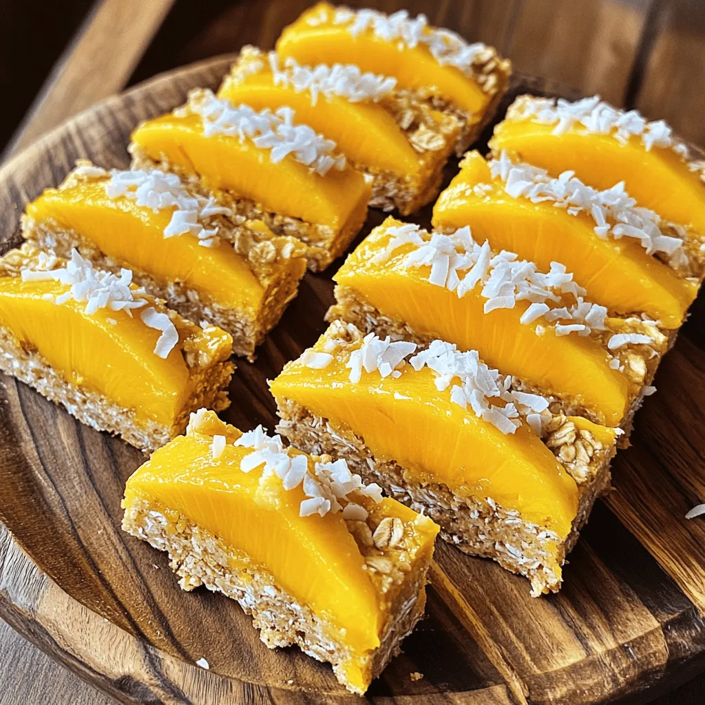 To make mango coconut breakfast bars, you will need these simple ingredients: - 1 ½ cups rolled oats - 1 cup pitted dates, finely chopped - 1 cup shredded unsweetened coconut - 1 ripe mango, pureed - ½ cup almond butter (or any nut butter of your choice) - ½ teaspoon vanilla extract - ½ teaspoon cinnamon - A pinch of salt - ¼ cup chopped nuts (almonds or cashews) for added crunch (optional) These ingredients combine to create a tasty, healthy bar. The rolled oats provide fiber and energy. Dates add natural sweetness and a chewy texture. Shredded coconut brings a tropical flavor that pairs perfectly with the mango. Using a ripe mango is key. It adds a fresh taste and moisture to the bars. Almond butter adds creaminess and healthy fats. Vanilla and cinnamon give warmth and depth to the flavor. For crunch, you can toss in chopped nuts. They also boost protein and healthy fats. This mix of flavors and textures makes these bars a great start to your day. You can find the full recipe to make these delicious bars. - Preheat your oven to 350°F (175°C). - Prepare the baking pan with parchment paper. This makes it easy to lift the bars out later. - In a large mixing bowl, combine the rolled oats, chopped dates, shredded coconut, and a pinch of salt. Mix well until evenly combined. - In a separate bowl, mix together the mango puree, almond butter, vanilla extract, and cinnamon until smooth. - Pour the mango mixture over the dry ingredients and stir until everything is well combined. If you like, fold in the chopped nuts for extra texture. - Spread the mixture evenly into the prepared baking pan, pressing it down firmly to create a compact layer. - Bake in the preheated oven for 20-25 minutes. Look for slightly golden edges and a firm center. - Let the bars cool in the pan for about 10 minutes. Then, use the parchment paper overhang to lift the bars out onto a wire rack to cool completely. - Once cooled, cut into bars or squares of your desired size. For the complete recipe, check out the [Full Recipe]. Enjoy making these tasty bars! How to store in the pantry You can keep your Mango Coconut Breakfast Bars in an airtight container. This way, they stay fresh. Store them at room temperature for up to a week. If you want them to last longer, consider the freezer. Best ways to freeze leftovers To freeze, wrap each bar in plastic wrap. Then, place them in a freezer-safe bag. This keeps them fresh for up to three months. When you want to enjoy them, just thaw them overnight in the fridge. Ideal accompaniments for breakfast bars These breakfast bars taste great on their own. However, you can serve them with yogurt or fresh fruit. A drizzle of honey adds extra sweetness, too. Pairing ideas with coffee or tea Enjoy these bars with a warm cup of coffee or tea. The fruity mango and coconut flavors pair well with a light brew. Try them with herbal tea for a refreshing twist. Nutritional advantages of ingredients These bars are packed with nutrients. Rolled oats provide fiber, which helps digestion. Dates add natural sweetness and energy. Coconut gives healthy fats, while mango offers vitamins A and C. Why these bars are a good breakfast option Mango Coconut Breakfast Bars are a smart choice for busy mornings. They are easy to grab and eat. The mix of carbs and healthy fats keeps you full longer. You can feel good about starting your day with these bars! {{image_2}} You can add fun spices to change the taste. Nutmeg gives warmth, while ginger adds a zesty kick. Try them out to see which you like best! You can also swap mango for other fruits. Pineapple, banana, or berries work well. Each fruit brings a unique flavor and sweetness. Mixing fruits can make your bars even more exciting! If you want different nut butters, almond butter is great, but peanut or cashew butter works too. Each option will change the flavor slightly, so pick what you enjoy. For those needing gluten-free oats, look for certified gluten-free labels. This way, you can still enjoy these tasty bars without worry. Experimenting with different ingredients can lead to new favorites! Each serving of these mango coconut breakfast bars has about 150 calories. They pack a good amount of protein, roughly 3 grams per bar. You also get about 6 grams of fat and 25 grams of carbohydrates. These numbers make them a balanced choice for breakfast. These bars fit well into vegan diets. They contain no animal products, making them a great option for plant-based eaters. Plus, you can easily make gluten-free versions. Just use gluten-free oats, and you’re set! This way, everyone can enjoy these tasty bars without worry. For the full recipe, you can see how easy it is to prepare them. How to make mango coconut breakfast bars gluten-free? You can easily make these bars gluten-free by using certified gluten-free rolled oats. They work just as well. Can I use fresh mango instead of puree? Yes, you can use fresh mango. Just make sure to blend or mash it well to get a smooth texture. How long do the bars last? These bars last up to one week at room temperature. For longer storage, keep them in the fridge for about two weeks. Are these bars suitable for kids? Absolutely! They are healthy and tasty, making them a great snack for kids. Can I add chocolate chips? Yes, chocolate chips can add a nice touch. Fold in about ½ cup for a sweet surprise. What’s the best way to cut and serve the bars? Let the bars cool completely before cutting. Use a sharp knife for clean edges. Serve on a platter with fresh mango slices for a colorful touch. For the full recipe, check out the Mango Coconut Breakfast Bars! These mango coconut breakfast bars are simple and fun to make. You learned about the key ingredients and how to bake them. I shared tips for storing, serving, and enjoying these bars as a healthy breakfast. You can also explore variations to match your taste. These bars offer great nutrition and are easy to customize. Now, you have all the tools to create a tasty snack that fits your lifestyle. Enjoy every bite!