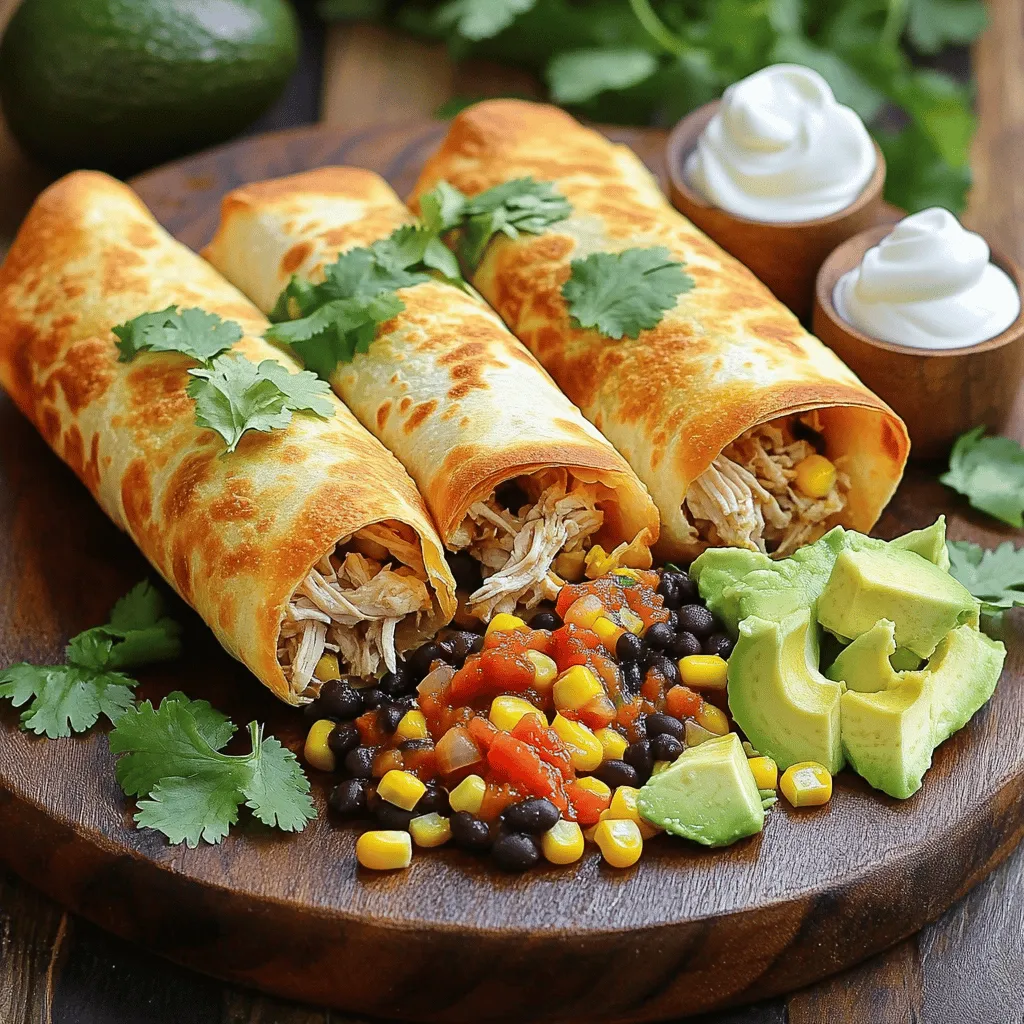 To make these tasty chimichangas, you need some key ingredients. Here’s what you will need: - 2 cups cooked chicken, shredded - 1 cup black beans, drained and rinsed - 1 cup corn kernels (fresh or canned) - 1 cup shredded cheese (cheddar or a blend) - 1 teaspoon cumin - 1 teaspoon chili powder - 1/2 teaspoon garlic powder - Salt and pepper to taste - 8 flour tortillas - 2 tablespoons olive oil Each ingredient plays a big role in the flavor and texture of the dish. The chicken provides the protein, while the beans and corn add fiber and sweetness. The cheese brings creaminess, and the spices give it that signature kick. You can add extra flavor with some simple toppings. Here are a few options you might like: - Diced avocado - Salsa - Sour cream - Fresh cilantro These toppings not only enhance taste but also make the dish look great. Mixing and matching them can lead to fun new flavors. Seasoning is key to making your chimichangas pop. I suggest these spices to boost the flavor: - Cumin: Adds a warm, earthy taste. - Chili powder: Gives a nice heat and depth. - Garlic powder: Brings out the savory notes. - Salt and pepper: Essential for balancing flavors. Feel free to adjust the seasonings based on your taste. You can even explore other spices if you want to try something new. For the full recipe, check out Easy Baked Chicken Chimichangas. Start by mixing your chicken and beans. In a large bowl, combine 2 cups of cooked, shredded chicken with 1 cup of drained black beans. Add 1 cup of corn for sweetness. Next, stir in 1 cup of shredded cheese to make it cheesy. Season with 1 teaspoon cumin and 1 teaspoon chili powder for flavor. Add 1/2 teaspoon garlic powder, and sprinkle salt and pepper to taste. Mix all the ingredients well. This step is vital for even flavor in each bite. Now, let’s assemble! Take a tortilla and lay it flat on your counter. Spoon about 1/3 cup of the chicken mixture right in the center. Fold the sides of the tortilla in, and then roll it up tightly from the bottom. Make sure to tuck in the sides as you go to keep the filling inside. Repeat this for all 8 tortillas. It’s like a delicious present you are wrapping! Preheat your oven to 400°F (200°C). Line a baking sheet with parchment paper for easy cleanup. Place the chimichangas seam-side down on the sheet. Brush each one lightly with 2 tablespoons of olive oil. This gives them a nice golden color when baked. Bake for 20-25 minutes until they are golden brown and crispy. Flip them halfway through so they cook evenly. Once they are done, let them cool for a few minutes. They are now ready to serve! Check the full recipe for more details. To get the right crunch, brush your chimichangas with olive oil. This helps them brown nicely. Bake them seam-side down to keep the filling inside. Flip them halfway through baking. This will make both sides crispy. Let them cool for a few minutes before serving. This will help the filling set. You can add more flavor to your chimichangas easily. Try adding diced bell peppers or onions to the chicken mix. You can also add spices like smoked paprika for a deeper taste. Fresh herbs, like cilantro, can brighten the dish. Top them with salsa or avocado for extra freshness. If you prefer a meat-free meal, substitute chicken with beans or tofu. You can use corn tortillas for a gluten-free option. If you're watching fat intake, skip the oil or use a cooking spray. Just make sure to add more spices to keep the flavor strong. Check out the Full Recipe for more ideas on how to customize your chimichangas. {{image_2}} You can easily make these chimichangas vegetarian. Swap the chicken for 2 cups of sautéed veggies. Bell peppers, zucchini, and mushrooms work well. You can also add extra black beans for protein. Try using cooked quinoa as a base for more texture. This gives a tasty twist while keeping it filling. Add different spices to change the taste. Try shredded taco cheese for a cheesy kick. Smoked paprika can give a nice smoky flavor. For heat, toss in diced jalapeños or a dash of hot sauce. You can even mix in some salsa to the filling for extra zest. The options are endless! Not in the mood to bake? You can air-fry the chimichangas for a crispy bite. Set your air fryer to 375°F (190°C) and cook for about 15 minutes. You can also pan-fry them in a bit of oil for a golden finish. Just make sure to turn them often. Each method brings out unique flavors and textures. After you make your baked chicken chimichangas, you may have some left. To store them, let them cool first. Then, place them in an airtight container. This keeps them fresh for up to three days. Be sure to label the container with the date. This helps you remember when you made them. If you want to save chimichangas for later, freezing works well. Wrap each chimichanga tightly in plastic wrap. Then, place them in a freezer bag or container. They can stay frozen for up to three months. When you’re ready to eat, just thaw them in the fridge overnight. To reheat chimichangas, the oven is best. Preheat your oven to 375°F (190°C). Place the chimichangas on a baking sheet. Bake for about 15-20 minutes until they're hot and crispy. You can also use a microwave, but they won’t get as crispy. Heat them for about 1-2 minutes, checking every 30 seconds. Enjoy your leftovers just as much as the first time! To make your chimichangas crispy, brush them with olive oil before baking. The oil helps create a golden brown crust. Bake them at 400°F for 20-25 minutes. Flip them halfway for even crispiness. Using fresh tortillas also helps with the texture. Yes, you can use other proteins like beef, turkey, or pork. Just cook and shred them like the chicken. For a meatless option, try beans or tofu. Adjust your seasonings to match the protein you choose. Great sides include rice, guacamole, or a fresh salad. You can also serve chips with salsa. These sides add flavor and balance to your meal. For a fun twist, try serving them with a corn salad or grilled vegetables. For the full recipe, check the Easy Baked Chicken Chimichangas section! In this blog, we explored how to make easy baked chicken chimichangas. We covered the main ingredients, optional toppings, and seasonings. You learned step-by-step instructions for prepping, assembling, and baking. I shared tips for perfect texture and flavor variations, plus storage info for leftovers. These chimichangas are flexible. You can customize for your taste or diet. Enjoy this dish, knowing it's simple and satisfying. Happy cooking!