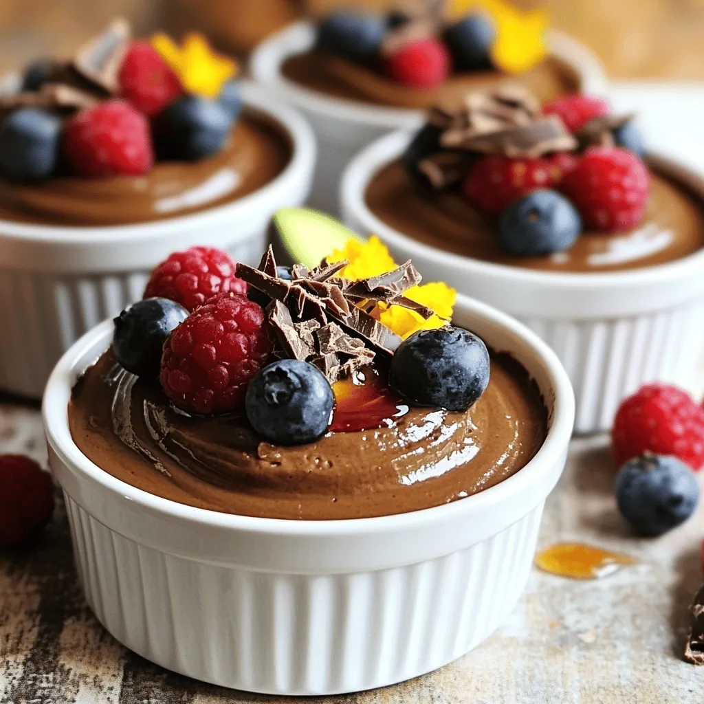 - 2 ripe avocados - 1/3 cup unsweetened cocoa powder - 1/4 cup maple syrup (or honey) - 1/4 cup almond milk (or your preferred milk) - 1 teaspoon vanilla extract - A pinch of salt - Fresh berries - Shaved chocolate For this chocolate avocado mousse, I use ripe avocados as the base. They give a creamy texture that is hard to beat. The cocoa powder adds rich chocolate flavor. I prefer maple syrup for sweetness, but honey works too. You can also choose your favorite milk for the perfect creaminess. A little vanilla extract brings out all the flavors. Don’t forget a pinch of salt. It balances the sweetness and enhances the chocolate taste. To make it even fancier, you can add fresh berries or shaved chocolate on top. These garnishes add color and flavor. You can find the full recipe at the end. Enjoy creating this creamy and delicious treat! Start by cutting the avocados in half. Remove the pits, then scoop the soft flesh into a blender. You want to make sure you get every bit of that creamy goodness. Next, add the unsweetened cocoa powder, maple syrup or honey, almond milk, vanilla extract, and a pinch of salt. Blend everything on high speed until it's smooth and creamy. This usually takes about 1-2 minutes. If you notice chunks, stop and scrape down the sides. This will help everything mix well. Once the mousse is silky and well blended, transfer it into serving bowls or ramekins. Cover the mousse with plastic wrap to keep it fresh. Place it in the refrigerator for at least 30 minutes. This chill time lets the flavors meld and makes it even better. When you’re ready to serve, you can add fresh berries or shaved chocolate on top for a fancy touch. While blending, don’t forget to scrape down the sides. This ensures that all the ingredients mix evenly. When tasting the mousse, if you want it sweeter, add more maple syrup or honey. Blend again briefly to mix in the sweetness. Each of these small steps really helps create a delicious chocolate avocado mousse. For the full recipe, you can refer back to the main section. To get that smooth, creamy texture, use ripe avocados. Ripe avocados blend better and give a richer taste. Cut them in half, remove the pit, and scoop the flesh into your blender. Blend thoroughly until it is silky smooth. This step is key to a great mousse. Before you chill the mousse, taste it. Each avocado varies in flavor, so you may want to adjust the sweetness. Gradually add more maple syrup or honey. Blend again after adding any sweetener. This way, you can find the perfect balance to suit your taste buds. Garnishing can make your mousse look fancy. You can top it with fresh berries or shaved chocolate. This not only adds color but also enhances the flavor. For special occasions, serve in small cups or elegant dishes. It adds a touch of class to your dessert. For the full recipe, check the details provided earlier. {{image_2}} You can make this chocolate avocado mousse even more special. Start by adding a pinch of cinnamon or cayenne. This small change gives your mousse a warm spice that can surprise your taste buds. You can also play with sweeteners. Instead of maple syrup, try agave or coconut sugar. Each sweetener brings a new flavor twist. Just remember to adjust the amount to keep it balanced. If you want a dairy-free or vegan mousse, that's easy! Use almond or coconut milk in place of regular milk. Both options keep the mousse creamy and rich. You can also skip the sweeteners altogether. Use ripe bananas or dates for sweetness instead. These choices keep your mousse healthy and guilt-free. This mousse pairs well with fresh fruits like strawberries or raspberries. The fruit adds a nice contrast to the rich chocolate flavor. You can also create a parfait. Layer the mousse with yogurt in a glass. This looks great and tastes amazing. Each spoonful gives you a mix of flavors and textures. For the full recipe, check out the link provided. You can keep chocolate avocado mousse in the fridge for up to three days. To store it, use an airtight container. This helps keep the mousse fresh and tasty. If you have leftovers, cover them well to avoid drying out. This mousse can darken a bit over time, but it’s still safe to eat. You can freeze chocolate avocado mousse if you want to save it for later. Use a freezer-safe container and fill it, leaving some space for expansion. This mousse can last up to one month in the freezer. To thaw, place it in the fridge for a few hours. Once thawed, stir it gently before serving. For best results, use glass or BPA-free plastic containers for storage. These materials help keep the mousse fresh. If you want extra freshness, consider using a vacuum seal bag. This method removes air and keeps flavors intact. You can use honey or agave nectar instead of maple syrup. Both offer sweetness. Honey adds a floral note. Agave is milder and less sticky. You may want to test different amounts. Start with the same amount as maple syrup and adjust to taste. To make this mousse nut-free, use oat milk or coconut milk instead of almond milk. Both work well with the chocolate flavor. You can also skip any nut-based toppings. Fresh berries or shaved chocolate are great choices for garnish. Yes, cocoa powder is a great option. It gives the mousse a rich, chocolate taste. However, it can be more bitter. If you use cocoa powder, you may need to add more sweetener. Adjust to your taste for the best result. Let the mousse chill for at least 30 minutes. This sets the texture and makes it creamy. If you can wait longer, an hour or two is even better. The mousse tastes best when chilled well before serving. This blog post shared a simple and tasty chocolate avocado mousse recipe. You learned about the key ingredients, from ripe avocados to cocoa powder and sweeteners. I provided step-by-step instructions for making, chilling, and serving the mousse. Tips for keeping it creamy or adjusting sweetness were also covered. Lastly, I shared storage info and answers to common questions. This mousse is a fun and healthy treat. Try it out and enjoy!