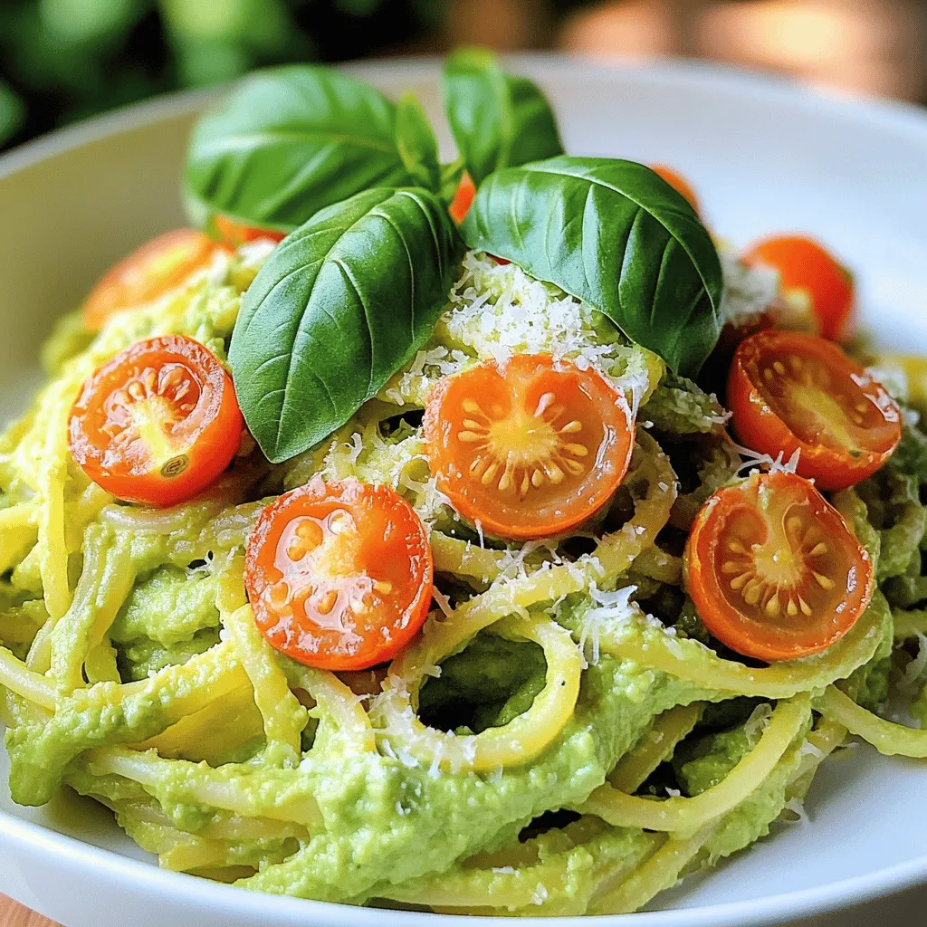 To create a creamy avocado pasta that bursts with flavor, gather these ingredients: - 2 ripe avocados, pitted and peeled - 2 cloves garlic, minced - 2 tablespoons fresh lemon juice - 1/4 cup fresh basil leaves - 1/4 cup olive oil - Salt and pepper to taste - 8 oz pasta of choice (spaghetti or fettuccine) - 1/2 cup cherry tomatoes, halved - 1/4 cup grated Parmesan cheese (optional) - Additional basil leaves for garnish These simple, fresh ingredients come together to make a dish that is both healthy and delicious. The creamy avocados provide a rich texture, while the garlic and lemon juice add a zesty kick. Don't forget the fresh basil; it gives a lovely aroma and taste. Using quality olive oil enhances the flavors, making each bite a delight. When you cook the pasta, choose the type you like best. Spaghetti and fettuccine are great options. The cherry tomatoes add a splash of color and sweetness to the dish. If you enjoy cheese, sprinkle some grated Parmesan on top for extra flavor. For a complete cooking experience, check out the Full Recipe. It gives you all the steps needed to whip up this tasty meal. Enjoy making it! To start, bring a large pot of salted water to a boil. Salt helps enhance the pasta's flavor. Once the water boils, add 8 oz of your favorite pasta. Follow the package instructions for cooking time, usually about 8 to 10 minutes. Cook until you reach al dente texture. This means the pasta should be firm but not hard. To keep some pasta water, reserve 1/2 cup before draining. For the sauce, you need a few fresh ingredients. Gather these: - 2 ripe avocados, pitted and peeled - 2 cloves garlic, minced - 2 tablespoons fresh lemon juice - 1/4 cup fresh basil leaves - 1/4 cup olive oil - Salt and pepper to taste In a food processor, combine the avocados, garlic, lemon juice, basil, and olive oil. Blend until the mixture is smooth and creamy. Taste the sauce and add salt and pepper as needed. Now, it's time to mix! In a large mixing bowl, combine the cooked pasta with the creamy avocado sauce. If the sauce feels too thick, add some reserved pasta water. This will help you reach the perfect consistency. Stir gently to coat every piece of pasta. Finally, let's add some color and flavor. Gently fold in 1/2 cup of halved cherry tomatoes. This adds freshness and a pop of color. To serve, transfer the creamy avocado pasta to dishes. If you like, sprinkle some grated Parmesan cheese on top. Garnish with fresh basil leaves for an appealing look. Enjoy your meal! You might need ripe avocados for creamy avocado pasta. If they’re hard, don’t worry! Here are some quick ways to ripen them: - Brown paper bag: Place avocados in a bag with an apple or banana. Close it tightly. Ethylene gas from these fruits helps ripen avocados faster. - Oven method: Wrap avocados in foil and place them in a preheated oven at 200°F for 10-15 minutes. Check often to avoid cooking them. A perfectly ripe avocado feels slightly soft when pressed. The skin should be dark green or black, not too shiny. Want to enhance the sauce? Here are some easy ways: - Add spices: A pinch of red pepper flakes adds heat. Try smoked paprika for a smoky flavor. - Additional ingredients: Mix in a handful of spinach or arugula for extra greens. Chopped sun-dried tomatoes give a tangy kick. Feel free to experiment with flavors you love. Cooking pasta can be simple, but some mistakes can ruin it. Here’s how to avoid them: - Don’t skip the salt: Salt your water. It adds flavor to the pasta. - Watch the time: Follow package instructions for cooking time. Test the pasta a minute early for al dente texture. Using the right water ratio is key. For every 8 ounces of pasta, use about 4-6 quarts of water. This helps the pasta cook evenly and prevents sticking. You can find the Full Recipe to make this dish a breeze. {{image_2}} For a vegan version, swap out the Parmesan cheese. Use nutritional yeast instead. This gives a cheesy taste without dairy. You can also replace the olive oil with avocado oil for a richer flavor. Consider using plant-based pasta, like lentil or chickpea pasta. This adds protein and fiber to your meal. Look for brands labeled gluten-free if needed. When going gluten-free, choose pasta made from rice or quinoa. These options cook well and taste great. Always check the package for gluten-free labels. Rinse the gluten-free pasta under cold water after cooking. This helps prevent sticking. Add a splash of olive oil to keep it loose. To enhance the taste, try adding fresh herbs like parsley or dill. These herbs add freshness and depth. You can also mix in spices like red pepper flakes for heat. Want protein? Add cooked chicken or shrimp for a full meal. Toss them in before serving to warm them up. Add cooked lentils for a plant-based boost. For the full recipe, refer to the earlier section. Enjoy your creamy avocado pasta with these fun twists! To keep creamy avocado pasta fresh, store leftovers in an airtight container. This helps keep moisture in and air out. Use glass or BPA-free plastic containers. They are great for this purpose. Ensure the container is sealed well to avoid oxidation. You can freeze the creamy avocado sauce, but not the pasta. Place the sauce in a freezer-safe bag or container. Squeeze out as much air as possible before sealing. When ready to use, thaw the sauce overnight in the fridge. Reheat it gently on the stove or in the microwave. Add a splash of olive oil or reserved pasta water for creaminess. In the fridge, creamy avocado pasta lasts about three days. Look for signs of spoilage like a sour smell or discoloration. If the pasta looks brown or smells off, toss it out. Fresh ingredients like avocados can spoil quickly, so check your dish often! Yes, you can use frozen avocados. They make meal prep easy and quick. Frozen avocados save time, especially when fresh ones are hard to find. However, they can be a bit watery when thawed. This can change the texture of your pasta. If you choose frozen, let them thaw completely. Then, drain any extra moisture before blending. Creamy avocado pasta goes well with many side dishes. Here are some great options: - Garlic bread: It adds crunch and flavor. - Caesar salad: The crisp greens balance the creaminess. - Roasted vegetables: Try bell peppers, zucchini, or asparagus. - Grilled chicken: Adds protein and pairs nicely with the sauce. - Caprese salad: The fresh tomatoes and mozzarella complement the pasta. You can add some heat with these ideas: - Chili flakes: Sprinkle them in the sauce for a mild kick. - Jalapeños: Add fresh or pickled for more zest. - Hot sauce: A dash can enhance the flavor. - Sriracha: Mix a spoonful in for a bold taste. Experiment with these options to find your perfect spice level! You can find the full recipe for creamy avocado pasta [here](#). This link gives you all the details to make this delightful dish. Enjoy cooking! This blog post showed you how to make creamy avocado pasta. You learned about the key ingredients, step-by-step cooking, and helpful tips. We explored fun variations and ways to store your meal. Now you can enjoy a healthy, tasty dish with ease. Experiment with your own flavors and share it with friends. This recipe is simple and rewarding, making it perfect for any meal. Enjoy your delicious avocado pasta!