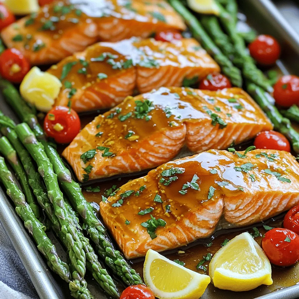 - 4 salmon fillets (about 6 oz each) - 1/4 cup pure maple syrup - 3 tablespoons Dijon mustard - 2 tablespoons soy sauce (or tamari for gluten-free) - 1 tablespoon olive oil - 2 cloves garlic, minced - 1 teaspoon fresh ginger, grated - 1 pound asparagus, trimmed - 1 cup cherry tomatoes, halved - Lemon wedges, for serving - Fresh parsley, chopped, for garnish The main ingredients include fresh salmon fillets, rich maple syrup, and zesty Dijon mustard. These flavors create a sweet and savory taste that makes the dish pop. The additional ingredients, soy sauce, olive oil, garlic, and ginger, add depth and brightness to the meal. You can’t forget the veggies! Asparagus and cherry tomatoes roast beautifully next to the salmon. They soak up the flavors and add color to your plate. Finally, lemon wedges and parsley give the dish a fresh look and taste. Check out the Full Recipe for more details on how to make this delightful meal! 1. Preheat your oven to 400°F (200°C). This step helps your meal cook evenly and quickly. 2. Line a large baking sheet with parchment paper. This makes cleanup easy and keeps your salmon from sticking. 1. In a small bowl, mix the maple syrup, Dijon mustard, soy sauce, olive oil, minced garlic, and grated ginger. Combine these well for a tasty marinade. 2. Marinating is vital. It adds flavor and helps keep the salmon moist while cooking. 1. Place the salmon fillets on one side of the baking sheet. This keeps them separate from the veggies. 2. Brush the tops of the salmon with the marinade. Save some marinade for later to add more flavor. 1. Bake everything in the oven for about 15-20 minutes. The salmon should flake easily when done. 2. Check for doneness by gently pressing the salmon with a fork. If it flakes easily, it’s ready to eat. To achieve flaky salmon, you need to cook it just right. Look for salmon that flakes easily with a fork. This means it’s done. Overcooking can lead to dry fish. A good tip is to use a meat thermometer. Aim for an internal temperature of 145°F (63°C). Marinating the salmon is key to flavor. Allow it to sit for at least 15 minutes. This gives the fish time to absorb the tasty maple Dijon mix. If you can, marinate for up to an hour for an even richer taste. Seasoning your vegetables can make a big difference. A simple mix of olive oil, salt, and pepper works great. You can also add garlic powder or dried herbs for more flavor. Adjust cooking times based on your taste. If you like your asparagus crisp, check it at 15 minutes. For softer veggies, let them cook a few extra minutes. Just remember to keep an eye on the salmon too! Pairing side dishes can elevate your meal. Try serving with rice or quinoa for a complete dinner. A fresh salad also goes well, adding crunch and color. For garnishes, lemon wedges add brightness. Fresh parsley brings a nice touch. Arrange the salmon and veggies neatly on the plate. It makes for a beautiful presentation. For more tips, check out the Full Recipe. {{image_2}} Alternative fish options You can swap salmon for other fish. Good choices are tilapia, trout, or cod. These fish have mild flavors and cook quickly. They will soak up the maple Dijon sauce well. Substituting vegetables Feel free to change the veggies. Broccoli, zucchini, or bell peppers work well. Each adds its own texture and taste. Just make sure to cut them into similar sizes for even cooking. Adding spices or herbs Want to boost the flavor? Add spices like paprika, cayenne, or cumin. Fresh herbs like dill or thyme can also add a nice touch. Just sprinkle them on before cooking. Suggested glaze variations You can mix up the glaze too. Try adding orange juice or balsamic vinegar. These changes will give your dish a unique twist. You can even use honey instead of maple syrup for a different sweetness. Grilling vs. baking You can grill the salmon for a smoky taste. Just make sure to oil the grill to prevent sticking. Baking is easier and perfect for busy nights. Both methods keep the fish moist. Sheet pan vs. individual servings This recipe is great for a sheet pan meal. But you can also cook individual portions. Just use smaller pans and adjust the cooking time. Either way, you get a tasty meal. For the full recipe, check out the detailed instructions above. To store leftovers, place the salmon and veggies in an airtight container. This keeps them fresh. You can refrigerate the meal for up to three days. Make sure it cools down to room temperature before sealing it. This helps prevent moisture build-up, which can make your food spoil faster. To safely reheat salmon, use a gentle method. The oven is best. Preheat it to 275°F (135°C). Place the salmon on a baking sheet. Cover it with foil to keep it moist. Heat for about 15 minutes or until warm. You can also use the microwave. Just place the salmon on a microwave-safe plate. Heat in short bursts of 30 seconds. Check often to avoid overcooking. The salmon can dry out if heated too long. You can freeze cooked salmon and vegetables. Place them in a freezer-safe container. Use parchment paper between layers to avoid sticking. This keeps them fresh for up to three months. To thaw properly, move the salmon to the fridge overnight. This keeps the texture nice. You can also use the microwave's defrost setting, but this may change the texture a bit. Always check that the salmon is fully thawed before reheating. You can check if the salmon is done by looking for a few signs. First, the salmon should be opaque and not translucent. When you poke it with a fork, it should flake easily. The best way is to use a food thermometer. The internal temperature should reach 145°F (63°C). This ensures it is safe to eat and still juicy. Yes, you can try other syrups. While maple syrup adds a unique flavor, honey and agave syrup are great alternatives. Honey gives a sweeter taste, and agave is milder. Just keep in mind that these options may change the final flavor of your dish. This dish pairs well with many sides. Some great options include: - Quinoa or rice for a hearty base - Roasted sweet potatoes for sweetness - A fresh green salad for crunch - Garlic bread for a tasty addition Feel free to mix and match to create a balanced meal. This blog post walked you through making a tasty Sheet Pan Maple Dijon Salmon. You learned about the simple ingredients, how to prepare the dish, and tips to cook it perfectly. Remember to marinate your salmon well and season your veggies to boost flavor. You can even switch ingredients for a unique twist. Now, you can enjoy a delicious meal that is easy to make and good for you. Get ready to impress your friends and family with this dish!