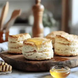 - 2 cups all-purpose flour: This forms the base of your biscuits. Use a good quality flour for best results. - 1 tablespoon baking powder: This helps your biscuits rise and become fluffy. - 1/2 teaspoon baking soda: It works with the buttermilk to create a nice lift. - 1 teaspoon salt: This enhances the flavor of your biscuits. - 1/4 cup unsalted butter, cold and cubed: Cold butter creates flaky layers. Cut it into small cubes for easy mixing. - 3/4 cup buttermilk, chilled: This is key for the biscuit's tender texture. If you don’t have buttermilk, mix milk and vinegar as a substitute. - 1 tablespoon honey (optional): This adds a touch of sweetness. Feel free to leave it out if you prefer plain biscuits. If you run out of buttermilk, you can use: - Milk and vinegar (1 tablespoon vinegar mixed with 3/4 cup milk). - Yogurt thinned with a bit of water. For a richer flavor: - Swap out the butter for cold shortening or a mix of both. These simple swaps can help you make delicious biscuits with what you have at home. Start by preheating your oven to 450°F (230°C). While the oven warms, line a baking sheet with parchment paper. This helps prevent the biscuits from sticking. For measuring, use dry measuring cups for flour. Spoon the flour into the cup, then level it with a knife. This method ensures you don’t pack too much flour. Accurate measuring is key to fluffy biscuits. Sifting your flour and dry ingredients is very important. This step adds air and breaks up lumps. It helps your biscuits rise better. In a large bowl, sift the flour, baking powder, baking soda, and salt together. Mixing these dry ingredients well ensures even rising throughout the dough. Next, you’ll mix in the butter and buttermilk. Cut the cold, cubed butter into the flour mix using a pastry cutter or your fingers. Aim for a texture like coarse crumbs. Then, make a well in the center of the flour. Pour in the cold buttermilk and honey if you want a hint of sweetness. Stir gently with a fork. Stop as soon as the dough comes together to avoid overmixing. Overmixing makes biscuits tough, not fluffy. When handling the dough, turn it onto a lightly floured surface. Knead it gently 4-5 times until smooth. Be careful not to press too hard. Next, pat the dough into a rectangle about 1 inch thick. Fold it over itself three times. This creates layers, which help the biscuits rise. Keep the dough cold; it helps the butter stay solid and creates flaky layers. To cut the biscuits, use a round cutter. Press straight down without twisting. This helps the biscuits rise evenly. Place the cut biscuits on the baking sheet, leaving space between them. Bake in the preheated oven for 10-12 minutes. Watch for a golden brown top. Once done, brush with melted butter if you like. Enjoy these homemade buttermilk biscuits warm. For the complete recipe, check out the Full Recipe. To make your biscuits light and fluffy, start with cold ingredients. Use chilled buttermilk and cold butter. Cold butter creates steam, which helps the biscuits rise. When you mix the butter into the flour, aim for pea-sized pieces. This step is key for that tender texture. Also, when you pat out the dough, don’t press too hard. Gentle handling keeps the layers intact, allowing for a nice lift during baking. One common mistake is overmixing the dough. When you overmix, the biscuits become tough instead of fluffy. Mix just until the dough comes together. Another mistake is mismeasuring ingredients. Always use dry measuring cups for flour and baking powder. Too much flour leads to dry biscuits, while too little can cause them to spread too much. Using the right tools makes a big difference. A pastry cutter helps cut the butter into the flour. A round biscuit cutter creates clean edges, helping the biscuits rise evenly. Don’t forget parchment paper! It keeps the biscuits from sticking and ensures even baking. Use a baking sheet with a flat surface for best results. These tools will help you create perfect biscuits every time. For the complete guide, check out the Full Recipe. {{image_2}} You can make your biscuits more exciting by adding flavors. Cheese is a great start. Try sharp cheddar for a savory kick. You can mix in herbs like rosemary or thyme for a fresh taste. For a bit of heat, add crushed red pepper flakes. You can also include spices like garlic powder or onion powder for extra flavor. Each of these add-ins can change the taste of your biscuits in fun ways. Serve your biscuits with a variety of tasty spreads. Jams like strawberry or raspberry add a sweet touch. Honey is another great option, especially if you love a bit of sweetness. For a savory twist, try butter mixed with herbs or garlic. You can even serve them with gravy or soups. These pairings can turn your biscuits into a meal or a delightful snack. Explore different biscuit styles to keep things interesting. Cheddar biscuits are rich and cheesy. They pair well with soups or salads. You can also try rosemary biscuits, which bring a nice herbal flavor. If you're feeling adventurous, make a sweet biscuit with cinnamon and sugar. Each type of biscuit offers a new taste and texture, making every meal special. For more details on making these variations, check out the Full Recipe for ideas. To keep leftover biscuits fresh, store them in an airtight container. This method keeps the moisture in and the biscuits soft. If you want to freeze them, wrap each biscuit in plastic wrap. Then, place them in a freezer bag. This way, you can enjoy them later without losing their taste. To reheat biscuits, use the oven. Preheat it to 350°F (175°C). Place the biscuits on a baking sheet. Heat them for about 5 to 10 minutes. This method helps keep the biscuits fluffy. You can also microwave them for 15 to 20 seconds, but this might make them a bit chewy. Homemade buttermilk biscuits last for about 2 days at room temperature. If stored in the fridge, they can last up to a week. Frozen biscuits can stay good for about 3 months. When you want that fresh taste, try to eat them as soon as you can! Yes, you can! If you don't have buttermilk, use milk and vinegar. Mix 3/4 cup milk with 1 tablespoon of white vinegar. Let it sit for 5-10 minutes. This will mimic buttermilk's tangy taste. You can also use yogurt or sour cream. Thin them out with a little water or milk to reach the right consistency. Dense biscuits often come from overmixing or too much flour. When you mix too much, you develop gluten, making them tough. Also, ensure your baking powder and baking soda are fresh. Old leavening agents can fail to create lift. Use the right flour amount and measure carefully. Spoon flour into your measuring cup instead of scooping. You can prepare the dough and chill it. Shape the biscuits and place them on a baking sheet. Cover them tightly and refrigerate for up to 2 hours. You can also freeze them. Once frozen, transfer the biscuits to a freezer bag. Bake them from frozen, adding a few extra minutes to the baking time. These biscuits are great with butter and jam for breakfast. You can serve them with gravy for a hearty brunch. They pair well with fried chicken or soups for dinner. Try them with honey or serve alongside fresh fruit. The options are endless, so get creative! For complete details on making Homemade Buttermilk Biscuits, check out the Full Recipe. In this blog post, you learned how to make homemade buttermilk biscuits from scratch. We covered essential ingredients, step-by-step instructions, and helpful tips to ensure your biscuits are light and fluffy. Remember to avoid common mistakes like overmixing. You can also explore delicious variations and find the best ways to store and reheat your biscuits. Now, with the knowledge and techniques shared, you can create perfect biscuits every time. Enjoy the process and the delicious result!