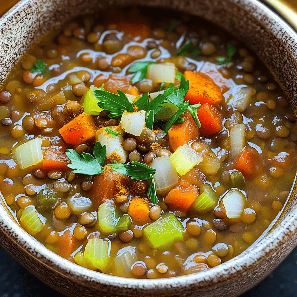 To make this warm and filling spiced lentil soup, gather these simple items: - 1 cup green or brown lentils, rinsed - 1 medium onion, diced - 2 cloves garlic, minced - 2 carrots, diced - 2 celery stalks, diced - 1 can (14 oz) diced tomatoes - 6 cups vegetable broth - 2 teaspoons cumin - 1 teaspoon coriander - 1 teaspoon turmeric - ½ teaspoon smoked paprika - ½ teaspoon cayenne pepper (optional, for heat) - Salt and pepper to taste - 2 tablespoons olive oil - Fresh parsley, for garnish You can mix in some extra ingredients to make the soup even better: - 1 bay leaf for depth - 1 teaspoon ginger for warmth - 1 tablespoon lemon juice for brightness - 1 cup spinach or kale for added greens These options add layers of taste and nutrients. This spiced lentil soup is not just tasty; it is also healthy. Each serving offers: - Approximately 200 calories - 12 grams of protein - 15 grams of fiber - Low in fat, especially if you skip the cayenne Lentils are a great source of plant-based protein. This soup keeps you full and satisfied while nourishing your body. Enjoy this hearty dish, and if you want the full recipe, you can find it above. To start, gather your ingredients. You will need: - 1 cup green or brown lentils, rinsed - 1 medium onion, diced - 2 cloves garlic, minced - 2 carrots, diced - 2 celery stalks, diced - 1 can (14 oz) diced tomatoes - 6 cups vegetable broth - 2 teaspoons cumin - 1 teaspoon coriander - 1 teaspoon turmeric - ½ teaspoon smoked paprika - ½ teaspoon cayenne pepper (optional, for heat) - Salt and pepper to taste - 2 tablespoons olive oil - Fresh parsley, for garnish Wash your lentils well to remove any dust. Dice your onion, carrots, and celery into small pieces for even cooking. This prep makes the soup tasty and nice to eat. 1. Heat the olive oil in a large pot over medium heat. Add the diced onion, carrots, and celery. Cook for about 5-7 minutes. You want them soft and fragrant. 2. Add the minced garlic and cook for one more minute. The smell will be amazing! 3. Toss in the cumin, coriander, turmeric, smoked paprika, and cayenne pepper if you like some heat. Stir for 1-2 minutes to toast the spices. This step brings out their full flavor. 4. Add the rinsed lentils, diced tomatoes with their juices, and the vegetable broth. 5. Bring the soup to a boil. Then, lower the heat and let it simmer. Cook for about 25-30 minutes. Stir it now and then until the lentils are tender. 6. Taste and add salt and pepper as needed. If the soup is too thick, pour in some extra broth or water until you like the texture. 7. When ready, serve the soup hot. Top it with fresh parsley for a bright finish. I love to serve spiced lentil soup with crusty bread on the side. The bread is perfect for dipping. You can also add a dollop of yogurt or a squeeze of lemon for extra flavor. Enjoy this hearty soup with family or friends. It warms the heart and fills the belly! For the full recipe, check out the section on ingredients. When making spiced lentil soup, avoid using old lentils. They may not cook well. Always rinse lentils before cooking to remove dirt and debris. If you skip the sauté step, you miss out on flavor. Do not forget to season the soup later; it enhances taste. To boost flavor, try adding a splash of lemon juice before serving. This brightens the soup. Fresh herbs like cilantro or dill also add a nice touch. Consider using homemade vegetable broth for more depth. Toast the spices before adding other ingredients. This brings out their true essence. If you want a thicker soup, blend part of it with an immersion blender. This keeps some texture while making it creamy. You can also add more lentils or reduce the broth. Simmer longer to thicken naturally. For a heartier option, try adding diced potatoes or sweet potatoes. For the full recipe, check out the detailed instructions. {{image_2}} You can easily make this spiced lentil soup vegetarian or vegan. The base recipe is already plant-based. Just use vegetable broth, which is perfect for both diets. For added protein, toss in some chopped kale or spinach. They will give extra flavor and nutrients. You can also add chickpeas for more texture. This soup is filling and healthy without any animal products. If you love heat, this soup can pack a punch! You can add more cayenne pepper for spice. Try fresh jalapeños or even a dash of hot sauce. For a smoky flavor, consider adding chipotle peppers. You can also mix in some diced bell peppers for sweetness. These add-ins can enhance the soup while keeping it balanced. While green or brown lentils work best, you can try other types too. Red lentils cook quickly and turn soft, making the soup creamy. Black lentils add a nice bite and color. Each type has its own taste and texture, so feel free to experiment. You can even mix different lentils for a fun twist. Try each one and see which you love most! For the complete recipe, check out the Full Recipe. After you enjoy your spiced lentil soup, let it cool. Pour any leftovers into an airtight container. Store it in the fridge. The soup stays fresh for about 3 to 5 days. Make sure to label the container with the date. This helps you remember when you made it. If you want to keep the soup longer, freezing is a great option. Allow the soup to cool completely. Then, divide it into portions. Use freezer-safe containers or bags. Squeeze out as much air as you can. This helps prevent freezer burn. The soup can last for up to 3 months in the freezer. When you're ready to enjoy your soup again, take it out of the fridge or freezer. For fridge leftovers, just pour it into a pot. Heat over medium heat, stirring often. If frozen, thaw it in the fridge overnight. Then, reheat it in a pot. You can also use a microwave, stirring every minute. Add a splash of broth or water if it seems too thick. Enjoy this hearty meal warm! For the full recipe, check out the details above. Spiced lentil soup will last in the fridge for about 5 days. Store it in an airtight container. This helps keep the flavors fresh and bright. If you want to enjoy it longer, consider freezing it. Yes, you can make spiced lentil soup in a slow cooker. Start by sautéing the onion, carrots, and celery in a pan. Then, add all ingredients to your slow cooker. Cook on low for 6-8 hours or on high for 3-4 hours. This method makes the soup very tasty. Spiced lentil soup pairs well with many sides. Here are some ideas: - Crusty bread - Rice or quinoa - A fresh green salad - Grilled cheese sandwiches These options add texture and flavor to your meal. Yes, feel free to add more vegetables. Spinach, kale, or bell peppers work great. Just chop them and add them during cooking. This adds more nutrients and color to your soup. Yes, spiced lentil soup is gluten-free. All the ingredients are safe for people with gluten allergies. It’s a hearty option for everyone to enjoy. You can use canned lentils if you're short on time. Rinse and drain them before adding to your soup. Add them in the last 10 minutes of cooking to heat through. To adjust spice, add cayenne pepper to taste. You can also use less or skip it altogether. For a milder soup, add more broth and veggies to balance flavors. Green or brown lentils work best for this soup. They hold their shape during cooking and add a nice texture. Avoid red lentils, as they become mushy. Yes, you can make it ahead of time. The flavors deepen as it sits. Just store in the fridge or freeze. Reheat before serving for a warm meal. Absolutely! Fresh herbs like thyme or rosemary add great flavor. Just add them at the end to keep their taste vibrant. Experiment and find your favorite mix! For the full recipe, check out the detailed instructions provided earlier. In this post, we covered key ingredients for spiced lentil soup, preparation, cooking, and serving steps. I shared some tips to avoid common mistakes and enhance flavor. You learned about variations like vegetarian options and different lentils. Lastly, we discussed storage, including best practices for leftovers. By following these steps, you can enjoy a hearty bowl of soup anytime. Dive in and experiment with your own flavors! You’ll love the warm taste and simple steps. Let your soup journey begin!