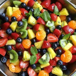To make this Honey Lime Fruit Salad, you will need some fresh and tasty fruits. Here’s what you need: - 2 cups strawberries, hulled and sliced - 1 cup blueberries - 2 cups pineapple, diced - 1 cup kiwi, peeled and sliced - 1 cup mandarin oranges, drained - 3 tablespoons honey - 2 tablespoons fresh lime juice - Zest of 1 lime - Fresh mint leaves for garnish These ingredients create a bright and colorful mix. Each fruit adds its own flavor. Strawberries bring sweetness, while kiwi adds a tangy twist. Pineapple gives the salad a tropical vibe. Blueberries and mandarin oranges add bursts of flavor. The honey and lime dressing ties everything together. It’s sweet and zesty, making each bite refreshing. You can use any ripe fruit you like. This recipe is flexible, so feel free to experiment. For the full recipe, check out the detailed instructions. How to hull and slice strawberries To hull strawberries, use a small paring knife. Insert the knife at the green top. Gently pull the knife down to remove the core. After hulling, slice each strawberry into even pieces. Techniques for dicing pineapple Start by cutting off the top and bottom of the pineapple. Stand it upright. Slice the skin off in strips, removing the eyes. Cut the pineapple into long slices, then dice them into small cubes. Preparing kiwi and mandarin oranges For kiwi, peel the skin with a knife or a spoon. Slice it into rounds and then into smaller pieces. For mandarin oranges, if using fresh, peel them and separate the segments. If using canned, drain them well. Ingredients for the dressing You need just three simple ingredients: - 3 tablespoons honey - 2 tablespoons fresh lime juice - Zest of 1 lime Whisking tips for smooth consistency In a small bowl, add honey, lime juice, and lime zest. Use a whisk to mix well. Keep whisking until the honey fully blends with the lime. A smooth dressing makes the fruit salad taste better. How to combine fruits and dressing In a large mixing bowl, add all the prepared fruits. Drizzle the honey lime dressing over the fruits. Use a spatula or large spoon to gently fold the dressing into the fruit. Be careful not to break the fruit pieces. Importance of refrigeration before serving Cover the bowl with plastic wrap. Refrigerate the fruit salad for about 30 minutes. This step helps the flavors mix well. Chilled fruit salad tastes fresh and vibrant. You can find the full recipe to guide you through the process. Choosing ripe fruits is key. Look for strawberries that are bright red and firm. Blueberries should be plump and have a deep color. Pineapples should smell sweet at the base. For kiwis, choose ones that yield slightly to pressure. Mandarin oranges can be fresh or canned; just make sure they are juicy. To prevent browning of fruits, use lime juice. The acid in lime helps keep fruits looking fresh. Toss fruits in lime juice right after cutting. You can also mix the honey lime dressing and coat the fruits right away. For presentation, choose clear glass bowls. They show off the vibrant colors of the fruits. Use a large bowl for gatherings. Individual cups can be fun for parties or picnics. Garnish with fresh mint leaves for a pop of color. Pairing options can enhance your meal. Serve this salad with grilled chicken for a light lunch. It goes well with fish tacos for a fun dinner. For brunch, pair it with yogurt and granola. This salad is versatile for any occasion. For the complete recipe, check out the Full Recipe section. {{image_2}} You can add many fruits to your honey lime fruit salad. Try using apples, grapes, or peaches. They add crunch and sweetness. For seasonal options, pick fresh berries in summer. In fall, use pears and apples. Each fruit adds its own taste and texture. Mix and match to find your favorite blend. If you want to swap honey, use maple syrup or agave nectar. These options offer sweetness without honey. For a vegan salad, just use these substitutes. You can also make it sugar-free with a sweetener like stevia. This way, everyone can enjoy this tasty dish. To keep your honey lime fruit salad fresh, place it in an airtight container. This helps avoid air exposure, which can cause the fruits to brown. Store the container in the fridge. It will stay good for about three days. To maintain freshness, do not mix in the dressing until you are ready to serve. This keeps the fruits crisp and vibrant. Can you freeze honey lime fruit salad? Yes, but it's not the best choice. Freezing can change the texture of the fruits. However, if you want to freeze it, follow these steps. First, prepare the salad without the honey lime dressing. Place it in a freezer-safe container. Make sure to leave some space at the top for expansion. Seal the container tightly. To properly freeze fruit salad, label it with the date. It can last up to three months in the freezer. When you're ready to enjoy it, thaw it in the fridge overnight. After thawing, add the honey lime dressing before serving. This will revive the flavors, but the texture may not be the same as fresh. What makes this fruit salad unique? This fruit salad stands out due to its bright flavors. The honey and lime mix brings a sweet and tangy taste. Each fruit adds its own flavor and texture. It’s a burst of freshness in every bite! Can I use different types of honey? Yes, you can! Each honey type has a unique taste. Lavender honey adds a floral note, while clover honey is milder. You can even try orange blossom honey for a zesty twist. Just remember, the flavor of the honey changes the salad’s taste. How long does the fruit salad last in the fridge? The fruit salad stays fresh for about three days in the fridge. Be sure to keep it covered. After that, the fruits may start to lose their crunch. Enjoy it within this time for the best taste! Caloric content per serving Each serving contains about 150 calories. This salad is light but filling. It’s a great choice for a refreshing snack or dessert. Key vitamins and minerals in the fruit salad This salad is rich in vitamins C and A. Strawberries and kiwi boost your immune health. Pineapple adds manganese, important for bone health. This mix is both tasty and healthy! You can find the Full Recipe linked for a complete guide to making this delightful dish. You now have a tasty honey lime fruit salad ready to enjoy. We covered the best ingredients and preparation methods. You learned how to make a simple honey lime dressing and mix it all together. We also shared tips for freshness and presentation, plus variations for your tastes. Remember, this salad is not only delicious but full of vitamins. With just a few steps, you can impress your friends and family. Enjoy making this refreshing dish any time you want!