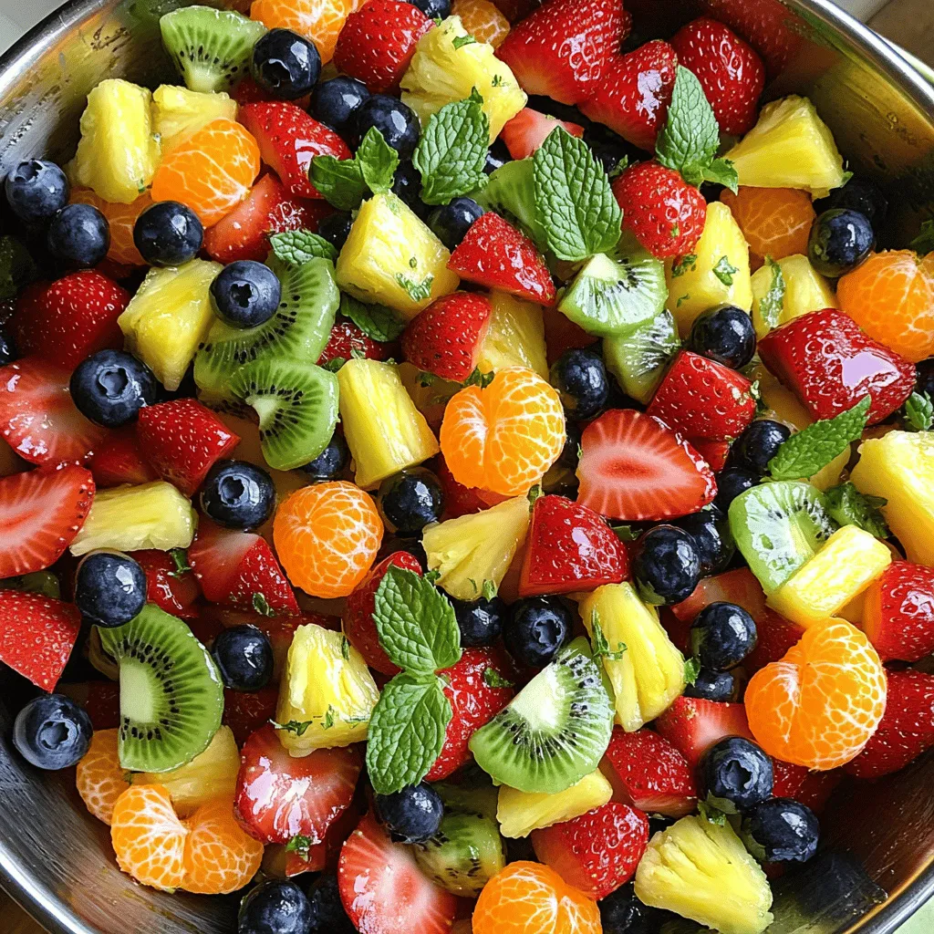 To make this Honey Lime Fruit Salad, you will need some fresh and tasty fruits. Here’s what you need: - 2 cups strawberries, hulled and sliced - 1 cup blueberries - 2 cups pineapple, diced - 1 cup kiwi, peeled and sliced - 1 cup mandarin oranges, drained - 3 tablespoons honey - 2 tablespoons fresh lime juice - Zest of 1 lime - Fresh mint leaves for garnish These ingredients create a bright and colorful mix. Each fruit adds its own flavor. Strawberries bring sweetness, while kiwi adds a tangy twist. Pineapple gives the salad a tropical vibe. Blueberries and mandarin oranges add bursts of flavor. The honey and lime dressing ties everything together. It’s sweet and zesty, making each bite refreshing. You can use any ripe fruit you like. This recipe is flexible, so feel free to experiment. For the full recipe, check out the detailed instructions. How to hull and slice strawberries To hull strawberries, use a small paring knife. Insert the knife at the green top. Gently pull the knife down to remove the core. After hulling, slice each strawberry into even pieces. Techniques for dicing pineapple Start by cutting off the top and bottom of the pineapple. Stand it upright. Slice the skin off in strips, removing the eyes. Cut the pineapple into long slices, then dice them into small cubes. Preparing kiwi and mandarin oranges For kiwi, peel the skin with a knife or a spoon. Slice it into rounds and then into smaller pieces. For mandarin oranges, if using fresh, peel them and separate the segments. If using canned, drain them well. Ingredients for the dressing You need just three simple ingredients: - 3 tablespoons honey - 2 tablespoons fresh lime juice - Zest of 1 lime Whisking tips for smooth consistency In a small bowl, add honey, lime juice, and lime zest. Use a whisk to mix well. Keep whisking until the honey fully blends with the lime. A smooth dressing makes the fruit salad taste better. How to combine fruits and dressing In a large mixing bowl, add all the prepared fruits. Drizzle the honey lime dressing over the fruits. Use a spatula or large spoon to gently fold the dressing into the fruit. Be careful not to break the fruit pieces. Importance of refrigeration before serving Cover the bowl with plastic wrap. Refrigerate the fruit salad for about 30 minutes. This step helps the flavors mix well. Chilled fruit salad tastes fresh and vibrant. You can find the full recipe to guide you through the process. Choosing ripe fruits is key. Look for strawberries that are bright red and firm. Blueberries should be plump and have a deep color. Pineapples should smell sweet at the base. For kiwis, choose ones that yield slightly to pressure. Mandarin oranges can be fresh or canned; just make sure they are juicy. To prevent browning of fruits, use lime juice. The acid in lime helps keep fruits looking fresh. Toss fruits in lime juice right after cutting. You can also mix the honey lime dressing and coat the fruits right away. For presentation, choose clear glass bowls. They show off the vibrant colors of the fruits. Use a large bowl for gatherings. Individual cups can be fun for parties or picnics. Garnish with fresh mint leaves for a pop of color. Pairing options can enhance your meal. Serve this salad with grilled chicken for a light lunch. It goes well with fish tacos for a fun dinner. For brunch, pair it with yogurt and granola. This salad is versatile for any occasion. For the complete recipe, check out the Full Recipe section. {{image_2}} You can add many fruits to your honey lime fruit salad. Try using apples, grapes, or peaches. They add crunch and sweetness. For seasonal options, pick fresh berries in summer. In fall, use pears and apples. Each fruit adds its own taste and texture. Mix and match to find your favorite blend. If you want to swap honey, use maple syrup or agave nectar. These options offer sweetness without honey. For a vegan salad, just use these substitutes. You can also make it sugar-free with a sweetener like stevia. This way, everyone can enjoy this tasty dish. To keep your honey lime fruit salad fresh, place it in an airtight container. This helps avoid air exposure, which can cause the fruits to brown. Store the container in the fridge. It will stay good for about three days. To maintain freshness, do not mix in the dressing until you are ready to serve. This keeps the fruits crisp and vibrant. Can you freeze honey lime fruit salad? Yes, but it's not the best choice. Freezing can change the texture of the fruits. However, if you want to freeze it, follow these steps. First, prepare the salad without the honey lime dressing. Place it in a freezer-safe container. Make sure to leave some space at the top for expansion. Seal the container tightly. To properly freeze fruit salad, label it with the date. It can last up to three months in the freezer. When you're ready to enjoy it, thaw it in the fridge overnight. After thawing, add the honey lime dressing before serving. This will revive the flavors, but the texture may not be the same as fresh. What makes this fruit salad unique? This fruit salad stands out due to its bright flavors. The honey and lime mix brings a sweet and tangy taste. Each fruit adds its own flavor and texture. It’s a burst of freshness in every bite! Can I use different types of honey? Yes, you can! Each honey type has a unique taste. Lavender honey adds a floral note, while clover honey is milder. You can even try orange blossom honey for a zesty twist. Just remember, the flavor of the honey changes the salad’s taste. How long does the fruit salad last in the fridge? The fruit salad stays fresh for about three days in the fridge. Be sure to keep it covered. After that, the fruits may start to lose their crunch. Enjoy it within this time for the best taste! Caloric content per serving Each serving contains about 150 calories. This salad is light but filling. It’s a great choice for a refreshing snack or dessert. Key vitamins and minerals in the fruit salad This salad is rich in vitamins C and A. Strawberries and kiwi boost your immune health. Pineapple adds manganese, important for bone health. This mix is both tasty and healthy! You can find the Full Recipe linked for a complete guide to making this delightful dish. You now have a tasty honey lime fruit salad ready to enjoy. We covered the best ingredients and preparation methods. You learned how to make a simple honey lime dressing and mix it all together. We also shared tips for freshness and presentation, plus variations for your tastes. Remember, this salad is not only delicious but full of vitamins. With just a few steps, you can impress your friends and family. Enjoy making this refreshing dish any time you want!