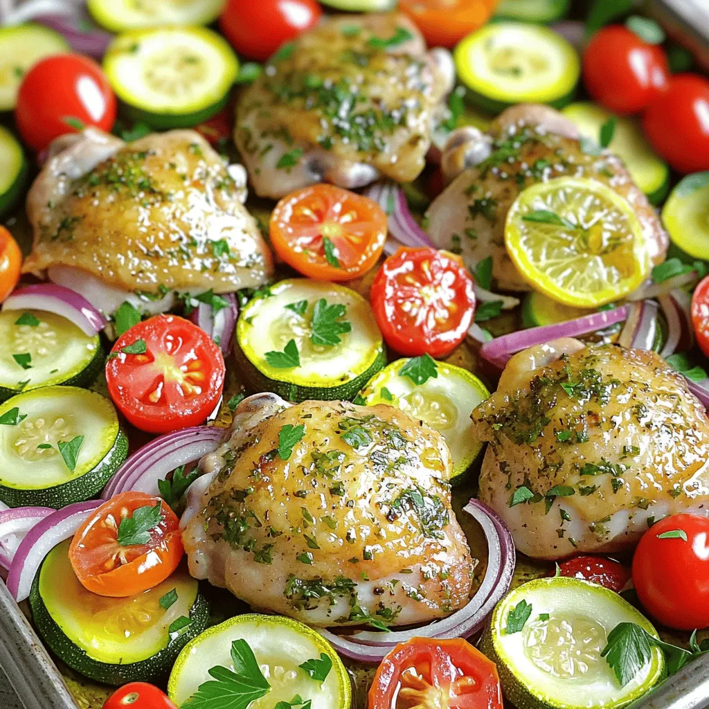 To create a tasty Lemon Herb Chicken Sheet Pan Dinner, gather these fresh ingredients. This dish brings bright flavors and easy prep, making it a weeknight favorite. - Chicken and Vegetables - 4 boneless, skinless chicken thighs - 2 medium zucchinis, sliced into half-moons - 1 red bell pepper, sliced into strips - 1 cup cherry tomatoes, halved - 1 red onion, cut into wedges - Marinade Components - 3 cloves garlic, minced - 1/4 cup olive oil - Juice and zest of 1 large lemon - 2 teaspoons dried oregano - 1 teaspoon dried thyme - Salt and pepper, to taste - Fresh parsley, chopped (for garnish) Using fresh ingredients makes a big difference in taste. The chicken absorbs the bright lemon and herb flavors well. The vegetables cook perfectly and add color to your meal. You can find the full recipe above to ensure you have all you need. Enjoy cooking! Preheat the Oven First, set your oven to 425°F (220°C). This heat helps cook the chicken and veggies just right. Prepare the Marinade In a large bowl, mix together the olive oil, lemon juice, lemon zest, minced garlic, oregano, thyme, salt, and pepper. This mix gives the dish its bright, zesty flavor. Marinate the Chicken Add the chicken thighs to the bowl. Make sure each piece is coated well with the marinade. Let it sit for at least 15 minutes. This step is key to making the chicken juicy and tasty. Prepare the Vegetables While the chicken soaks up the marinade, chop the zucchini, red bell pepper, cherry tomatoes, and red onion. Cutting them into similar sizes helps them cook evenly. Assemble the Sheet Pan Take a large baking sheet and place the marinated chicken in the center. Surround it with the chopped veggies. This setup allows all the flavors to mingle. Drizzle and Toss Drizzle any leftover marinade over the veggies. Toss them gently to coat. This ensures every bite bursts with flavor. Bake the Chicken and Vegetables Put the sheet pan in the preheated oven. Bake for about 25-30 minutes. The chicken is done when it reaches 165°F (75°C) and the veggies are tender. Check for Doneness Use a meat thermometer to check the chicken's temperature. This step guarantees you serve perfectly cooked chicken. Resting Period Once baked, take it out of the oven and let it rest for 5 minutes. This resting helps the juices stay in the chicken. Enjoy your Lemon Herb Chicken Sheet Pan Dinner! For the full recipe, check the main ingredients and instructions above. Marinating Time Tips Marinating chicken is key for flavor. I suggest at least 15 minutes. For deeper flavor, marinate for 1 to 2 hours. You can even marinate overnight. Just keep it in the fridge. The longer you marinate, the tastier your chicken will be. Cooking Temperature Guidance Always cook chicken at the right temperature. I recommend 425°F (220°C) for this recipe. This high heat gives you juicy chicken and crispy edges. Use a meat thermometer to check the internal temperature. It should reach 165°F (75°C) to be safe and tasty. Best Vegetables for Sheet Pan Dinners Zucchini, bell peppers, and cherry tomatoes work great here. They cook fast and taste fresh. Other good choices include broccoli, asparagus, and carrots. Mix and match to keep it fun. Just cut them into similar sizes for even cooking. Quick Chopping Techniques Chopping veggies can be quick. Use a sharp knife for clean cuts. For zucchini, slice into half-moons. For bell peppers, cut into strips. Cherry tomatoes can just be halved. This saves time and keeps your fingers safe. Garnishing with Fresh Herbs Fresh herbs make your dish pop. I love using parsley here. Chop it finely and sprinkle it on top just before serving. It adds color and freshness. You can also use basil or cilantro for a twist. Serving Suggestions Serve this dish family-style. Place the sheet pan on the table. Let everyone help themselves. You can pair it with warm bread or a side salad. This makes for a lovely, casual meal. For the full recipe, check out the earlier section. {{image_2}} You can easily swap the chicken in this dish. Try using chicken breasts or drumsticks. Chicken breasts cook quicker and stay moist. Drumsticks add more flavor from the skin. Just keep an eye on cooking times. What if you want a meat-free option? Fish or tofu works great! Salmon or cod gives a nice flavor. Tofu soaks up the marinade well. Just press it first to remove extra water. This dish is flexible with vegetables. You can use seasonal swaps like asparagus or carrots. They add crunch and flavor. You can also mix in sweet potatoes for a heartier meal. Don't forget about colors! Use colorful veggies like yellow bell peppers or purple cabbage. They make your dish look bright and fun. Variety helps with taste and nutrients, too. Want to boost the flavor? Add more herbs and spices. Fresh dill or basil brings a new twist. You could even try smoked paprika for a smoky flavor. Another fun idea is to play with citrus. Instead of lemon, use lime or orange. Each fruit adds a different taste. Experimenting keeps meals exciting! For the full recipe, check out the Lemon Herb Chicken Sheet Pan Dinner 🥗. Store any leftover lemon herb chicken in the fridge. Place it in an airtight container. It keeps well for up to three days. For freezing, wrap the chicken tightly in plastic wrap and then foil. It can last up to three months in the freezer. To reheat, use the oven for the best results. Preheat it to 350°F (175°C). Place the chicken on a baking sheet and cover it with foil. Heat for about 15 minutes. You can also use a microwave, but it may dry the chicken out. To keep the flavor and texture, add a splash of water before heating. You can make this dish ahead of time for quick dinners. Marinate the chicken and chop the veggies the night before. Store them separately in the fridge. For lunches, pack the chicken and veggies in meal prep containers. This way, you have a healthy meal ready to go! Check out the Full Recipe for more tips. Cooking lemon herb chicken usually takes about 25-30 minutes at 425°F (220°C). The chicken is done when it reaches an internal temperature of 165°F (75°C). For best results, use a meat thermometer. This step ensures your chicken is safe to eat and juicy. If you cook at a lower temperature, adjust the time. Cooking at 375°F (190°C) may take around 35-40 minutes. Yes, you can use a different marinade. If you want to change the flavor, try a honey mustard mix. Combine honey, Dijon mustard, olive oil, and lemon juice for a sweet twist. Another option is a yogurt-based marinade with garlic, lemon, and herbs. This option adds creaminess and tenderness to the chicken. Don't hesitate to mix flavors! Lemon herb chicken goes well with many sides. Here are some great ideas: - Roasted potatoes - Steamed broccoli - Quinoa salad - Mixed green salad - Garlic bread These sides add color and flavor to your meal. For a fresh twist, try a simple cucumber salad. You can find the full recipe for the lemon herb chicken sheet pan dinner in the main article. You now have a clear guide to create a delicious lemon herb chicken dish. We covered the ingredients, step-by-step instructions, and even tips for perfection. Remember to explore variations based on your taste and what's in season. Proper storage and reheating keep leftovers fresh and tasty. I hope you feel inspired to try this recipe, and make it your own. Happy cooking!