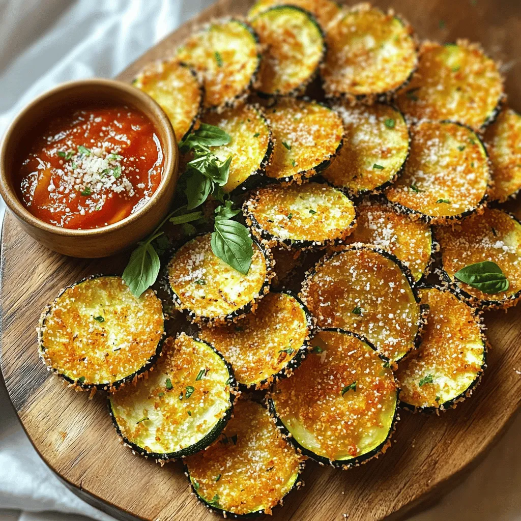 - Zucchini - Breadcrumbs - Parmesan cheese - Seasonings (garlic powder, onion powder, paprika, salt, black pepper) - Egg - Olive oil spray For these crispy air fryer zucchini chips, you will need some simple ingredients. The star of this dish is the zucchini. Choose fresh ones, as they have the best flavor. You will also need breadcrumbs. I recommend panko for that extra crunch. Parmesan cheese adds a rich taste, making your chips more savory. Let's talk about seasonings. You will want garlic powder, onion powder, paprika, salt, and black pepper. These will elevate the flavor and make your chips exciting. One large egg acts as the glue to hold everything together. Finally, olive oil spray helps achieve that golden crispiness without excess oil. This recipe is easy to follow and takes about 30 minutes. You can find the Full Recipe to guide you through the steps for preparing and cooking these delicious snacks. Enjoy the process, and get ready to impress your taste buds! Start by washing the zucchinis under cool water. This removes dirt and debris. Next, slice them into thin rounds, about 1/8 inch thick. Thin slices ensure they become crispy. After slicing, pat them dry with a paper towel. This step removes excess moisture, which helps achieve that desired crunch. Now, let’s prepare the coating. In a shallow dish, mix the breadcrumbs, grated Parmesan cheese, garlic powder, onion powder, paprika, salt, and black pepper. Stir until everything is well combined. In another bowl, beat the egg until it is smooth. Take a zucchini slice and dip it into the egg, coating it fully. Then, dredge it in the breadcrumb mixture. Press gently to ensure it sticks well to the zucchini. Before cooking, preheat your air fryer to 375°F (190°C) for about 5 minutes. This helps cook the zucchini evenly. Lightly spray the air fryer basket with olive oil spray to prevent sticking. Place the coated zucchini slices in a single layer in the basket. Make sure not to overcrowd them; this allows hot air to circulate and makes them crispier. Cook for 10-12 minutes, turning them halfway through. They should be golden brown and crispy. Once done, take them out and let them cool for a few minutes before serving. For the full recipe, refer to the earlier section. To make your zucchini chips crispy, moisture removal is key. Zucchini holds a lot of water. Patting them dry helps get that crunch. Use a paper towel to soak up any extra moisture before you start. Avoid overcrowding in the air fryer. Place zucchini chips in a single layer. This allows hot air to circulate. You want even cooking for the best texture. Pair your crispy zucchini chips with tasty dips. Marinara sauce is a classic choice. Tzatziki adds a fresh flavor. Both complement the chips well. For a nice touch, garnish your chips. A sprinkle of extra Parmesan cheese works wonders. Fresh herbs like parsley or dill also add color and flavor. Feel free to try different seasonings. Add herbs like oregano or thyme for a new twist. You can also use different cheeses, like cheddar or mozzarella, for extra flavor. If you're looking for gluten-free options, use gluten-free breadcrumbs. They work just as well and keep the crunch intact. For the full recipe, check the section above! {{image_2}} You can add herbs to boost flavor. Oregano and thyme work great for taste. They add a fresh twist to the chips. You can also use different cheeses. Cheddar and mozzarella give a rich, creamy touch. Experimenting with cheese can make your chips more exciting. If you do not have an air fryer, try baking. Preheat your oven to 400°F (200°C). Spread the zucchini chips on a baking sheet. Bake for about 20 minutes, flipping halfway. You can also use a deep fryer. Heat oil to 350°F (175°C). Fry the chips in small batches until golden and crispy. Zucchini is not your only option. Carrots and sweet potatoes can also be used. They provide new flavors and textures. You can mix zucchini with other veggies for variety. Try bell peppers or eggplant for a colorful snack. This way, you create a fun and tasty mix. For the full recipe, check out the main article section. After you enjoy your crispy zucchini chips, let them cool down. This step is key. Once cool, store them in an airtight container. You can use a glass or plastic container with a tight lid. They stay fresh in the fridge for about 3 to 4 days. If you want to enjoy them later, follow the next steps for freezing. When it’s time to eat your leftovers, you want them crispy again. The best way to reheat is in the air fryer. Set it to 350°F (175°C) for about 5 minutes. This method keeps them crunchy. Avoid using the microwave! It makes them soggy and soft, which is not what you want. If you want to save your zucchini chips for later, freezing is easy. First, let them cool completely. Then, place them in a single layer on a baking sheet. Freeze them for about 1 hour. Once frozen, transfer them to a freezer bag or container. Remove as much air as you can. They last up to 3 months in the freezer. When you’re ready to enjoy them, thaw them in the fridge overnight. Then, reheat them in the air fryer for a tasty treat. Crispy zucchini chips stay fresh for about 3-5 days. Store them in an airtight container. Keep them in a cool, dry place. If you notice any softness, eat them quickly for the best crunch. Yes, you can bake zucchini chips in the oven. Preheat your oven to 225°F (107°C). Lay the zucchini slices on a baking sheet. Bake them for about 2 hours, flipping halfway through. This method takes longer but still yields tasty chips. Zucchini chips may lack crispiness due to extra moisture. Make sure to dry the slices well before coating them. Avoid overcrowding the air fryer. Giving the chips space helps them crisp up evenly. Zucchini chips pair well with dips. Try marinara sauce or tzatziki for a tasty treat. You can also serve them with salsa or a simple yogurt dip. They make great snacks for parties or movie nights! I do not recommend using frozen zucchini for this recipe. Frozen zucchini has more water content, leading to soggy chips. Fresh zucchini yields the best texture and flavor. You learned how to make delicious, crispy zucchini chips. We covered key ingredients, preparation, and cooking methods. You now know tips for achieving the perfect crunch and tasty serving ideas. Whether you stick with classic flavors or try new ones, these chips are versatile. Don’t forget about storage and reheating for leftovers. Enjoy making this healthy snack anytime, and feel free to experiment with other veggies. Happy cooking!