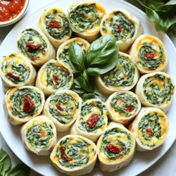 - 1 large flour tortilla - 1 cup fresh spinach, chopped - 1 cup cream cheese, softened - 1 cup shredded mozzarella cheese - 1/2 cup grated Parmesan cheese - 1/4 cup sun-dried tomatoes, finely chopped - 1 teaspoon garlic powder - 1 teaspoon onion powder - Salt and pepper to taste - Optional: 1 tablespoon fresh basil, chopped for garnish The Cheesy Spinach Pinwheels use simple ingredients. You can find most of these in your kitchen. The flour tortilla wraps all the tasty fillings. Fresh spinach adds a nice color and crunch. Cream cheese makes the filling creamy and rich. Mozzarella and Parmesan bring flavors that everyone loves. Sun-dried tomatoes add a special sweetness. Garlic and onion powders give a nice touch of zest. - Gluten-free tortilla alternatives: You can use gluten-free wraps or lettuce leaves. - Dairy-free cream cheese options: Look for vegan cream cheese in stores. - Fresh vs. frozen spinach: Fresh spinach is best, but frozen works too. Just thaw and drain it well. - Mixing bowl - Sharp knife - Cutting board Having the right tools makes cooking easier. Use a mixing bowl to blend the creamy filling. A sharp knife helps slice the pinwheels neatly. A cutting board gives you a clean space to work. With these tools and ingredients, you can make a tasty snack in no time! For the complete method, check the Full Recipe. To start, mix the creamy filling for the Cheesy Spinach Pinwheels. In a large mixing bowl, combine the softened cream cheese, shredded mozzarella, and grated Parmesan. Then, add the chopped spinach and sun-dried tomatoes. Sprinkle in the garlic powder, onion powder, salt, and pepper. Stir until everything blends well into a smooth and creamy filling. This texture is key to making your pinwheels tasty and easy to spread. Next, it’s time to assemble your pinwheels. Lay the large flour tortilla flat on a clean surface or cutting board. Spread the spinach and cheese mixture evenly over the tortilla, leaving a small border around the edges. This step helps prevent spilling when you roll it up. Starting from one edge, roll the tortilla tightly into a cylinder shape. Make sure to keep it snug but not too tight, as this can cause the filling to ooze out. Now, let’s cut and serve these tasty bites. Use a sharp knife to slice the rolled tortilla into bite-sized pinwheels, about 1 inch thick. For a beautiful presentation, arrange the pinwheels on a platter in a circle. You can also sprinkle some fresh basil on top for color and flavor. Serve them with a side of marinara or ranch dressing for dipping. Enjoy this fun snack at your next gathering! For the full recipe, click here. To ensure a flavorful filling, use fresh ingredients. Fresh spinach adds a crisp taste. The cream cheese blends well with the cheeses, creating a rich texture. Sun-dried tomatoes give a sweet touch. Avoid common mistakes by mixing well. If the filling is too thick, add a bit of water or milk. Make sure to season the mixture with salt and pepper. Taste it to check the flavor before spreading it on the tortilla. Accompany pinwheels with marinara or ranch dressing. This dip adds extra flavor and a fun twist. Ideal occasions for serving pinwheels include parties, picnics, or game days. They are perfect for gatherings where finger foods shine. You can add herbs or spices for extra flavor. Try adding chopped basil or oregano for a fresh taste. Incorporating proteins like cooked chicken or bacon makes the pinwheels heartier. This twist can turn a light snack into a filling meal. For more details, check the Full Recipe for Cheesy Spinach Pinwheels. {{image_2}} You can change the flavor of your Cheesy Spinach Pinwheels easily. For a Mediterranean twist, add olives and feta cheese. This mix gives a salty and rich taste. Just fold them into the creamy filling before spreading it on the tortilla. Want something spicier? Try the Southwest version! Add black beans and corn for a fun kick. This version is both tasty and colorful. It pairs well with some salsa or guacamole for dipping. If you're looking for vegan options, swap the cream cheese for dairy-free cream cheese. You can also use a vegan cheese blend. These small changes still keep the pinwheels creamy and delicious. For a low-carb option, use lettuce wraps instead of tortillas. This keeps the dish light and fresh. Just layer the filling into large lettuce leaves and roll them up tightly. When hosting a party, you might need to adjust your recipe. To serve more guests, simply double or triple the ingredients. Just keep the same ratio for the filling. For portion control, cut the pinwheels smaller. This way, guests can enjoy more bites without filling up too quickly. Aim for about 1-inch slices for perfect bite-sized snacks. To keep your Cheesy Spinach Pinwheels fresh, place them in an airtight container. This helps lock in moisture and flavor. You can also wrap them in plastic wrap. The pinwheels stay good for about 3 days in the fridge. After that, they may lose their taste and texture. If you want to save some for later, freezing is a great option. First, slice the pinwheels and lay them on a baking sheet. Freeze them for about an hour until firm. Then, transfer them to a freezer-safe bag. This way, they won't stick together. You can keep them frozen for up to 2 months. When ready to enjoy, take them out and let them thaw in the fridge overnight. To reheat your pinwheels, use the oven or air fryer for the best results. Preheat your oven to 350°F (175°C). Place the pinwheels on a baking tray and cover them with foil. Heat for about 10-15 minutes until warm. For the air fryer, set it to 350°F (175°C) and cook for about 5-7 minutes. This keeps them crispy and tasty. Avoid using the microwave, as it can make them soggy. Feel free to explore the [Full Recipe] for more details! Cheesy Spinach Pinwheels stay fresh for about 3 days in the fridge. Store them in an airtight container to keep them tasty. If you want to save them longer, freeze them. They can last up to 3 months in the freezer. Just wrap them tightly in plastic wrap or foil before freezing. Yes, you can make Cheesy Spinach Pinwheels ahead of time! I often prepare them a day before a party. Just store them in the fridge until you are ready to serve. If you freeze them, let them thaw in the fridge overnight before serving. This keeps them fresh and ready to enjoy. Cheesy Spinach Pinwheels can be a healthy snack option. They provide vitamins from spinach and protein from cheese. However, they do contain cream cheese, which adds some fat. You can use low-fat cream cheese for a healthier choice. Always balance them with other healthy foods. You can serve Cheesy Spinach Pinwheels with many sauces. Marinara is a classic choice. Ranch dressing adds a nice touch too. You can also try hummus or a spicy sauce for a fun twist. These dips make the pinwheels even more enjoyable. You can find the complete recipe for Cheesy Spinach Pinwheels [here](#). This will guide you through making these delicious snacks step by step! These Cheesy Spinach Pinwheels are easy to make and fun to serve. You learned about each ingredient, how to mix fillings, and tips for cutting them just right. Remember, feel free to customize the recipe with your favorite flavors. You can also store or freeze pinwheels for later enjoyment. Whether it’s for a party or a family snack, these pinwheels fit any occasion. So, gather your ingredients and enjoy creating this tasty treat!