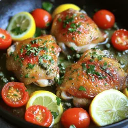 - 4 boneless, skinless chicken thighs - 1 teaspoon salt - 1/2 teaspoon black pepper - 1/2 teaspoon garlic powder - 1/2 teaspoon onion powder - 1 tablespoon olive oil - 2 tablespoons unsalted butter - Zest and juice of 1 lemon - 1 teaspoon fresh thyme leaves - 1 teaspoon fresh rosemary, chopped - 1 tablespoon fresh parsley, chopped - 1 cup cherry tomatoes, halved - 1 tablespoon capers, rinsed and drained The key to a great crispy lemon herb chicken is using fresh and quality ingredients. Start with your chicken thighs. They are juicy and tender, perfect for this dish. The seasonings—salt, black pepper, garlic powder, and onion powder—bring out the chicken's flavor. Next, you need cooking fats. Olive oil adds a nice flavor, while unsalted butter gives richness. Fresh herbs like lemon zest, thyme, rosemary, and parsley brighten the dish. They create that fresh taste. Don’t forget the cherry tomatoes and capers. They add color and a burst of flavor. The tomatoes give sweetness, and capers add a salty touch. You can find the full recipe to help you through the cooking process. Remember, fresh ingredients make a big difference in taste and texture. Enjoy cooking! Start by seasoning the chicken thighs. Use salt, black pepper, garlic powder, and onion powder. Make sure to coat both sides evenly. This adds great flavor to the chicken. Next, heat the olive oil in a large skillet over medium-high heat. Once hot, add the chicken thighs. Cook them for about 5-7 minutes on each side. Look for a golden brown color and ensure they are fully cooked. After cooking, remove the chicken and set it aside. In the same skillet, lower the heat to medium. Add unsalted butter and let it melt. Once melted, add lemon zest and juice, along with thyme and rosemary. Stir to mix everything well. Let it simmer for about 2 minutes. This helps the flavors blend together. Now, add the halved cherry tomatoes and capers. Stir gently to coat them in the lemon herb mixture. Cook for 2-3 minutes until the tomatoes soften slightly. This adds a nice pop of color and taste to the sauce. Place the cooked chicken thighs back in the skillet. Spoon the lemon herb sauce over them. Cook everything together for another 2 minutes to heat through. This ensures the chicken absorbs all the tasty flavors. When done, remove from heat. For a finishing touch, sprinkle freshly chopped parsley on top. This adds a burst of color and flavor. Serve the chicken on a large platter, garnished with additional parsley and lemon slices. You can also add a side of steamed vegetables or a light salad for a full meal. For the full recipe, check the earlier section. To make your chicken crispy, cook it at medium-high heat. This helps brown the chicken well. Aim for about 5-7 minutes per side. Check that the chicken is golden brown. Using a cast-iron skillet can help with even cooking. Do not overcrowd the pan; this can trap steam and make your chicken soggy. You can add spices to give the chicken more flavor. Try adding smoked paprika or Italian seasoning. If you want a kick, some crushed red pepper works great too. Marinate the chicken for a few hours, if you have time. This makes the flavors deeper and richer. Adjust salt and pepper to your taste. When plating, place the chicken on a large, bright plate. Add cherry tomatoes around the chicken for color. A sprinkle of parsley adds a nice touch. Lemon slices can also make the dish look fresh and inviting. The bright colors make the meal more appealing. Remember, we eat with our eyes first! {{image_2}} You can use chicken breasts instead of thighs. Chicken breasts are leaner but still tasty. Cook them for a shorter time to keep them juicy. If you want a vegetarian option, try using firm tofu. It absorbs flavors well and provides a good texture. Another option is to use chickpeas or lentils for a hearty meal. To mix things up, add different herbs like basil or parsley. You can also use lime or orange juice for a twist. If you love spice, try adding red pepper flakes. For a colorful addition, toss in bell peppers or zucchini. These veggies will add both flavor and nutrition. You can bake the chicken in the oven. Preheat it to 400°F and cook for about 25 minutes. This gives you a hands-off approach. If you prefer a smoky taste, grilling works great. Just marinate the chicken first and grill until cooked through. This method adds a nice char and depth of flavor. For the Full Recipe, make sure to check out the steps and details! To store leftovers, let the chicken cool first. Place it in an airtight container. Make sure to cover it well to keep it fresh. You can keep leftovers in the fridge for up to three days. After that, the chicken may lose its taste and texture. For reheating, use a skillet or oven. Heat the skillet over medium heat. Add a splash of oil to help retain moisture. Cook for about 4-5 minutes on each side. If using an oven, set it to 350°F (175°C). Bake for about 10 minutes. To keep the chicken crispy, avoid microwaving. You can freeze the chicken for up to three months. First, let it cool completely. Wrap each piece tightly in plastic wrap, then place in a freezer bag. When ready to eat, thaw it overnight in the fridge. After thawing, reheat as mentioned above. Freezing may slightly change the chicken's texture but will keep its flavor. For the best results, enjoy it fresh when possible. For the full recipe, check out the Crispy Lemon Herb Chicken Skillet section. You can serve this chicken with many tasty sides. Here are some ideas: - Steamed vegetables like broccoli or green beans. - Rice or quinoa for a filling base. - A light salad with mixed greens and a lemon vinaigrette. - Garlic bread for a crunchy addition. These sides balance the flavors of the chicken nicely. They also add color to your plate. Yes, you can prep this dish ahead of time. Here are some tips: - Season the chicken and store it in the fridge for up to 24 hours. - Cook the chicken and make the sauce, then let it cool down. - Store it in an airtight container in the fridge for up to 3 days. To reheat, warm it on the stove over low heat. Add a splash of water to keep it moist. To check if your chicken is done, use a meat thermometer. The internal temperature should reach 165°F (75°C). If you don’t have a thermometer, look for these signs: - The juices should run clear, not pink. - The meat should be firm to the touch. When cooked right, the chicken will be juicy and flavorful. You’ve learned how to make Crispy Lemon Herb Chicken Skillet. We covered the key ingredients, from chicken thighs to fresh herbs. I shared steps for preparing chicken and making a flavorful sauce. You discovered tips for crispiness and visual presentation, plus ideas for variations. Remember to store leftovers properly and follow reheating tips to enjoy every bite. This dish is simple yet packed with flavor and can be tailored to your taste. Now, grab your ingredients and start cooking! Enjoy creating a delicious meal.