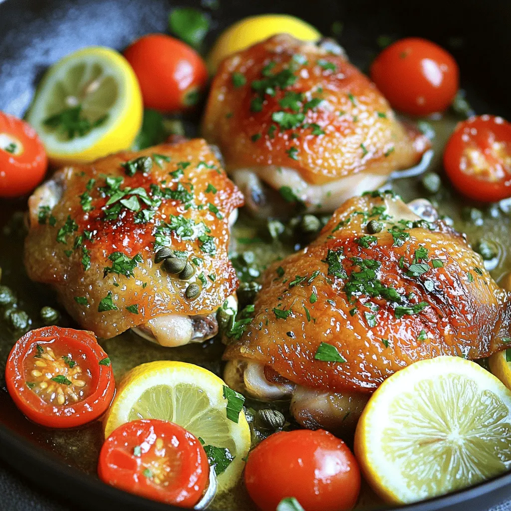 - 4 boneless, skinless chicken thighs - 1 teaspoon salt - 1/2 teaspoon black pepper - 1/2 teaspoon garlic powder - 1/2 teaspoon onion powder - 1 tablespoon olive oil - 2 tablespoons unsalted butter - Zest and juice of 1 lemon - 1 teaspoon fresh thyme leaves - 1 teaspoon fresh rosemary, chopped - 1 tablespoon fresh parsley, chopped - 1 cup cherry tomatoes, halved - 1 tablespoon capers, rinsed and drained The key to a great crispy lemon herb chicken is using fresh and quality ingredients. Start with your chicken thighs. They are juicy and tender, perfect for this dish. The seasonings—salt, black pepper, garlic powder, and onion powder—bring out the chicken's flavor. Next, you need cooking fats. Olive oil adds a nice flavor, while unsalted butter gives richness. Fresh herbs like lemon zest, thyme, rosemary, and parsley brighten the dish. They create that fresh taste. Don’t forget the cherry tomatoes and capers. They add color and a burst of flavor. The tomatoes give sweetness, and capers add a salty touch. You can find the full recipe to help you through the cooking process. Remember, fresh ingredients make a big difference in taste and texture. Enjoy cooking! Start by seasoning the chicken thighs. Use salt, black pepper, garlic powder, and onion powder. Make sure to coat both sides evenly. This adds great flavor to the chicken. Next, heat the olive oil in a large skillet over medium-high heat. Once hot, add the chicken thighs. Cook them for about 5-7 minutes on each side. Look for a golden brown color and ensure they are fully cooked. After cooking, remove the chicken and set it aside. In the same skillet, lower the heat to medium. Add unsalted butter and let it melt. Once melted, add lemon zest and juice, along with thyme and rosemary. Stir to mix everything well. Let it simmer for about 2 minutes. This helps the flavors blend together. Now, add the halved cherry tomatoes and capers. Stir gently to coat them in the lemon herb mixture. Cook for 2-3 minutes until the tomatoes soften slightly. This adds a nice pop of color and taste to the sauce. Place the cooked chicken thighs back in the skillet. Spoon the lemon herb sauce over them. Cook everything together for another 2 minutes to heat through. This ensures the chicken absorbs all the tasty flavors. When done, remove from heat. For a finishing touch, sprinkle freshly chopped parsley on top. This adds a burst of color and flavor. Serve the chicken on a large platter, garnished with additional parsley and lemon slices. You can also add a side of steamed vegetables or a light salad for a full meal. For the full recipe, check the earlier section. To make your chicken crispy, cook it at medium-high heat. This helps brown the chicken well. Aim for about 5-7 minutes per side. Check that the chicken is golden brown. Using a cast-iron skillet can help with even cooking. Do not overcrowd the pan; this can trap steam and make your chicken soggy. You can add spices to give the chicken more flavor. Try adding smoked paprika or Italian seasoning. If you want a kick, some crushed red pepper works great too. Marinate the chicken for a few hours, if you have time. This makes the flavors deeper and richer. Adjust salt and pepper to your taste. When plating, place the chicken on a large, bright plate. Add cherry tomatoes around the chicken for color. A sprinkle of parsley adds a nice touch. Lemon slices can also make the dish look fresh and inviting. The bright colors make the meal more appealing. Remember, we eat with our eyes first! {{image_2}} You can use chicken breasts instead of thighs. Chicken breasts are leaner but still tasty. Cook them for a shorter time to keep them juicy. If you want a vegetarian option, try using firm tofu. It absorbs flavors well and provides a good texture. Another option is to use chickpeas or lentils for a hearty meal. To mix things up, add different herbs like basil or parsley. You can also use lime or orange juice for a twist. If you love spice, try adding red pepper flakes. For a colorful addition, toss in bell peppers or zucchini. These veggies will add both flavor and nutrition. You can bake the chicken in the oven. Preheat it to 400°F and cook for about 25 minutes. This gives you a hands-off approach. If you prefer a smoky taste, grilling works great. Just marinate the chicken first and grill until cooked through. This method adds a nice char and depth of flavor. For the Full Recipe, make sure to check out the steps and details! To store leftovers, let the chicken cool first. Place it in an airtight container. Make sure to cover it well to keep it fresh. You can keep leftovers in the fridge for up to three days. After that, the chicken may lose its taste and texture. For reheating, use a skillet or oven. Heat the skillet over medium heat. Add a splash of oil to help retain moisture. Cook for about 4-5 minutes on each side. If using an oven, set it to 350°F (175°C). Bake for about 10 minutes. To keep the chicken crispy, avoid microwaving. You can freeze the chicken for up to three months. First, let it cool completely. Wrap each piece tightly in plastic wrap, then place in a freezer bag. When ready to eat, thaw it overnight in the fridge. After thawing, reheat as mentioned above. Freezing may slightly change the chicken's texture but will keep its flavor. For the best results, enjoy it fresh when possible. For the full recipe, check out the Crispy Lemon Herb Chicken Skillet section. You can serve this chicken with many tasty sides. Here are some ideas: - Steamed vegetables like broccoli or green beans. - Rice or quinoa for a filling base. - A light salad with mixed greens and a lemon vinaigrette. - Garlic bread for a crunchy addition. These sides balance the flavors of the chicken nicely. They also add color to your plate. Yes, you can prep this dish ahead of time. Here are some tips: - Season the chicken and store it in the fridge for up to 24 hours. - Cook the chicken and make the sauce, then let it cool down. - Store it in an airtight container in the fridge for up to 3 days. To reheat, warm it on the stove over low heat. Add a splash of water to keep it moist. To check if your chicken is done, use a meat thermometer. The internal temperature should reach 165°F (75°C). If you don’t have a thermometer, look for these signs: - The juices should run clear, not pink. - The meat should be firm to the touch. When cooked right, the chicken will be juicy and flavorful. You’ve learned how to make Crispy Lemon Herb Chicken Skillet. We covered the key ingredients, from chicken thighs to fresh herbs. I shared steps for preparing chicken and making a flavorful sauce. You discovered tips for crispiness and visual presentation, plus ideas for variations. Remember to store leftovers properly and follow reheating tips to enjoy every bite. This dish is simple yet packed with flavor and can be tailored to your taste. Now, grab your ingredients and start cooking! Enjoy creating a delicious meal.